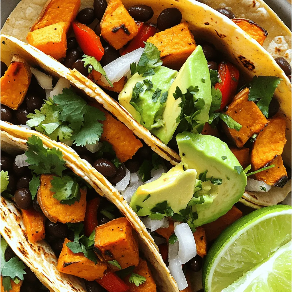 To make savory sweet potato and black bean tacos, gather these ingredients: - 2 medium sweet potatoes, peeled and diced - 1 can (15 oz) black beans, drained and rinsed - 1 red bell pepper, chopped - 1 small red onion, diced - 2 cloves garlic, minced - 1 teaspoon ground cumin - 1 teaspoon smoked paprika - ½ teaspoon chili powder - 2 tablespoons olive oil - Salt and pepper to taste - 8 small corn tortillas - 1 avocado, sliced - Fresh cilantro, chopped (for garnish) - Lime wedges (for serving)