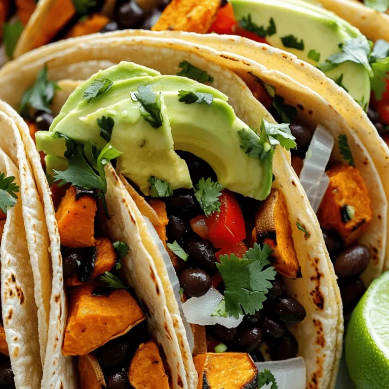 To make savory sweet potato and black bean tacos, gather these ingredients: - 2 medium sweet potatoes, peeled and diced - 1 can (15 oz) black beans, drained and rinsed - 1 red bell pepper, chopped - 1 small red onion, diced - 2 cloves garlic, minced - 1 teaspoon ground cumin - 1 teaspoon smoked paprika - ½ teaspoon chili powder - 2 tablespoons olive oil - Salt and pepper to taste - 8 small corn tortillas - 1 avocado, sliced - Fresh cilantro, chopped (for garnish) - Lime wedges (for serving)