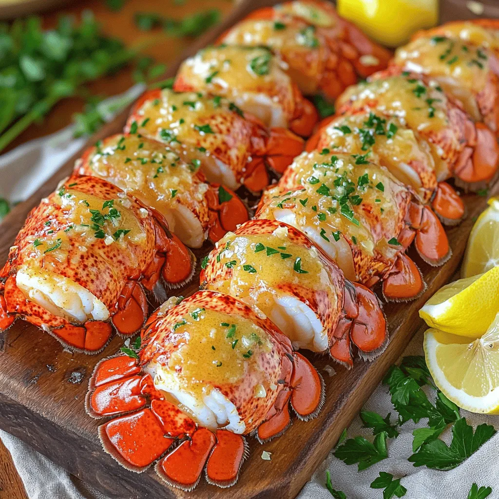 Here are the ingredients you need for garlic butter lobster tails: - 4 lobster tails - 1/2 cup unsalted butter - 4 cloves garlic, minced - 1 tablespoon fresh lemon juice - 1 teaspoon smoked paprika - 1 teaspoon sea salt - 1/2 teaspoon black pepper - 1 tablespoon fresh parsley, chopped (for garnish) - Lemon wedges (for serving) To make this dish, gather these tools: - Kitchen shears - Small saucepan - Baking dish - Brush for basting - Oven You can swap some ingredients if needed: - Use salted butter instead of unsalted for more flavor. - Fresh garlic can be replaced with garlic powder, but use less. - If you don’t have smoked paprika, regular paprika works too. - For a citrus twist, try lime juice instead of lemon juice. To start, get your lobster tails ready. Use kitchen shears to split them in half lengthwise. This step is key. It helps the flavors soak in better. After splitting, gently pull the meat out. Place it on top of the shell. This makes for a beautiful presentation. Next, we prepare the garlic butter sauce. Melt 1/2 cup of unsalted butter in a small saucepan over medium heat. Add 4 minced garlic cloves to the melted butter. Sauté for about 1-2 minutes. Be careful not to burn the garlic; this can ruin the flavor. Now, stir in 1 tablespoon of fresh lemon juice, 1 teaspoon of smoked paprika, 1 teaspoon of sea salt, and 1/2 teaspoon of black pepper. Let the mixture bubble for another minute. This sauce is rich and fragrant. Now it’s time to bake the lobster tails. Place them in a baking dish. Brush the tails generously with the garlic butter mixture. Make sure the meat is well-coated. Drizzle any leftover garlic butter on top. Bake in a preheated oven at 425°F (220°C) for 12-15 minutes. The lobster meat should be opaque and firm. You want the internal temperature to hit 140°F (60°C). Once cooked, take them out of the oven and let them cool a bit. Garnish with fresh parsley and serve with lemon wedges on the side. Enjoy this rich and savory delight! Select lobster tails that feel firm and heavy. Look for a smooth shell without cracks. The color should be vibrant, not dull. If possible, ask for tails from cold waters. They often have better flavor and texture. Fresh tails should smell like the sea, not fishy. Start with quality unsalted butter. It gives you full control over the dish's saltiness. Use fresh garlic for the best taste. Mince it finely to release more flavor. Adding lemon juice brightens the dish. Smoked paprika adds richness and depth to the butter. Mix these well for a balanced flavor. Cooking time can vary with tail size. Larger tails may need more time, while smaller ones cook faster. Always check the internal temperature. It should reach 140°F (60°C) for safe eating. If unsure, cut into the meat; it should be opaque and white. Adjust cooking time based on your oven's heat. {{image_2}} To add some heat, mix a teaspoon of red pepper flakes into your garlic butter. This spicy kick pairs well with the rich taste of lobster. You can also use hot sauce in the butter mix. Adjust the heat to fit your taste. A little spice can make your dish pop! For a fresh twist, try adding herbs to your garlic butter. Chop fresh basil, thyme, or dill and mix them in. These herbs will add layers of flavor to your lobster. You can also use dried herbs if fresh ones aren’t available. Just remember, dried herbs are more potent, so use less. Grilling or broiling lobster tails creates a nice char. For grilling, preheat the grill to medium-high heat. Brush the tails with garlic butter and grill for 6-8 minutes. Flip them halfway through for even cooking. If broiling, place the tails on a baking sheet and broil for 10-12 minutes. Both methods give a smoky flavor that is hard to resist. For the full experience, check the full recipe for all the details! After you enjoy your garlic butter lobster tails, store any leftovers right away. Place them in an airtight container. This helps keep the lobster fresh. I recommend eating leftovers within two days. The lobster can lose its texture if it sits too long. When you’re ready to enjoy your lobster again, reheat it gently. Preheat your oven to 350°F (175°C). Put the lobster tails in a baking dish. Add a little extra garlic butter on top. Cover the dish with foil to keep the moisture in. Heat for about 10 minutes, or until warmed through. You can also reheat in the microwave for 1-2 minutes. Just cover it to prevent drying out. If you want to save your lobster tails for later, freezing is a great option. Start by letting them cool completely. Wrap each tail in plastic wrap tightly. Then, place them in a freezer bag or airtight container. They can stay in the freezer for up to three months. When you’re ready to cook them, thaw in the fridge overnight before reheating. This method keeps the flavor and texture intact. For the full experience, check out the Full Recipe. You can tell lobster tails are cooked when the meat turns opaque. The shell also turns bright red. The internal temperature should hit 140°F (60°C). This ensures the lobster is safe to eat. If you check the meat and it feels firm, it’s ready. It's simple to check. Use an instant-read thermometer for best results. If you don’t have one, cut into the thickest part of the meat. If it is white and opaque, it is cooked. Yes, you can use frozen lobster tails. Just make sure to thaw them first. The best way to thaw is in the fridge overnight. If you're short on time, place them in cold water for about 30 minutes. Avoid using hot water, as it can cook the meat unevenly. Frozen lobster tails can still be tasty. Just follow the same cooking method as fresh tails. You may need to adjust the cooking time slightly, so check the internal temperature. Garlic butter lobster tails pair well with many sides. Here are some great options: - Creamy mashed potatoes - Grilled asparagus - Garlic bread - Steamed broccoli - Lemon rice Each of these sides complements the rich, buttery flavor of the lobster. Feel free to mix and match based on your taste. For the full recipe, check the provided details for more ideas. In this post, we covered the key steps to cook lobster tails. You learned about ingredients, equipment, and how to make garlic butter sauce. We shared tips for choosing fresh tails and adjusting cooking times. You also explored tasty variations and smart storage tips. Cooking lobster tails can be easy and fun. With practice, you can impress everyone at dinner. So, gather your ingredients and enjoy the process!