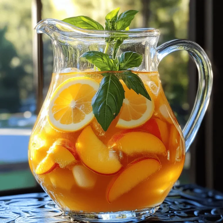 To make the best Peach Basil Iced Tea, gather these fresh ingredients: - 4 cups water - 4 black tea bags - 2 ripe peaches, pitted and sliced - 1/4 cup fresh basil leaves - 1/4 cup honey (adjust to taste) - Ice cubes - Lemon slices for garnish Using fresh ingredients gives the tea a bright flavor. You can adjust the honey for sweetness based on your taste. If you prefer a vegan option, swap honey for agave syrup. For those who use metric measurements, here are the conversions: - 4 cups water = 950 ml - 1/4 cup honey = 60 ml If you want to make more tea, double or triple the amounts. Just keep the same ratios for the best taste. Choosing ripe peaches is key. Look for peaches that are firm but slightly soft when you press them. They should have a sweet scent. For basil, choose bright green leaves with no browning. Fresh basil brings a burst of flavor to the tea. Start by boiling 4 cups of water in a medium saucepan. Use fresh, filtered water for the best taste. Once the water boils, take it off the heat. Add 4 black tea bags to the hot water. The steeping time is very important. Let the tea steep for about 5-7 minutes. If you like stronger tea, lean towards the 7-minute mark. If you prefer a lighter flavor, stick to 5 minutes. Black tea gives a rich base that pairs well with peach and basil. While your tea is steeping, prepare the peach basil mixture. Take 2 ripe peaches, pit them, and slice them. Place the peach slices along with 1/4 cup of fresh basil leaves and 1/4 cup of honey in a blender. Blend until smooth. This blending method helps release the flavors. Now, strain the mixture through a fine-mesh sieve into a large pitcher. Use a spatula to press down gently. This way, you extract as much juice as possible. You want a smooth drink without any solids. Once your tea has cooled to room temperature, it’s time to combine. Remove the tea bags from the brewed tea. Pour the strained peach basil mixture into the pitcher with the tea. Stir well to mix the flavors. For the best taste, chill the iced tea in the refrigerator for at least 1 hour. This chilling time allows the flavors to meld together beautifully. Serve the iced tea over ice cubes and enjoy the refreshing taste. For the full recipe, check the earlier section. To make your Peach Basil Iced Tea even tastier, try adding spices like cinnamon or ginger. These spices bring warmth and depth to your drink. You can also mix in other fruits, such as strawberries or apricots, to create new flavors. For sweetness, adjust the honey. Start with 1/4 cup, then taste. If you want it sweeter, add more honey little by little. Serve your iced tea in fun glasses. You can use mason jars for a rustic look or tall glasses for elegance. Add lemon slices to the rim for a burst of color. For a fancy touch, float a basil leaf on top of each glass. This not only looks pretty but also gives a hint of fresh aroma. One common mistake is over-steeping the tea. This can make your drink bitter. Stick to 5-7 minutes for the perfect strength. Another mistake is rushing the flavor melding. Let the tea chill in the fridge for at least one hour. This step helps all the flavors blend well together. If you skip this, your drink may taste flat. {{image_2}} You can change the herbs in your peach basil iced tea for new flavors. Try mint, thyme, or rosemary. Each brings its own taste and aroma. Mint adds a fresh kick, while thyme gives a warm note. Rosemary can lend a savory touch that surprises your palate. Herbal tea options also work well. Use chamomile or hibiscus for a floral twist. These choices can brighten your drink and add health benefits too. If you want to cut down on sugar, try natural sweeteners. Honey is great, but maple syrup or agave nectar works well too. They add sweetness without refined sugar. You can also use stevia or monk fruit. These options are sugar-free and low-calorie. Just adjust the amount to suit your taste. Each of these alternatives brings unique benefits and flavors to your iced tea. Changing fruits can make your iced tea exciting. In summer, add ripe strawberries or blueberries. In fall, try apples or pears for a cozy feel. For winter, consider cranberries or pomegranate seeds. Each fruit brings its own taste and vitamin boost. You can also create holiday-inspired versions. Add spices like cinnamon or nutmeg for a festive flair. These variations keep your peach basil iced tea fresh and fun all year long. To keep your peach basil iced tea fresh, use a glass or plastic pitcher. A tightly sealed container works well, too. Glass avoids any unwanted flavors from leaching. Store your iced tea in the fridge. It stays fresh for up to 3 days. After that, the taste may fade. Always check for any off smells or changes in color before serving. You cannot really reheat iced tea since it loses its flavor. If you want a hot version, brew a fresh batch of tea. You can still use leftovers creatively. Try adding it to smoothies or as a base for salad dressings. You can even freeze it into ice cubes for a fun twist in future drinks. To make Peach Basil Iced Tea from scratch, follow these steps in the [Full Recipe]. First, boil 4 cups of water in a medium saucepan. Then, steep 4 black tea bags in the hot water for 5-7 minutes. While it steeps, blend 2 ripe peaches, 1/4 cup of fresh basil leaves, and 1/4 cup of honey until smooth. Strain this mixture to remove solids. Once the tea cools, mix it with the peach-basil blend. Chill it for at least one hour. Finally, serve over ice and garnish with lemon slices. Yes, you can use fresh peaches instead of canned ones. Fresh peaches bring a vibrant taste and aroma. Choose ripe, juicy peaches for the best flavor. They should yield slightly when pressed. This choice enhances the drink's freshness and adds a natural sweetness. If fresh peaches are in season, they are your best option. However, if they are not available, canned peaches work well in a pinch. Peaches are rich in vitamins A and C. They also provide dietary fiber. Eating peaches may support skin health and aid digestion. Basil is known for its anti-inflammatory properties. It contains antioxidants, which help protect your body. Together, these ingredients create a refreshing drink that hydrates and revitalizes. Anecdotal evidence suggests that basil can help reduce stress and enhance mood. Enjoying this iced tea not only cools you down but also offers several health perks. In this blog post, I covered how to make Peach Basil Iced Tea. We discussed the best fresh ingredients and how to adjust for dietary needs. I shared step-by-step instructions, along with tips for perfect flavor and presentation. Remember to avoid common mistakes to get the best taste. You can even experiment with variations and store your drink properly. With this guide, you can create a refreshing drink that's not just delicious but also good for you. Enjoy your iced tea adventure!