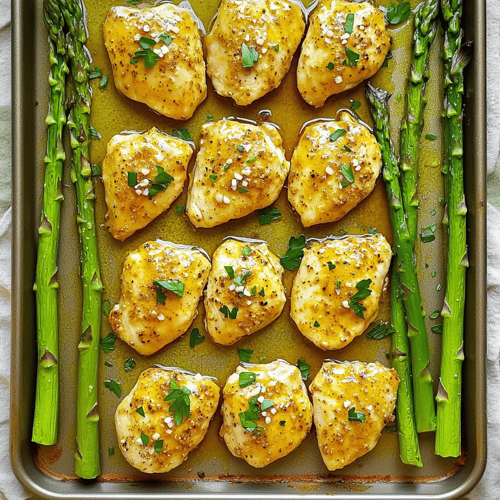 One-Pan Garlic Chicken and Asparagus is a simple meal that packs big flavor. This dish brings together juicy chicken and crisp asparagus, all in one pan. You can have dinner ready in about 45 minutes. You only need a few fresh ingredients to make it shine. - 4 boneless, skinless chicken breasts - 1 pound asparagus, trimmed - 4 cloves garlic, minced - 1 lemon, zested and juiced - 3 tablespoons olive oil - 1 teaspoon dried thyme - 1 teaspoon smoked paprika - Salt and pepper to taste - ¼ cup grated Parmesan cheese (optional) - Fresh parsley, chopped (for garnish) These ingredients blend well. The garlic and lemon add zest, while the thyme and paprika give depth. Don’t skip the fresh parsley; it brightens the dish. You need basic tools to make this meal. Here’s what I recommend: - Large bowl for mixing - Baking sheet - Cooking brush or spoon for spreading marinade - Meat thermometer to check chicken doneness Having these tools ready helps you cook smoothly. You’ll enjoy the process and the tasty result! To start, gather your ingredients. You need olive oil, minced garlic, lemon zest, lemon juice, dried thyme, smoked paprika, salt, and pepper. In a large bowl, mix these ingredients together. This mix will add great flavor to your chicken. The lemon juice and zest brighten the dish. The garlic gives it a wonderful aroma. Take your chicken breasts and place them in the bowl with the marinade. Make sure each piece is fully coated. This step is key for flavor. If you have time, let the chicken sit in the marinade for at least 15 minutes. Longer marinating helps the flavors soak in better. Now it’s time to prepare your baking sheet. Place the marinated chicken breasts in the center. Next, trim your asparagus and arrange it around the chicken. This layout allows the veggies to cook in the chicken's juices. Drizzle any leftover marinade over the asparagus for extra flavor. Preheat your oven to 400°F (200°C). Place the baking sheet in the oven and let it bake for 25-30 minutes. Check that the chicken reaches an internal temperature of 165°F (75°C). Once done, take the sheet out and let it rest for 5 minutes. This resting time keeps the chicken juicy. Garnish with fresh parsley for a nice touch. Enjoy your meal! For the complete cooking instructions, see the Full Recipe. To make your One-Pan Garlic Chicken and Asparagus shine, start with fresh ingredients. Fresh garlic and lemon zest boost the taste. For a flavor twist, add a splash of balsamic vinegar to the marinade. You can also try adding a pinch of red pepper flakes for heat. Make sure to let your chicken marinate for at least 15 minutes. If time allows, marinate it for a few hours. This helps the flavors soak deep into the chicken. Safety in the kitchen is key. Always wash your hands before and after handling raw chicken. Use separate cutting boards for meat and vegetables to avoid cross-contamination. When checking the chicken's doneness, use a meat thermometer. The chicken should reach 165°F (75°C) to be safe to eat. Always let the chicken rest for a few minutes after baking. This helps the juices stay inside, making it tender and juicy. To get perfectly cooked chicken, start with even-sized pieces. This helps them cook at the same rate. Use a meat thermometer to check doneness. If you don’t have one, cut the chicken in the thickest part. The juices should run clear, with no pink inside. Let the chicken rest for five minutes after baking. This allows the juices to redistribute, keeping it moist. For the best taste, serve hot with a sprinkle of fresh parsley. Enjoy your meal! {{image_2}} You can change the asparagus to many other veggies. Broccoli, green beans, or bell peppers work great. Carrots or zucchini add nice colors and textures. Feel free to mix and match to fit your taste. Just cut them into similar sizes for even cooking. Not a chicken fan? You can use shrimp or salmon instead. Both cook fast and soak up flavors well. If you prefer plant-based options, try tofu or tempeh. Make sure to adjust cooking times for these proteins. Shrimp cooks in about 10 minutes, while fish takes around 15 minutes. Changing herbs can boost your dish’s taste. Try rosemary for a woodsy flavor or basil for a fresh note. If you like heat, add red pepper flakes or cayenne. Mix and match spices like cumin or coriander for a twist. The right herbs can turn this meal into something special, so get creative! After you enjoy your One-Pan Garlic Chicken and Asparagus, store the leftovers right. Let the dish cool down. Then, put it in an airtight container. It stays fresh for up to three days in the fridge. Make sure to keep the chicken and asparagus together. This helps to maintain their flavor and moisture. When you're ready to eat again, reheating is easy. Place the chicken and asparagus on a baking sheet. Preheat your oven to 350°F (175°C). Heat for about 15-20 minutes. This way, the chicken will stay juicy and the asparagus tender. You can also use the microwave. Heat in short bursts, checking every minute. Stir gently to avoid overcooking. If you want to keep your meal longer, freeze it. First, let it cool completely. Then, place it in a freezer-safe bag or container. Remove as much air as possible. It can last up to three months in the freezer. When you’re ready to eat, thaw it in the fridge overnight. Reheat as mentioned above for a tasty meal. For the best taste, I recommend enjoying it fresh. But freezing is a great option for meal prep. Yes, you can use frozen chicken. However, thaw it first. This helps the chicken cook evenly. You can thaw it overnight in the fridge or use the microwave. After thawing, follow the same marinade steps. This will keep your dish flavorful and juicy. You can pair this dish with many sides. Here are some options: - Rice: A fluffy white or brown rice works well. - Quinoa: A nutty alternative that adds protein. - Salad: A fresh green salad can brighten your meal. - Bread: A crusty bread is great for soaking up juices. These sides balance the meal and make it more filling. Check the chicken's internal temperature. It should reach 165°F (75°C). You can use a meat thermometer to check this. If you don’t have one, cut into the thickest part. The meat should be white, not pink. Juices should run clear. This ensures your chicken is safe to eat. In this blog post, we covered how to make a delicious One-Pan Garlic Chicken and Asparagus. You learned about fresh ingredients, essential tools, and step-by-step cooking instructions. We also shared tips for flavor and safety, plus variations for other proteins. Proper storage methods help keep leftovers fresh. Remember, it’s easy to adjust this recipe to fit your needs. Enjoy trying new flavors and cooking confidently. You can make this meal your own!