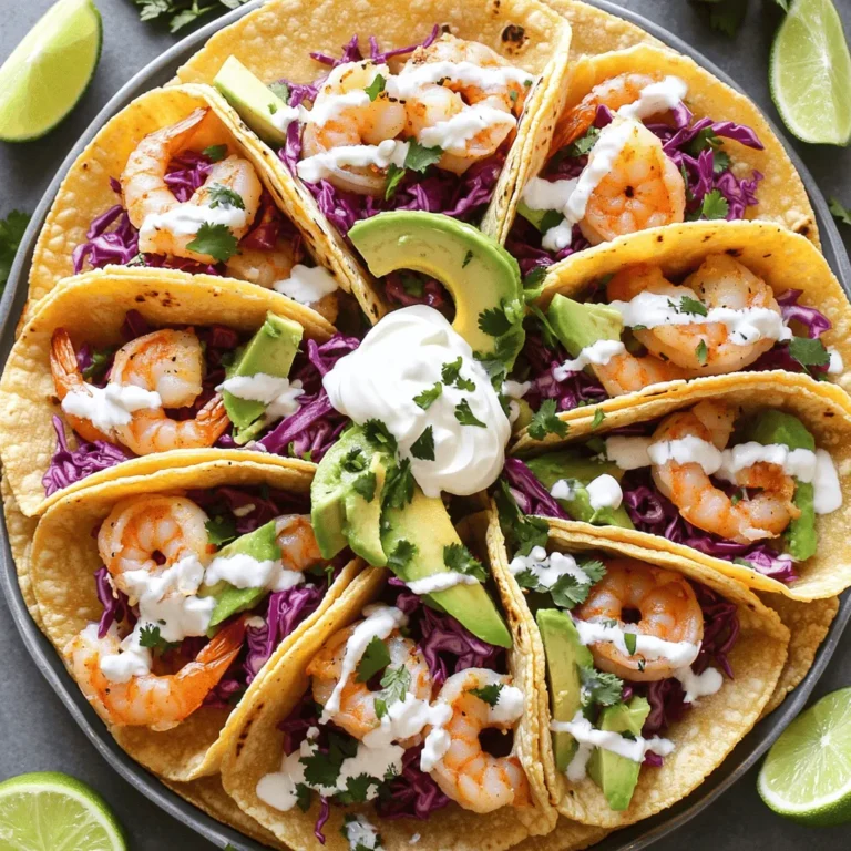 - 1 pound shrimp, peeled and deveined - 3 tablespoons olive oil - 4 cloves garlic, minced - 1 teaspoon red pepper flakes (adjust to taste) - 1 teaspoon smoked paprika - Salt and pepper to taste - 8 small corn tortillas - 1 cup red cabbage, shredded - 1 avocado, sliced - Fresh cilantro, chopped (for garnish) - ½ cup sour cream - 1 tablespoon chipotle sauce (optional for extra spice) The main ingredients set the stage for your Spicy Garlic Shrimp Tacos. Shrimp is a great protein that cooks fast. Olive oil adds richness. Garlic brings a bold taste that makes this dish shine. For spices, I love using red pepper flakes. They add heat, which you can adjust based on your taste. Smoked paprika offers a nice smoky flavor that pairs well with shrimp. Salt and pepper enhance all these flavors. Tortillas are the perfect vessel for your toppings. Corn tortillas have a classic taste and texture. The shredded red cabbage adds crunch and color. Sliced avocado brings creaminess, while cilantro adds freshness. Sour cream cools the spice down. Chipotle sauce can give an extra kick if you want more heat. You can find the full recipe above to create this dish. Enjoy the flavorful journey! First, gather your shrimp, olive oil, garlic, red pepper flakes, smoked paprika, lime juice, salt, and pepper. In a bowl, combine the shrimp with 3 tablespoons of olive oil and the seasonings. Be sure to mix well so each shrimp gets coated. Let the shrimp sit for 15 minutes. This time allows the shrimp to absorb all the tasty flavors. Next, heat a skillet over medium-high heat. Once the skillet is hot, add the marinated shrimp. Cook the shrimp for 2-3 minutes on each side. They will turn pink and opaque when done. Remove them from heat and set them aside. While the shrimp cooks, warm your corn tortillas in a separate skillet. Heat them for about 30 seconds on each side until they are warm and slightly crispy. Now, it's time to assemble your tacos! Place a generous scoop of spicy garlic shrimp on each tortilla. Top with shredded red cabbage and slices of avocado. Drizzle some sour cream over the top. If you like extra kick, add a touch of chipotle sauce. Finish with fresh cilantro for a beautiful touch. You can find the complete recipe [here](Full Recipe). To get great shrimp, avoid overcooking. Shrimp cook quickly. When they turn pink and opaque, they are done. If you cook them too long, they can become rubbery. Adjust seasoning levels based on your taste. Do you like spicy? Add more red pepper flakes. Prefer milder? Use less. Serve your tacos on a nice platter. Add lime wedges for a fresh touch. Guests can squeeze lime juice over their tacos. It adds a nice zing! Garnish with fresh cilantro for color and taste. A beautiful plate makes food more appealing. You can change the spice level to fit your group. For less heat, cut back on red pepper flakes. You can also leave out the chipotle sauce. If you want it spicier, add more red pepper flakes or a dash of hot sauce. Remember, balance is key. Enjoy this Spicy Garlic Shrimp Tacos Full Recipe and make it your own! {{image_2}} You can swap shrimp for other proteins to suit your taste. Chicken works great for those who prefer poultry. Simply cut it into bite-sized pieces and follow the same cooking steps. Tofu is a fantastic plant-based option. Press the tofu to remove water, then cube it. Sauté it just like the shrimp. For seafood lovers, consider scallops or cod. Both offer a unique twist to the dish. Change up your toppings for new flavors and textures. Instead of red cabbage, try crisp lettuce or colorful bell peppers. They add a nice crunch. You can also use diced tomatoes or corn for sweetness. For sauces, experiment with a zesty salsa or a creamy avocado sauce. Each choice brings a different taste to your tacos. Tortillas are key to any taco. While corn tortillas are classic, flour tortillas can be softer and chewier. They wrap around fillings easily. If you're looking for a low-carb meal, consider using lettuce wraps. They keep the tacos light and fresh. Each tortilla option can change the whole feel of your dish. To keep your spicy garlic shrimp fresh, store shrimp and tacos separately. Place cooked shrimp in an airtight container. Use a container that seals well to keep moisture out. For the tortillas, wrap them in foil or place them in a zip-top bag. This keeps them from drying out. Store both in the fridge for up to three days. You can freeze shrimp tacos, but it's best to freeze shrimp and toppings separately. Freeze cooked shrimp in a single layer on a baking sheet. Once frozen, transfer them to a freezer bag. For best results, use the shrimp within three months. When you're ready to eat, thaw shrimp in the fridge overnight. To reheat shrimp, use a skillet over medium heat. This helps keep the texture nice. Heat for about two to three minutes, just until warm. For tortillas, warm them in a dry skillet for about 30 seconds on each side. This brings back their crispness. Enjoy your delicious tacos as if they were fresh! I love pairing these tacos with a few tasty sides. Here are my favorites: - Mexican street corn: Sweet corn topped with cheese and lime. - Black beans: Simple, flavorful, and full of protein. - Fresh guacamole: Creamy avocado dip adds a nice touch. - Cilantro lime rice: A refreshing side that complements the shrimp. - Chips and salsa: Crunchy and zesty, perfect for snacking. Yes, you can prep some parts in advance. Here are my tips: - Marinate shrimp: You can marinate the shrimp up to 2 hours ahead. - Prep toppings: Chop cabbage and slice avocado before serving. - Warm tortillas: Heat them right before serving for the best taste. This way, you save time and still enjoy fresh tacos! Making these tacos gluten-free is easy! Here’s how: - Tortillas: Use corn tortillas, as they are naturally gluten-free. - Sauces: Check that the sour cream and chipotle sauce are gluten-free. - Cross-contamination: Always use clean utensils and surfaces. This way, everyone can enjoy these spicy garlic shrimp tacos! For the full recipe, check the section above. Enjoy cooking! You now have a simple recipe for Spicy Garlic Shrimp Tacos. We discussed key ingredients and their roles. I shared tips for cooking shrimp just right and suggested ways to customize your tacos. Remember, you can use different proteins and toppings to fit your taste. Store leftovers properly and enjoy these tacos any time. This dish is easy to make and sure to please. Grab your ingredients and start cooking today!