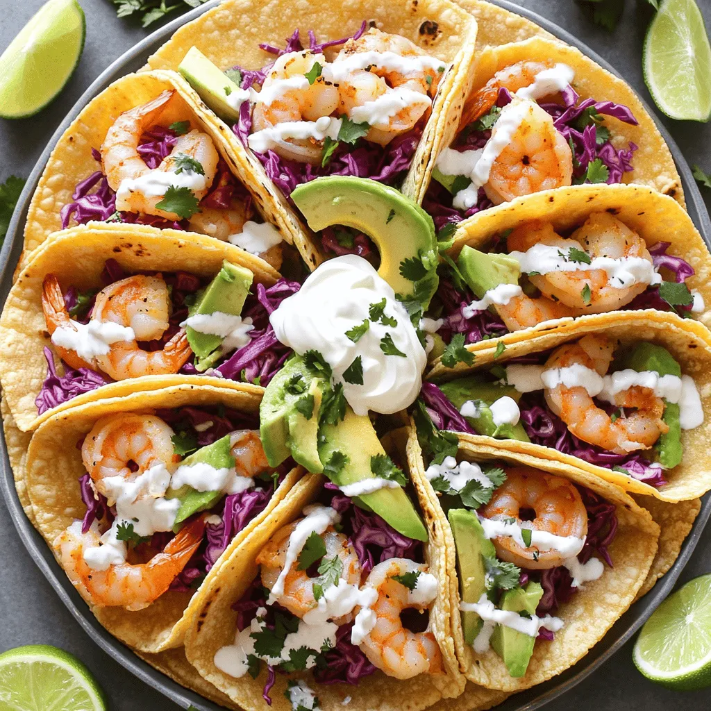 - 1 pound shrimp, peeled and deveined - 3 tablespoons olive oil - 4 cloves garlic, minced - 1 teaspoon red pepper flakes (adjust to taste) - 1 teaspoon smoked paprika - Salt and pepper to taste - 8 small corn tortillas - 1 cup red cabbage, shredded - 1 avocado, sliced - Fresh cilantro, chopped (for garnish) - ½ cup sour cream - 1 tablespoon chipotle sauce (optional for extra spice) The main ingredients set the stage for your Spicy Garlic Shrimp Tacos. Shrimp is a great protein that cooks fast. Olive oil adds richness. Garlic brings a bold taste that makes this dish shine. For spices, I love using red pepper flakes. They add heat, which you can adjust based on your taste. Smoked paprika offers a nice smoky flavor that pairs well with shrimp. Salt and pepper enhance all these flavors. Tortillas are the perfect vessel for your toppings. Corn tortillas have a classic taste and texture. The shredded red cabbage adds crunch and color. Sliced avocado brings creaminess, while cilantro adds freshness. Sour cream cools the spice down. Chipotle sauce can give an extra kick if you want more heat. You can find the full recipe above to create this dish. Enjoy the flavorful journey! First, gather your shrimp, olive oil, garlic, red pepper flakes, smoked paprika, lime juice, salt, and pepper. In a bowl, combine the shrimp with 3 tablespoons of olive oil and the seasonings. Be sure to mix well so each shrimp gets coated. Let the shrimp sit for 15 minutes. This time allows the shrimp to absorb all the tasty flavors. Next, heat a skillet over medium-high heat. Once the skillet is hot, add the marinated shrimp. Cook the shrimp for 2-3 minutes on each side. They will turn pink and opaque when done. Remove them from heat and set them aside. While the shrimp cooks, warm your corn tortillas in a separate skillet. Heat them for about 30 seconds on each side until they are warm and slightly crispy. Now, it's time to assemble your tacos! Place a generous scoop of spicy garlic shrimp on each tortilla. Top with shredded red cabbage and slices of avocado. Drizzle some sour cream over the top. If you like extra kick, add a touch of chipotle sauce. Finish with fresh cilantro for a beautiful touch. You can find the complete recipe [here](Full Recipe). To get great shrimp, avoid overcooking. Shrimp cook quickly. When they turn pink and opaque, they are done. If you cook them too long, they can become rubbery. Adjust seasoning levels based on your taste. Do you like spicy? Add more red pepper flakes. Prefer milder? Use less. Serve your tacos on a nice platter. Add lime wedges for a fresh touch. Guests can squeeze lime juice over their tacos. It adds a nice zing! Garnish with fresh cilantro for color and taste. A beautiful plate makes food more appealing. You can change the spice level to fit your group. For less heat, cut back on red pepper flakes. You can also leave out the chipotle sauce. If you want it spicier, add more red pepper flakes or a dash of hot sauce. Remember, balance is key. Enjoy this Spicy Garlic Shrimp Tacos Full Recipe and make it your own! {{image_2}} You can swap shrimp for other proteins to suit your taste. Chicken works great for those who prefer poultry. Simply cut it into bite-sized pieces and follow the same cooking steps. Tofu is a fantastic plant-based option. Press the tofu to remove water, then cube it. Sauté it just like the shrimp. For seafood lovers, consider scallops or cod. Both offer a unique twist to the dish. Change up your toppings for new flavors and textures. Instead of red cabbage, try crisp lettuce or colorful bell peppers. They add a nice crunch. You can also use diced tomatoes or corn for sweetness. For sauces, experiment with a zesty salsa or a creamy avocado sauce. Each choice brings a different taste to your tacos. Tortillas are key to any taco. While corn tortillas are classic, flour tortillas can be softer and chewier. They wrap around fillings easily. If you're looking for a low-carb meal, consider using lettuce wraps. They keep the tacos light and fresh. Each tortilla option can change the whole feel of your dish. To keep your spicy garlic shrimp fresh, store shrimp and tacos separately. Place cooked shrimp in an airtight container. Use a container that seals well to keep moisture out. For the tortillas, wrap them in foil or place them in a zip-top bag. This keeps them from drying out. Store both in the fridge for up to three days. You can freeze shrimp tacos, but it's best to freeze shrimp and toppings separately. Freeze cooked shrimp in a single layer on a baking sheet. Once frozen, transfer them to a freezer bag. For best results, use the shrimp within three months. When you're ready to eat, thaw shrimp in the fridge overnight. To reheat shrimp, use a skillet over medium heat. This helps keep the texture nice. Heat for about two to three minutes, just until warm. For tortillas, warm them in a dry skillet for about 30 seconds on each side. This brings back their crispness. Enjoy your delicious tacos as if they were fresh! I love pairing these tacos with a few tasty sides. Here are my favorites: - Mexican street corn: Sweet corn topped with cheese and lime. - Black beans: Simple, flavorful, and full of protein. - Fresh guacamole: Creamy avocado dip adds a nice touch. - Cilantro lime rice: A refreshing side that complements the shrimp. - Chips and salsa: Crunchy and zesty, perfect for snacking. Yes, you can prep some parts in advance. Here are my tips: - Marinate shrimp: You can marinate the shrimp up to 2 hours ahead. - Prep toppings: Chop cabbage and slice avocado before serving. - Warm tortillas: Heat them right before serving for the best taste. This way, you save time and still enjoy fresh tacos! Making these tacos gluten-free is easy! Here’s how: - Tortillas: Use corn tortillas, as they are naturally gluten-free. - Sauces: Check that the sour cream and chipotle sauce are gluten-free. - Cross-contamination: Always use clean utensils and surfaces. This way, everyone can enjoy these spicy garlic shrimp tacos! For the full recipe, check the section above. Enjoy cooking! You now have a simple recipe for Spicy Garlic Shrimp Tacos. We discussed key ingredients and their roles. I shared tips for cooking shrimp just right and suggested ways to customize your tacos. Remember, you can use different proteins and toppings to fit your taste. Store leftovers properly and enjoy these tacos any time. This dish is easy to make and sure to please. Grab your ingredients and start cooking today!