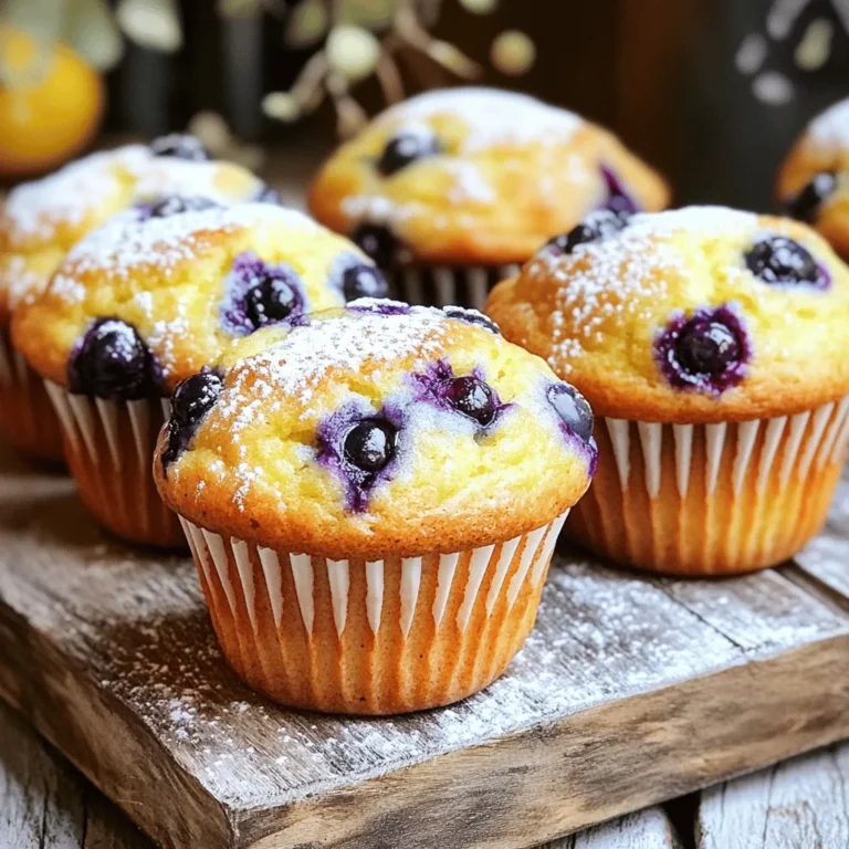 To make delightful Lemon Blueberry Muffins, gather these simple ingredients: - 2 cups all-purpose flour - 1 cup fresh blueberries - 1 cup granulated sugar - 1/2 cup unsalted butter, melted - 1 cup milk (or a milk alternative) - 2 large eggs - 1 tablespoon lemon zest - 2 tablespoons fresh lemon juice - 1 tablespoon baking powder - 1/2 teaspoon baking soda - 1/2 teaspoon salt - 1 teaspoon vanilla extract - Optional: Powdered sugar for dusting Each ingredient plays a key role in creating that perfect muffin. The all-purpose flour gives the muffins structure. Fresh blueberries add juicy bursts of flavor. Granulated sugar balances the tartness of lemon. Unsalted butter brings richness and moisture. You can use milk or any milk alternative based on your preference. Lemon zest and fresh lemon juice brighten up the flavor. They make the muffins taste fresh and vibrant. Baking powder and baking soda help the muffins rise, while salt enhances the overall taste. Finally, vanilla extract adds a lovely warmth to each bite. If you want an extra touch of sweetness, consider dusting with powdered sugar. You can find the full recipe above to guide you through the steps. Enjoy baking these tasty treats! - Preheat the oven Start by preheating your oven to 400°F (200°C). This helps the muffins rise perfectly. - Assemble the muffin tin Line a muffin tin with paper liners or lightly grease it. This makes for easy removal. - Prepare dry ingredients In a large bowl, whisk together 2 cups of all-purpose flour, 1 tablespoon of baking powder, 1/2 teaspoon of baking soda, and 1/2 teaspoon of salt. Mix until well combined. - Combine wet ingredients In a separate bowl, mix 1/2 cup of melted unsalted butter, 1 cup of granulated sugar, 2 large eggs, 1 cup of milk, 1 tablespoon of lemon zest, 2 tablespoons of fresh lemon juice, and 1 teaspoon of vanilla extract. Whisk until it's smooth. - Mix wet and dry ingredients Gently fold the wet mixture into the dry ingredients. Mix just until combined. Be careful not to overmix, as this makes the muffins tough. - Fold in blueberries Add 1 cup of fresh blueberries into the batter. Gently fold them in so they are evenly mixed. - Fill muffin cups Spoon the batter into each muffin cup, filling them about two-thirds full. This leaves room for rising. - Baking time and checking for doneness Bake for 18-20 minutes. Check if they are done by inserting a toothpick into the center. If it comes out clean, they are ready. Let them cool in the tin for 5 minutes before moving them to a wire rack. For detailed instructions, check the [Full Recipe]. To make the best Lemon Blueberry Muffins, avoid overmixing. When you mix the wet and dry ingredients, stop as soon as you see no dry flour. This helps keep your muffins light and fluffy. Next, let’s talk about baking. The optimal baking temperature for these muffins is 400°F (200°C). This high heat gives them a nice rise and a golden top. Always preheat your oven. This step is key for even baking. Cooling is also important. After baking, let the muffins cool in the tin for five minutes. Then, transfer them to a wire rack. This helps them stay moist and prevents sogginess. Using lemon zest can really boost the flavor. Zest the lemon before juicing it. This zest adds a bright taste that pairs perfectly with blueberries. Just one tablespoon is enough for a burst of lemon flavor. For the blueberry flavor, go for fresh berries. They taste better than frozen ones. You can also toss the blueberries in a bit of flour before adding them to the batter. This helps them stay suspended and prevents them from sinking. For the full recipe, check the earlier section. Enjoy baking these delicious muffins! {{image_2}} You can easily change this recipe to fit your needs. Here are some great swaps: - Gluten-free options: Use a gluten-free flour blend instead of all-purpose flour. This keeps the texture light and fluffy. - Vegan substitutions: Replace the eggs with flaxseed meal or applesauce. Use almond milk or oat milk for the dairy. - Alternative fruit mixes: Try raspberries, blackberries, or peaches instead of blueberries. Each fruit adds its unique twist to the muffins. You can enhance the flavor of these muffins with some fun additions: - Adding nuts or seeds: Chopped walnuts or sunflower seeds add a nice crunch. Mix in about half a cup for extra texture. - Including spices for a different flavor profile: A pinch of cinnamon or nutmeg can give a warm, cozy flavor. Experiment with these spices to find your perfect blend. These variations let you customize your Lemon Blueberry Muffins. Feel free to mix and match ingredients to create your own special treat. For the complete recipe, check the [Full Recipe]. To keep your lemon blueberry muffins fresh, store them in an airtight container. This helps retain moisture and flavor. If you want to keep them for longer, place the container in the fridge. Muffins stay fresh for about 2-3 days when stored at room temperature. In the fridge, they can last up to a week. Reheating muffins is easy. You can use the microwave or the oven. For the microwave, heat for 10-15 seconds. This warms them quickly but may make them a bit soft. If you want them crispy, use the oven. Preheat it to 350°F (175°C) and heat for about 5-10 minutes. When reheating, avoid overdoing it. Too much time can dry them out. Always check for warmth and enjoy your delicious treat again! For the full recipe, check the section above. How long do Lemon Blueberry Muffins last? Lemon blueberry muffins stay fresh for about 3 days at room temperature. Keep them in an airtight container to maintain moisture. You can also store them in the fridge for up to a week. Can I freeze Lemon Blueberry Muffins? Yes, you can freeze these muffins. Just place them in a freezer bag after they cool. They will last for about 2 to 3 months in the freezer. Thaw them at room temperature when ready to eat. What if I want to reduce sugar? You can cut the sugar by about a third without losing flavor. You can also try using a sugar substitute if you want. This keeps the muffins tasty while lowering calories. How can I make them more lemony? To boost lemon flavor, add more lemon zest or an extra tablespoon of lemon juice. You can also use lemon extract for a stronger taste. This adds a bright, zesty kick to each bite. Can I use frozen blueberries? Yes, frozen blueberries work well. Just toss them in a bit of flour before adding to the batter. This helps them stay suspended in the mix and prevents them from bleeding too much. Can I replace the butter with oil? You can replace butter with oil, like canola or coconut oil. Use the same amount of oil as butter. This change may make the muffins slightly denser but still delicious. What’s the best way to ensure the muffins rise? Make sure your baking powder is fresh. Also, do not overmix the batter. This keeps the muffins light and fluffy. Filling the cups to about two-thirds full also helps them rise nicely. For the full recipe, check out the Lemon Burst Blueberry Muffins section. You now have a complete guide for making delicious Lemon Blueberry Muffins. We covered the key ingredients, step-by-step instructions, and valuable tips to help you succeed. Remember to avoid overmixing and to cool your muffins properly. You can even try variations like gluten-free or vegan options if needed. Store your muffins well to keep them fresh. Enjoy baking these tasty treats and share them with friends and family! This recipe is sure to bring joy to your kitchen.