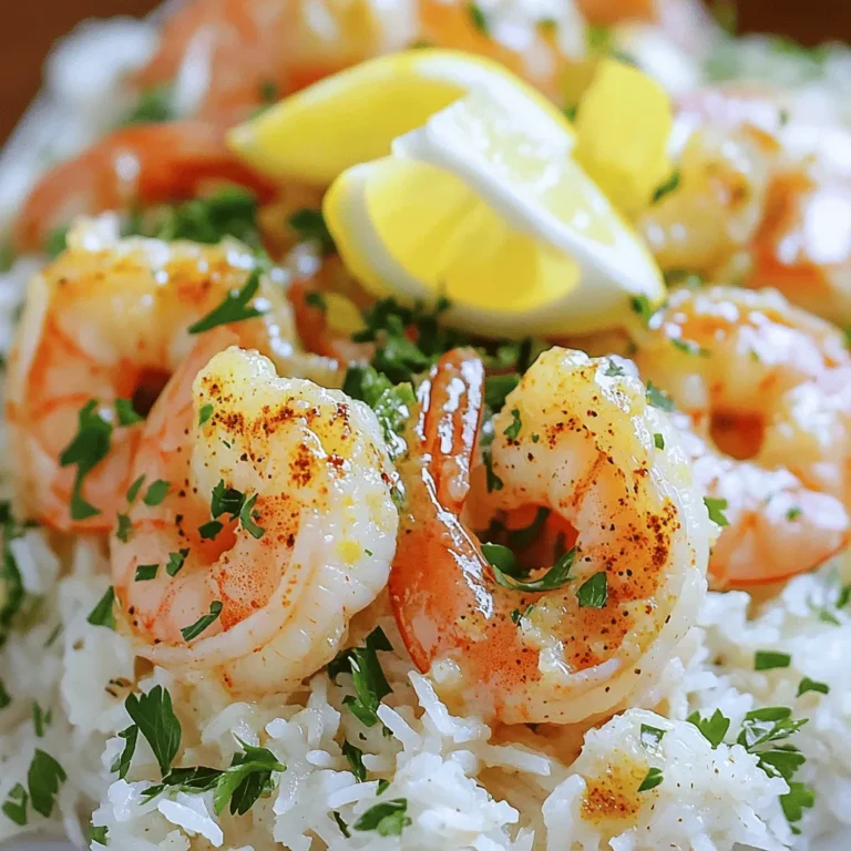 To make Garlic Butter Shrimp and Rice, you need a few key ingredients. Here’s what you will need: - 1 pound large shrimp, peeled and deveined - 4 tablespoons unsalted butter - 4 cloves garlic, minced - 1 cup long-grain white rice - 2 cups chicken or vegetable broth - 1 teaspoon dried oregano - 1 teaspoon paprika - 1 lemon, zested and juiced - 2 tablespoons fresh parsley, chopped - Salt and pepper to taste These ingredients give the dish its rich flavor and texture. Fresh shrimp taste the best, so choose the best quality you can find. Herbs and spices play a big role in making this dish special. Dried oregano adds a warm, earthy flavor. Paprika gives a slight smokiness and a nice color. Fresh parsley brightens everything up. The lemon juice adds zing and freshness. It cuts through the richness of the butter. Together, these flavors create a balance that makes each bite delightful. You can add some fun garnishes to make your dish even better. Here are a few ideas: - Lemon wedges for extra brightness - Additional parsley for color and flavor - A sprinkle of red pepper flakes for heat These last touches make your Garlic Butter Shrimp and Rice look and taste even more amazing. For the full recipe, follow the steps outlined in the previous sections. To start, we need to cook the rice. In a medium saucepan, combine 1 cup of long-grain white rice and 2 cups of chicken or vegetable broth. Bring it to a boil over high heat. Once it boils, lower the heat to low. Cover the pot and let it simmer for 15 to 18 minutes. The rice will absorb the broth and become tender. After the rice is cooked, fluff it with a fork. Mix in half of the fresh parsley, 1 teaspoon of dried oregano, and the zest of 1 lemon. Add salt and pepper to taste. This creates a bright, herb-infused rice that pairs well with the shrimp. While the rice cooks, let’s prepare the shrimp. Pat 1 pound of large shrimp dry with paper towels. Season them lightly with salt, pepper, and 1 teaspoon of paprika. This will add a nice flavor to the shrimp. Next, melt 4 tablespoons of unsalted butter in a large skillet over medium heat. Add 4 cloves of minced garlic to the butter. Sauté it for 1 to 2 minutes until it becomes fragrant. Be careful not to burn the garlic. Now, it's time to cook the shrimp. Add the seasoned shrimp to the skillet. Cook them for about 2 to 3 minutes on one side until they turn pink. Then flip them over and cook for another 2 minutes until they are fully cooked. Squeeze the juice of 1 lemon over the shrimp. Stir to coat them well in the garlic butter sauce. Let them cook for an additional minute to take in that lemon flavor. Now, it's time to serve this dish. Spoon the herb-infused rice onto plates. Top the rice with the garlic butter shrimp. Drizzle any remaining sauce from the skillet over the shrimp and rice. For a lovely touch, sprinkle the remaining fresh parsley on top. You can also serve with lemon wedges on the side. This adds a bright burst of flavor when squeezed over the dish. Enjoy your Garlic Butter Shrimp and Rice for a savory delight! For the full recipe, check out the complete instructions above. To get the best shrimp, start with fresh, large shrimp. Peel and devein them first. Pat them dry with paper towels. This step helps the shrimp sear nicely. Season them with salt, pepper, and paprika. When cooking, use medium heat. This keeps them juicy and tender. Cook them for about 2-3 minutes on one side. Flip them and cook for another 2 minutes. Their color changes to pink when done. Take care not to overcook them. Overcooked shrimp turn rubbery and tough. For this dish, you need some basic tools. A medium saucepan is great for cooking rice. A large skillet works best for the shrimp. A good quality spatula helps flip the shrimp gently. Use measuring cups and spoons for accuracy. Don't forget a cutting board and sharp knife for prep. A zester or grater is useful for lemon zest. Having these tools ready makes cooking easier. To add more flavor to your shrimp, use fresh herbs. Fresh parsley brightens the dish. Lemon zest adds a nice punch, while lemon juice brings acidity. If you want more heat, try some red pepper flakes. For a different taste, add a splash of white wine to the butter. Adjust the salt and pepper to your liking. These tiny tweaks can turn this recipe into a personal favorite. For a complete guide, check the Full Recipe for more tips. {{image_2}} If you want to mix things up, try using scallops or lobster instead of shrimp. Both options add a sweet, rich flavor. You can also use fish like salmon or tilapia. Just keep in mind that cooking times may vary. For scallops, cook them for about 2-3 minutes per side. For lobster, you can chop it into bite-sized pieces and cook it just like the shrimp. Each choice brings a new taste and texture to the dish. You can make a tasty vegetarian version by swapping shrimp for mushrooms or tofu. Both options soak up flavors well. For mushrooms, use large portobello or cremini, sliced thick. Sauté them in the garlic butter until golden. If you choose tofu, use firm tofu to keep its shape. Press it to remove excess water and then cube it before cooking. These swaps keep the dish rich and satisfying without meat. Do you love bold flavors? Add spices to change the taste of the dish. For a spicy kick, toss in red pepper flakes or cayenne pepper. You can also try adding curry powder or cumin for a warm, earthy flavor. If you love herbs, add fresh basil or cilantro to enhance freshness. Experimenting with spices can turn a simple meal into a flavor adventure! You can find the complete recipe for Garlic Butter Shrimp and Rice [here](Full Recipe). To keep leftover garlic butter shrimp and rice fresh, let it cool first. Place it in an airtight container. This helps keep flavors in and air out. Store it in the fridge for up to three days. To reheat your dish, use a skillet over low heat. Add a splash of broth or water to keep it moist. Stir gently until it is hot. You can also use a microwave. Heat it in short bursts, stirring in between. This way, it warms evenly and stays tasty. If you want to save it for later, freezing is a great option. Portion the shrimp and rice into freezer-safe bags. Remove as much air as you can before sealing. You can freeze it for up to three months. When ready to eat, thaw it overnight in the fridge. Then, reheat as mentioned above. Enjoy the flavor of garlic butter shrimp anytime! For the full recipe, check out the section above. To keep shrimp tender, avoid overcooking them. Cook shrimp just until they turn pink. This usually takes about 2-3 minutes per side. You can also try brining shrimp in salt water for 15-30 minutes before cooking. This helps them stay juicy and flavorful. Yes, you can use brown rice! However, brown rice takes longer to cook. Adjust the broth and cooking time accordingly. Brown rice usually needs about 40-45 minutes. It will add a nice, nutty flavor to your dish. You can keep leftovers in the fridge for up to 3 days. Store them in an airtight container. Reheat them slowly to preserve the flavors and texture. Enjoy your garlic butter shrimp and rice later with ease! For the complete recipe, check out the Full Recipe. In this blog post, I shared key ingredients for garlic butter shrimp, enhancing flavors with herbs and spices. I provided easy steps for herb-infused rice and cooking shrimp. You learned tips for perfect shrimp cooking and tools that help. I explored variations with seafood, vegetarian options, and different flavors. Finally, I added storage tips and answered common questions. Use these ideas to create a delicious meal. Enjoy your cooking and make it your own!