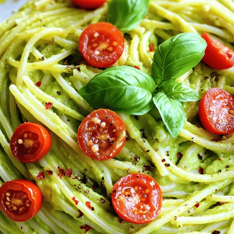 The right ingredients make creamy avocado pasta a special dish. Here’s what you need: - Ripe avocados - Garlic - Fresh basil leaves - Parmesan cheese or nutritional yeast - Lemon juice - Olive oil - Salt and pepper - Spaghetti or your preferred pasta - Garnishes (cherry tomatoes, crushed red pepper flakes) Using ripe avocados is key. They should feel soft but not mushy. Garlic adds a nice zing, while fresh basil gives the dish a fragrant lift. You can choose Parmesan for a rich taste or nutritional yeast for a vegan option. Lemon juice keeps the sauce bright and fresh. Olive oil adds creaminess and helps blend the sauce smoothly. Salt and pepper enhance every bite. You can pick any pasta you like, but spaghetti works well. For garnishes, cherry tomatoes bring a pop of color. Crushed red pepper flakes add a spicy kick. This combination of flavors makes every plate of creamy avocado pasta fresh and enjoyable. For the full recipe, you can refer to the earlier mentioned section. To start, boil a big pot of salted water. Salt helps flavor the pasta. Once the water is boiling, add 12 oz of spaghetti or your favorite pasta. Cook it until it is al dente, which usually takes about 8 to 10 minutes. This means it should be firm but not hard. Remember to check the package for exact times. After cooking, reserve 1 cup of that pasta water before draining it. Set the drained pasta aside to cool slightly. Now, let’s make the creamy avocado sauce. Use a food processor for the best results. In it, combine 2 ripe avocados, 2 cloves of minced garlic, 1/4 cup of fresh basil leaves, 1/4 cup of grated Parmesan cheese, 2 tablespoons of lemon juice, and 1/4 cup of olive oil. Blend these ingredients until the mixture becomes smooth and creamy. If the sauce seems too thick, add a splash of the reserved pasta water. This helps reach the right consistency for pouring. Next, it’s time to combine everything. In a large mixing bowl, toss the cooked pasta with the avocado sauce. Make sure the pasta is well coated. Then, add salt and pepper to taste. It’s important to mix everything thoroughly. If the sauce is still too thick, you can adjust it with a bit more reserved pasta water. This will help create a lovely creamy texture. Now, let’s serve this delicious dish. Plate the creamy avocado pasta into bowls. For a pop of color, garnish each bowl with halved cherry tomatoes. If you want a bit of spice, sprinkle some crushed red pepper flakes on top. For a final touch, drizzle a little olive oil over the dish and add a few whole basil leaves. This not only enhances flavor but also adds beauty to your meal. Enjoy your creamy avocado pasta! When picking avocados, look for a few signs. A ripe avocado feels slightly soft when you gently squeeze it. The color should be dark green to almost black. If it has any large dark spots, avoid it. Select avocados that feel heavy for their size. To make sure you have the best avocados, check the stem area. If it comes off easily and is green underneath, the avocado is ripe. If it is brown, the avocado may be overripe. To make your creamy avocado pasta even better, add some herbs and spices. Fresh herbs like parsley or cilantro can give it a fresh twist. You might also consider adding a bit of garlic powder or onion powder for depth. For cheese, try alternatives like feta or goat cheese. They add a nice tangy flavor. Nutritional yeast is a great vegan option that gives a cheesy taste without dairy. You can easily change the serving size of this dish. If you need more servings, just double the ingredients. For fewer servings, cut the recipe in half. If you have leftovers, store them in an airtight container. Keep the pasta and sauce separate to maintain freshness. The avocado sauce may brown, but a splash of lemon juice can help keep it bright. {{image_2}} To make this creamy avocado pasta vegan, you can swap the cheese. Instead of Parmesan, use nutritional yeast. It gives a cheesy taste while keeping it plant-based. You can also add plant-based protein. Chickpeas or lentils work great. They add texture and make the dish more filling. If you need a gluten-free meal, choose alternative pasta. Options like chickpea or brown rice pasta are excellent. They cook well and taste great. Follow the package instructions for cooking times. Be careful not to overcook the pasta, as gluten-free varieties can become mushy. Using seasonal vegetables can elevate your dish. In summer, add fresh zucchini or bell peppers. In fall, consider roasted butternut squash or spinach. These veggies add color and flavor. For garnishing, use fresh herbs like parsley or chives. They bring freshness to each bite and make your dish look appealing. After enjoying your creamy avocado pasta, store any leftovers in the fridge. Place the pasta in an airtight container. This helps keep it fresh for up to three days. To prevent browning, cover the surface with plastic wrap. This keeps air away from the avocado sauce. If you want to enjoy your pasta warm later, reheat it gently. Use a pan on low heat and add a splash of olive oil or reserved pasta water. This will help revive its creamy texture. For longer storage, you can freeze the avocado sauce. Start by placing the sauce in a freezer-safe bag. Make sure to remove as much air as possible. You can freeze it for up to three months. When you're ready to use it, thaw it in the fridge overnight. To reheat the sauce, warm it in a saucepan over low heat. Stir it often for even heating. If it seems too thick, add a bit of water or olive oil. This will help restore its smooth and creamy texture. For the complete recipe, check out the Full Recipe. Yes, you can make this dish ahead of time. To do this, prepare the avocado sauce first. Store it in an airtight container and cover the top with plastic wrap. This helps prevent browning. Cook the pasta when you're ready to eat. Combine the pasta with the sauce just before serving. This keeps the pasta fresh and the sauce creamy. If your avocados are hard, you can ripen them fast. Place them in a paper bag. Add an apple or banana to the bag. These fruits give off ethylene gas, which speeds up ripening. Close the bag and leave it at room temperature. Check daily until they are soft enough to use. If you're looking for a healthier option, try zucchini noodles or "zoodles." They are low in carbs and high in fiber. Another option is whole grain pasta, which adds more nutrients. For a gluten-free choice, use chickpea pasta or lentil pasta. These options keep the dish tasty while meeting different dietary needs. This blog post showed you how to make a tasty avocado pasta dish. We covered key ingredients, cooking steps, and serving tips. You learned to choose ripe avocados and enhance flavors. Plus, we explored vegan and gluten-free options. No matter your taste, there’s a way to enjoy this dish. Try it out, experiment with flavors, and make it your own. With simple storage tips, you can enjoy leftovers later too. Enjoy your cooking journey!