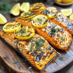 - 4 salmon fillets (6 oz each) - 3 tablespoons fresh dill, chopped - 2 lemons (1 for juice, 1 sliced for garnish) - 3 tablespoons olive oil - 2 garlic cloves, minced - Salt and pepper to taste - Optional: lemon wedges for serving To make Lemon Dill Grilled Salmon, start with fresh ingredients. Fresh salmon fillets give the best taste. I use 4 fillets, each weighing around 6 ounces. Fresh dill is key for flavor, so grab 3 tablespoons. You'll need 2 lemons—one for juice and another for garnish. Olive oil adds richness, so use 3 tablespoons. Minced garlic brings depth, so include 2 cloves. Don’t forget salt and pepper to taste. If you like, serve with lemon wedges for an extra punch. - Grill or grill pan - Mixing bowl - Measuring spoons - Spatula You’ll need some basic tools to make this dish. A grill or grill pan is essential for cooking the salmon. A mixing bowl helps you combine the marinade. Use measuring spoons to get the right amount of each ingredient. Finally, a spatula is needed to flip the salmon on the grill. When you have these tools ready, you are set to create a tasty meal. For the full recipe, check out the complete guide. Start by whisking together a few simple ingredients. In a bowl, mix: - 3 tablespoons olive oil - Juice from 1 lemon - 2 minced garlic cloves - 3 tablespoons fresh dill, chopped - Salt and pepper to taste This marinade adds bright flavor to our salmon. The lemon brings tang, while the dill adds a fresh taste. Next, take your salmon fillets. They are usually 6 ounces each. Coat them well with the marinade. Make sure every part gets a nice layer of flavor. Place the salmon in a shallow dish. Cover it and refrigerate for at least 30 minutes. This time allows the flavors to blend deeply into the fish. Preheat your grill to medium-high heat, around 400°F (200°C). Remove the salmon from the fridge. Let any extra marinade drip off. Discard the leftover marinade for safety. Now, place the salmon on the grill skin-side down. Close the lid and grill for 5-7 minutes. After that, carefully flip the salmon using a spatula. Grill for another 4-6 minutes. The fish should be opaque and flake easily with a fork. During the last minute, add lemon slices on the grill. This will give a nice char. Once done, take the salmon off the grill. Let it rest for a couple of minutes. Enjoy your flavorful Lemon Dill Grilled Salmon, as it is a true delight! For the full recipe, check out the details above. To get those beautiful grill marks, preheat your grill well. A hot grill helps sear the salmon quickly, locking in juices. Aim for medium-high heat, around 400°F (200°C). This temperature is just right for grilling salmon. Place the fillets skin-side down first. The skin protects the fish and helps it cook evenly. To check if the salmon is done, look for a fork-tender texture. The fish should flake easily when you insert a fork. The color should change from bright pink to opaque. If it still looks shiny, give it a bit more time. Salmon cooks quickly, so keep an eye on it! Want to mix things up? Add different herbs or spices to your marinade. Try using fresh basil or parsley for a unique twist. You can also add a pinch of red pepper flakes for some heat. Experimenting with flavors makes your Lemon Dill Grilled Salmon even more exciting. For more details, check the Full Recipe! {{image_2}} You can easily change the flavor of this dish. Try using different citrus juices, like orange or lime. The zest from these fruits also adds a nice punch. Fresh herbs like thyme or parsley work well too. Just mix them in the marinade for a fresh taste. This variation brightens up the salmon and brings new life to your meal. If you like heat, add red pepper flakes or cayenne pepper to the marinade. Start with a small pinch. You can always add more if you want it spicier. The heat balances well with the lemon and dill. It adds excitement and warmth to each bite. This variation is great for those who love a little kick. You can cook this salmon in other ways too. If you don't have a grill, try baking it in the oven. Preheat your oven to 400°F (200°C). Place the salmon on a baking sheet lined with parchment paper. Bake for about 12-15 minutes. Another option is pan-searing. Heat some oil in a skillet over medium-high heat. Cook the salmon for about 4-5 minutes per side. Both methods keep the salmon moist and tasty. For the full recipe, check the earlier sections. To keep your leftover Lemon Dill Grilled Salmon fresh, store it in an airtight container. Make sure the salmon is cool before sealing it tightly. Place it in the refrigerator. It will stay good for up to three days. If you want to enjoy it later, don’t forget to label the container with the date. This helps you know how long it has been stored. If you want to save your salmon for a longer time, freezing is a great option. You can freeze both the marinade and the cooked salmon. For the marinade, pour it into a freezer-safe bag. Remove as much air as possible before sealing. This helps prevent freezer burn. For cooked salmon, wrap each piece tightly in plastic wrap, then put it in a freezer bag. You can freeze it for up to three months. Always label the bags with the date. When you’re ready to eat your leftover grilled salmon, reheating it properly is key. The best method is to use the oven. Preheat the oven to 350°F (175°C). Place the salmon on a baking sheet lined with foil. Heat it for about 10-15 minutes, or until warmed through. You can also use a microwave, but it may make the salmon a bit dry. If you choose this method, heat it in short bursts, about 30 seconds at a time. This way, you can keep the salmon moist and tasty. You should grill salmon for about 5-7 minutes on one side. Then, flip it and grill for another 4-6 minutes. The cooking time can change based on the thickness of your fillets. A thicker fillet may need more time. Always check for a fork-tender texture and an opaque color. This means the salmon is fully cooked. Yes, you can use frozen salmon! Just remember to thaw it first. You can do this by placing it in the fridge overnight. If you're short on time, run it under cold water. Thawed salmon cooks more evenly. Fresh salmon has a better texture, but frozen can still taste great. Several sides go great with Lemon Dill Grilled Salmon. Here are a few ideas: - Roasted vegetables - Quinoa or rice - Mixed green salad - Garlic bread - Steamed asparagus These sides add color and balance to your meal. They also complement the flavors of the salmon well. For the full recipe, check out the Lemon Dill Grilled Salmon section! In this post, I covered how to make Lemon Dill Grilled Salmon. I shared the key ingredients, step-by-step instructions, and useful tips for grilling. Remember to marinate your salmon well and check for doneness. You can also explore tasty variations to fit your flavor preference. Finally, I provided storage and reheating tips to enjoy your leftovers. With these insights, you can create a delicious meal that impresses anyone. Enjoy your cooking adventure!