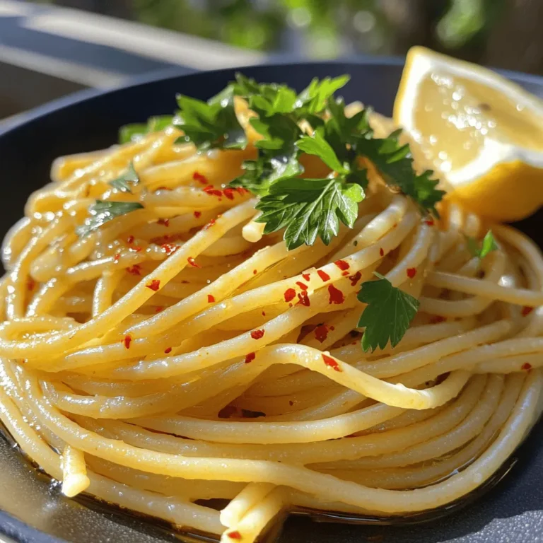 - 400g spaghetti - 6 cloves garlic, thinly sliced - 1/2 cup extra virgin olive oil - 1-2 red chili peppers, finely chopped - 1/2 teaspoon crushed red pepper flakes - Salt to taste - Fresh parsley, chopped for garnish - Zest of 1 lemon - Grated Parmesan cheese (optional) To make Spaghetti Aglio e Olio, you need a few simple ingredients. Each one plays an important role in the dish's flavor. The spaghetti is the base. The garlic adds a rich taste. Olive oil brings smoothness and depth. Red chili peppers give it a kick. Crushed red pepper flakes add heat. Salt enhances all the flavors. Fresh parsley brightens the dish. Lemon zest adds a fresh twist. Optional Parmesan cheese can add even more flavor. For the best taste, I recommend using high-quality ingredients. Try brands like Colavita or Pompeian for olive oil. They offer a rich and authentic flavor. For spaghetti, look for Barilla or De Cecco. These brands provide a great texture for your dish. If you can’t use garlic, consider shallots or leeks. They offer a similar taste without garlic's strong flavor. For chili peppers, you can use jalapeños for less heat. Try using red pepper flakes if you want a milder spice. Always adjust based on your taste. To cook spaghetti al dente, start by boiling salted water in a large pot. Add the spaghetti, and follow the package instructions for cooking time. Al dente means the pasta should be firm to the bite, not mushy. This texture holds the sauce better. Remember to reserve one cup of pasta water before draining the noodles. This water is starchy and helps adjust sauce consistency. While the pasta cooks, heat olive oil in a large skillet over medium heat. Add the thinly sliced garlic. Sauté it for about 1 to 2 minutes until it turns golden and fragrant. Watch the garlic closely! If it burns, it will taste bitter. After the garlic is golden, add the finely chopped red chili peppers and crushed red pepper flakes. Sauté for another minute until the chili smells great. Now, quickly add the drained spaghetti to the skillet. Toss it well with the garlic and chili oil mixture. This step is key to combining flavors. If the pasta seems dry, add a bit of the reserved pasta water. Stir until you reach your desired sauce consistency. The starchy water makes the dish creamy and helps the sauce cling to the noodles. - Using fresh herbs for a vibrant taste: Fresh herbs like parsley brighten the dish. They add color and flavor. Chopping them finely lets their taste shine. Don’t skip this step; it makes a big difference. - Importance of high-quality oils: Use extra virgin olive oil for the best flavor. Good oil enhances the dish's richness. It can turn a simple meal into something special. - Overcooking garlic and its impact: Garlic cooks fast. If you burn it, your dish can taste bitter. Watch it closely. Only cook until it's golden. This gives a nice, sweet flavor. - Not reserving enough pasta water: Pasta water is like liquid gold. It helps mix the sauce and pasta. Always save at least one cup before draining. This keeps your dish moist and tasty. - Presentation tips for an enticing dish: Serve the spaghetti in shallow bowls. Drizzle with extra olive oil for shine. A sprinkle of crushed red pepper adds color. Add a lemon wedge for a fresh touch. - Pairing suggestions for a complete meal: This dish goes well with a light salad. A simple green salad adds crunch. You can also serve garlic bread on the side for a full Italian feast. {{image_2}} To make a vegan version of Spaghetti Aglio e Olio, simply skip the cheese. You can still enjoy the same great taste. Try adding veggies like spinach or cherry tomatoes. They add color and nutrition. Cook them with the garlic for a tasty mix. You can easily add shrimp or chicken for a boost of protein. Cook shrimp in the garlic oil until pink. For chicken, use diced pieces and sauté until cooked through. If you prefer a meatless protein, consider chickpeas or lentils. They add texture and help fill you up. For deeper flavor, add anchovies to the garlic and oil. They melt into the sauce, giving it a rich taste. Do not worry; they won’t make it fishy. Also, feel free to experiment with herbs like basil or thyme. A sprinkle of lemon zest can brighten the dish. Don't be afraid to try new spices, like oregano or crushed red pepper for extra heat. For more detailed cooking steps, check the Full Recipe. After enjoying your Spaghetti Aglio e Olio, you might have some left. To keep it fresh, let it cool first. Place the pasta in an airtight container. This method helps prevent drying out. Store it in the fridge. It should last up to three days. When you're ready to eat leftovers, reheating is key. The safest method is using the stovetop. Add a splash of water or olive oil to the pan. Heat over low to medium heat. Stir gently until warm. This keeps the pasta’s flavor and texture intact. You can also use the microwave. Just cover the bowl with a damp paper towel. Heat in short bursts, stirring in between. You can freeze Spaghetti Aglio e Olio if needed. To do this, let it cool completely. Then, place it in a freezer-safe container. Make sure to seal it tightly. It can last up to three months in the freezer. To thaw, move it to the fridge overnight. Reheat as usual to enjoy again. Spaghetti Aglio e Olio is a classic Italian dish. It features simple ingredients like spaghetti, garlic, and olive oil. The dish is quick and easy to make, perfect for busy nights. You only need a few items to create a tasty meal. This recipe highlights the bold flavors of fresh garlic and spicy chili. To add heat to your Aglio e Olio, use extra chili peppers. You can also add more crushed red pepper flakes. Start with one pepper, then adjust based on your taste. If you want more spice, try using a spicy olive oil. This way, you can create the right balance of heat and flavor. Spaghetti Aglio e Olio lasts about three to five days in the fridge. Store it in an airtight container for best results. Always check for signs of spoilage before eating. If it smells off or looks strange, it's best to throw it away. Yes, you can use other pasta types for Aglio e Olio. While spaghetti is traditional, fettuccine or linguine also work well. You can even try gluten-free pasta if you prefer. Just ensure you cook it according to the package instructions. This allows you to enjoy the same great flavors with any pasta shape you like. This blog post covered the essentials of Spaghetti Aglio e Olio. We discussed key ingredients and recommended brands. You learned to cook spaghetti al dente and the best tips for sautéing garlic. I shared common mistakes and creative variations, plus storing and reheating tips. Remember, using fresh herbs and quality oil elevates your dish. Explore flavors to make it your own. Enjoy your cooking adventure!