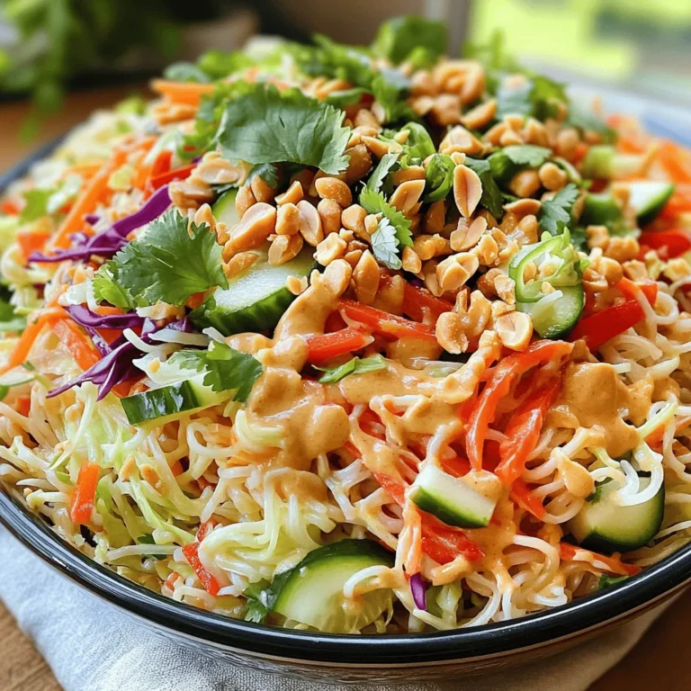 To make the Thai Peanut Noodle Salad, you need these main items: - 8 ounces rice noodles - 1 cup shredded carrots - 1 red bell pepper, thinly sliced - 1 cucumber, julienned - 2 green onions, chopped - 1 cup red cabbage, finely shredded - 1/2 cup cilantro leaves, chopped - 1/2 cup roasted unsalted peanuts, roughly chopped Each of these ingredients brings unique benefits to your salad: - Rice noodles are gluten-free and easy to digest. - Carrots add crunch and are rich in vitamins A and C. - Red bell pepper provides sweetness and is high in antioxidants. - Cucumber gives a refreshing taste and hydrates your body. - Green onions add a mild onion flavor and aid digestion. - Red cabbage is packed with fiber and supports gut health. - Cilantro enhances flavor and has anti-inflammatory properties. - Peanuts add protein and healthy fats, making the salad filling. For the creamy peanut dressing, gather these essential components: - 1/4 cup creamy peanut butter - 3 tablespoons soy sauce - 2 tablespoons lime juice - 2 tablespoons honey or maple syrup - 1 teaspoon sesame oil - 1 teaspoon grated fresh ginger - 1 tablespoon water (more if needed for consistency) - Optional: Red pepper flakes for heat If you need substitutions, here are some ideas: - Use almond butter instead of peanut butter for a nut-free option. - Swap soy sauce with tamari to make it gluten-free. - Maple syrup can replace honey for a vegan choice. - For a spicier kick, try adding more red pepper flakes or sriracha. These ingredients create a rich, savory dressing that pairs perfectly with the salad. You can find the full recipe to make this vibrant dish and enjoy the delightful mix of flavors. To cook the rice noodles, start by boiling water in a large pot. Once boiling, add the noodles. Cook them for about 4-6 minutes or until soft. Drain the noodles in a colander. Rinse them under cold water. This stops the cooking and cools them down fast. Cooling helps keep the noodles from sticking together. For the peanut dressing, grab a medium bowl. Add creamy peanut butter, soy sauce, lime juice, honey or maple syrup, sesame oil, and grated ginger. Whisk these together until smooth. If the mixture is too thick, add a little water. You can adjust the taste with red pepper flakes for some heat. This dressing is key for flavor! In a large mixing bowl, combine the cooled noodles, shredded carrots, red bell pepper, cucumber, green onions, red cabbage, and cilantro. Mix these gently. It is important to coat everything evenly with the dressing. This way, each bite is full of flavor. For serving, use a large, shallow bowl. Pile the salad high for a nice look. Garnish with extra cilantro and a few whole peanuts on top. This makes it more appealing. Chill the salad for at least 15 minutes if you have time. Serve it cold or at room temperature. You can enjoy this salad at picnics, parties, or as a refreshing meal. Check out the Full Recipe for more details! - Prep Ahead: You can make the salad a few hours before serving. Chop the veggies and store them in the fridge. - Cook Noodles Early: Prepare the rice noodles in advance. Cool and store them for later use. - Store-Bought Help: If you're in a rush, grab pre-cut vegetables from the store. It saves time and still tastes fresh. - Spice It Up: Add red pepper flakes for heat. You can also use Sriracha for a bolder taste. - Extra Crunch: Toss in some chopped peanuts or sesame seeds for added texture. - Garnishes: Fresh cilantro and lime wedges make your dish pop. They add color and flavor to each bite. These tips will help you make the most of your Thai peanut noodle salad. For the full recipe, don’t forget to check the details! {{image_2}} You can easily add protein to your Thai Peanut Noodle Salad. Chicken, shrimp, or tofu all work great. If you choose chicken, grill or sauté it first. For shrimp, simply boil or sauté until pink. Tofu is best when cubed and pan-fried until golden brown. The protein you pick can change the salad's flavor. For chicken, add a dash of garlic powder. With shrimp, a sprinkle of lime zest brightens the taste. If you use tofu, try marinating it in soy sauce for a savory kick. Making this salad vegan-friendly is simple. Just skip the honey and use maple syrup instead. Swap out the peanut butter for almond or sunflower seed butter if needed. You can also replace soy sauce with tamari to make it gluten-free. Even with these swaps, the flavor stays rich and bold. Use fresh herbs like basil or mint for a fragrant touch. These small changes keep the salad tasty, while sticking to your dietary needs. Using seasonal vegetables can make your salad even more exciting. In spring, add snap peas or asparagus. In summer, try fresh corn or zucchini. In fall, roasted butternut squash adds warmth. Winter veggies like kale or Brussels sprouts also work well. Adjust the dressing based on what's fresh. If you have fresh herbs, blend them into the peanut dressing. This adds a new layer of flavor. Feel free to experiment and make this salad your own! For the complete recipe, check out the Full Recipe. To keep your Thai Peanut Noodle Salad fresh, follow these steps: - Cool Down: Let the salad cool completely before storing. - Use Airtight Containers: Store the salad in airtight containers. This helps keep it fresh longer. - Refrigeration: Always store your salad in the fridge. It stays good for up to 3 days. - Separate Components: If possible, store the dressing separately. This prevents the noodles from getting soggy. These practices help maintain flavor and texture. Freshness is key for a tasty salad. When it comes to reheating this salad, noodles can be tricky. Here are some helpful tips: - Microwave: If you want warm noodles, place them in a microwave-safe bowl. Add a splash of water. Heat in short bursts, stirring often until warm. - Stovetop: You can also reheat on the stovetop. Add a little water to a pan. Heat gently over low heat while stirring. - Serving Cold: If you prefer, serve the salad cold. It tastes great straight from the fridge. Leftovers are still delicious. Enjoy your meal however you like! You can store Thai Peanut Noodle Salad in the fridge for about three days. Keep it in an airtight container. The freshness can change based on the ingredients. If you add a lot of veggies, they may get soggy. It’s best to eat it fresh for the best taste. Yes, you can make this salad ahead of time! Prepare the salad and dressing separately. Store each in airtight containers in the fridge. Combine them right before serving. This keeps the noodles and veggies crisp. If you're allergic to peanuts, try almond butter or sunflower seed butter. These options give a nice taste but differ from peanut butter. Almond butter is creamier, while sunflower seed butter has a unique flavor. Experiment to find what you like best! Yes, the salad can be gluten-free if you choose the right ingredients. Use gluten-free soy sauce or tamari for the dressing. For noodles, rice noodles work great! Always check labels to avoid hidden gluten. Thai Peanut Noodle Salad is a vibrant dish full of flavors, textures, and healthy ingredients. We explored key components, from the noodles to the flavorful peanut dressing. I shared tips on preparation, serving, and storing your salad. You can customize flavors with proteins or adjust for dietary needs. This salad is easy to make ahead and great for any occasion. Enjoy experimenting with variations to match your tastes. With these techniques, you’ll serve a dish that impresses every time.