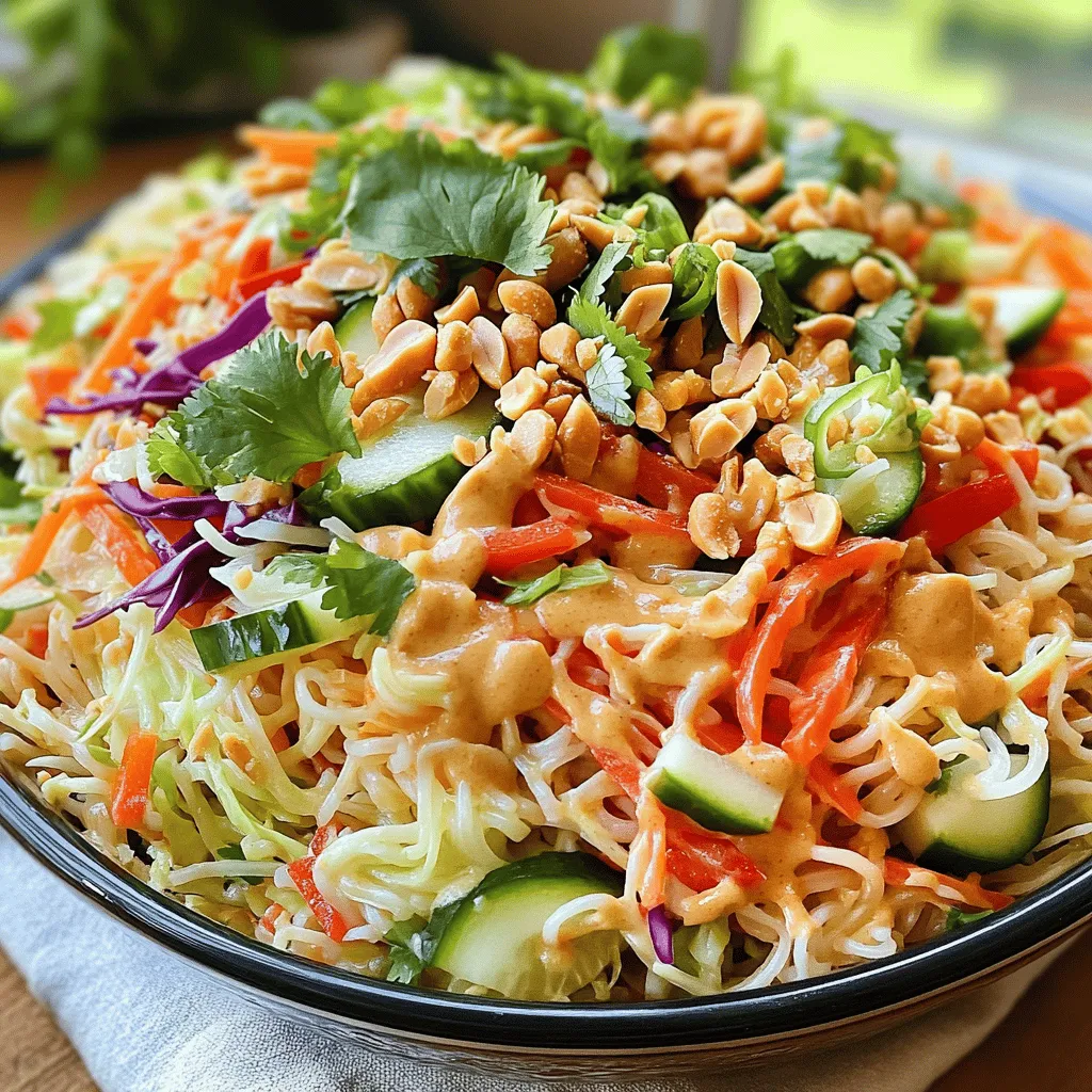 To make the Thai Peanut Noodle Salad, you need these main items: - 8 ounces rice noodles - 1 cup shredded carrots - 1 red bell pepper, thinly sliced - 1 cucumber, julienned - 2 green onions, chopped - 1 cup red cabbage, finely shredded - 1/2 cup cilantro leaves, chopped - 1/2 cup roasted unsalted peanuts, roughly chopped Each of these ingredients brings unique benefits to your salad: - Rice noodles are gluten-free and easy to digest. - Carrots add crunch and are rich in vitamins A and C. - Red bell pepper provides sweetness and is high in antioxidants. - Cucumber gives a refreshing taste and hydrates your body. - Green onions add a mild onion flavor and aid digestion. - Red cabbage is packed with fiber and supports gut health. - Cilantro enhances flavor and has anti-inflammatory properties. - Peanuts add protein and healthy fats, making the salad filling. For the creamy peanut dressing, gather these essential components: - 1/4 cup creamy peanut butter - 3 tablespoons soy sauce - 2 tablespoons lime juice - 2 tablespoons honey or maple syrup - 1 teaspoon sesame oil - 1 teaspoon grated fresh ginger - 1 tablespoon water (more if needed for consistency) - Optional: Red pepper flakes for heat If you need substitutions, here are some ideas: - Use almond butter instead of peanut butter for a nut-free option. - Swap soy sauce with tamari to make it gluten-free. - Maple syrup can replace honey for a vegan choice. - For a spicier kick, try adding more red pepper flakes or sriracha. These ingredients create a rich, savory dressing that pairs perfectly with the salad. You can find the full recipe to make this vibrant dish and enjoy the delightful mix of flavors. To cook the rice noodles, start by boiling water in a large pot. Once boiling, add the noodles. Cook them for about 4-6 minutes or until soft. Drain the noodles in a colander. Rinse them under cold water. This stops the cooking and cools them down fast. Cooling helps keep the noodles from sticking together. For the peanut dressing, grab a medium bowl. Add creamy peanut butter, soy sauce, lime juice, honey or maple syrup, sesame oil, and grated ginger. Whisk these together until smooth. If the mixture is too thick, add a little water. You can adjust the taste with red pepper flakes for some heat. This dressing is key for flavor! In a large mixing bowl, combine the cooled noodles, shredded carrots, red bell pepper, cucumber, green onions, red cabbage, and cilantro. Mix these gently. It is important to coat everything evenly with the dressing. This way, each bite is full of flavor. For serving, use a large, shallow bowl. Pile the salad high for a nice look. Garnish with extra cilantro and a few whole peanuts on top. This makes it more appealing. Chill the salad for at least 15 minutes if you have time. Serve it cold or at room temperature. You can enjoy this salad at picnics, parties, or as a refreshing meal. Check out the Full Recipe for more details! - Prep Ahead: You can make the salad a few hours before serving. Chop the veggies and store them in the fridge. - Cook Noodles Early: Prepare the rice noodles in advance. Cool and store them for later use. - Store-Bought Help: If you're in a rush, grab pre-cut vegetables from the store. It saves time and still tastes fresh. - Spice It Up: Add red pepper flakes for heat. You can also use Sriracha for a bolder taste. - Extra Crunch: Toss in some chopped peanuts or sesame seeds for added texture. - Garnishes: Fresh cilantro and lime wedges make your dish pop. They add color and flavor to each bite. These tips will help you make the most of your Thai peanut noodle salad. For the full recipe, don’t forget to check the details! {{image_2}} You can easily add protein to your Thai Peanut Noodle Salad. Chicken, shrimp, or tofu all work great. If you choose chicken, grill or sauté it first. For shrimp, simply boil or sauté until pink. Tofu is best when cubed and pan-fried until golden brown. The protein you pick can change the salad's flavor. For chicken, add a dash of garlic powder. With shrimp, a sprinkle of lime zest brightens the taste. If you use tofu, try marinating it in soy sauce for a savory kick. Making this salad vegan-friendly is simple. Just skip the honey and use maple syrup instead. Swap out the peanut butter for almond or sunflower seed butter if needed. You can also replace soy sauce with tamari to make it gluten-free. Even with these swaps, the flavor stays rich and bold. Use fresh herbs like basil or mint for a fragrant touch. These small changes keep the salad tasty, while sticking to your dietary needs. Using seasonal vegetables can make your salad even more exciting. In spring, add snap peas or asparagus. In summer, try fresh corn or zucchini. In fall, roasted butternut squash adds warmth. Winter veggies like kale or Brussels sprouts also work well. Adjust the dressing based on what's fresh. If you have fresh herbs, blend them into the peanut dressing. This adds a new layer of flavor. Feel free to experiment and make this salad your own! For the complete recipe, check out the Full Recipe. To keep your Thai Peanut Noodle Salad fresh, follow these steps: - Cool Down: Let the salad cool completely before storing. - Use Airtight Containers: Store the salad in airtight containers. This helps keep it fresh longer. - Refrigeration: Always store your salad in the fridge. It stays good for up to 3 days. - Separate Components: If possible, store the dressing separately. This prevents the noodles from getting soggy. These practices help maintain flavor and texture. Freshness is key for a tasty salad. When it comes to reheating this salad, noodles can be tricky. Here are some helpful tips: - Microwave: If you want warm noodles, place them in a microwave-safe bowl. Add a splash of water. Heat in short bursts, stirring often until warm. - Stovetop: You can also reheat on the stovetop. Add a little water to a pan. Heat gently over low heat while stirring. - Serving Cold: If you prefer, serve the salad cold. It tastes great straight from the fridge. Leftovers are still delicious. Enjoy your meal however you like! You can store Thai Peanut Noodle Salad in the fridge for about three days. Keep it in an airtight container. The freshness can change based on the ingredients. If you add a lot of veggies, they may get soggy. It’s best to eat it fresh for the best taste. Yes, you can make this salad ahead of time! Prepare the salad and dressing separately. Store each in airtight containers in the fridge. Combine them right before serving. This keeps the noodles and veggies crisp. If you're allergic to peanuts, try almond butter or sunflower seed butter. These options give a nice taste but differ from peanut butter. Almond butter is creamier, while sunflower seed butter has a unique flavor. Experiment to find what you like best! Yes, the salad can be gluten-free if you choose the right ingredients. Use gluten-free soy sauce or tamari for the dressing. For noodles, rice noodles work great! Always check labels to avoid hidden gluten. Thai Peanut Noodle Salad is a vibrant dish full of flavors, textures, and healthy ingredients. We explored key components, from the noodles to the flavorful peanut dressing. I shared tips on preparation, serving, and storing your salad. You can customize flavors with proteins or adjust for dietary needs. This salad is easy to make ahead and great for any occasion. Enjoy experimenting with variations to match your tastes. With these techniques, you’ll serve a dish that impresses every time.