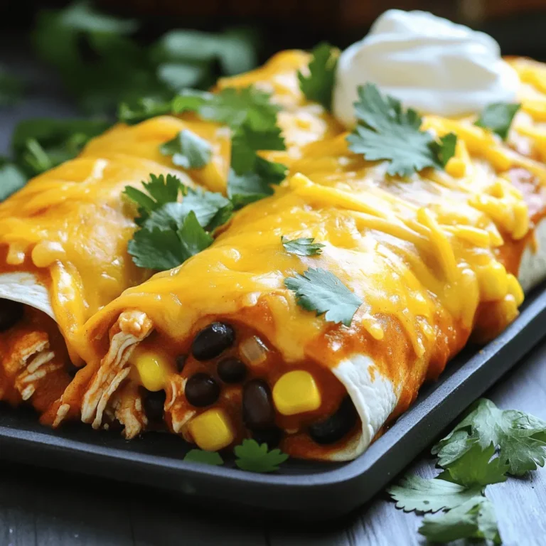 To make easy chicken enchiladas, gather these items: - 2 cups shredded cooked chicken - 1 cup black beans, rinsed and drained - 1 cup corn kernels (fresh or frozen) - 1 cup shredded cheddar cheese - 1/2 cup diced red onion - 1 teaspoon cumin - 1 teaspoon chili powder - 1/2 teaspoon garlic powder - 8 small flour tortillas - 1 cup enchilada sauce (store-bought or homemade) - 1/4 cup chopped cilantro (for garnish) - Sour cream (for serving, optional) I prefer using rotisserie chicken for its flavor and ease. It shreds well and saves time. You can also use leftover grilled chicken or poached chicken. Just ensure it is cooked and shredded beforehand. The flavor of the chicken really shines through in the dish. You can choose store-bought enchilada sauce for quick prep. Look for mild or spicy, depending on your taste. If you have time, making homemade sauce is fun! Blend tomatoes, chili powder, and garlic for a fresh taste. Both options work well and allow you to customize your meal. Check out the full recipe for more details. First, gather all your ingredients. You will need shredded chicken, black beans, corn, and cheese. Also, have your tortillas and enchilada sauce ready. Preheat your oven to 350°F (175°C). This will help cook the enchiladas evenly. In a large bowl, mix the shredded chicken, black beans, corn, 3/4 cup of cheese, diced onion, cumin, chili powder, and garlic powder. Stir until everything blends well. Now, it’s time to fill the tortillas. Take about 1/4 cup of the chicken mixture and place it in each tortilla. Roll them up tightly and lay them seam-side down in a greased 9x13 inch baking dish. Pour the enchilada sauce over the tortillas. Make sure each one is covered. Then, sprinkle the rest of the cheese on top. Cover the dish with aluminum foil. This prevents the enchiladas from getting too brown. Bake them for 20 minutes. After that, take off the foil and bake for 10 more minutes. You want the cheese to be bubbly and golden. Once done, let the dish sit for a few minutes. Garnish with chopped cilantro and serve with sour cream if you like. You can find the Full Recipe to follow these steps easily! One common mistake is overstuffing the tortillas. This can lead to spills during baking. Make sure to use about 1/4 cup of filling per tortilla. Another mistake is not sealing the tortillas. Ensure the seam faces down in the baking dish. Also, avoid skipping the foil cover when baking. This helps the cheese melt without burning. Cooking time can change based on your oven. If your oven runs hot, check the enchiladas early. They should be bubbly and golden. If they need more time, keep them in for a few extra minutes. Use a food thermometer to check that the filling hits 165°F. This ensures your chicken enchiladas are safe to eat. To get that creamy, cheesy taste, use a mix of cheeses. Cheddar adds sharpness while Monterey Jack offers creaminess. Try adding a bit of cream cheese to the filling for extra richness. When you layer the cheese on top, use a generous amount. The cheese will melt and create a delicious crust. {{image_2}} You can easily make vegetarian enchiladas. Start by swapping the chicken for beans. Black beans or pinto beans work great. Use the same spices for flavor. Add veggies like spinach, zucchini, or bell peppers for fun. Use corn tortillas for a gluten-free option. These will be just as tasty and filling. Want some heat? Use spicy chicken! Mix diced jalapeños into the filling. You can also add hot sauce to the enchilada sauce. I love using chipotle seasoning for a smoky kick. If you want more spice, top with sliced fresh jalapeños after baking. Adjust the heat to match your taste. You can make this dish healthier with easy swaps. Use whole wheat tortillas instead of regular ones. This adds fiber and nutrients. Replace some cheese with Greek yogurt for creaminess without fat. You might also use low-sodium black beans and enchilada sauce. These small changes can make a big difference without losing flavor. Check out the Full Recipe for more tasty ideas! After enjoying your Easy Chicken Enchiladas, store any leftovers in an airtight container. This keeps them fresh and tasty. Let the enchiladas cool down first. Then, cover them tightly. This prevents drying out. They can last in the fridge for up to three days. If you have more, consider freezing them. When it's time to eat your leftovers, reheating is key. The best way to reheat enchiladas is in the oven. Preheat your oven to 350°F (175°C). Place the enchiladas in a baking dish. Cover them with foil to keep them moist. Heat for about 15-20 minutes. You can also use the microwave. Heat in short bursts of 30 seconds. Check often to avoid drying them out. If you want to save some enchiladas for later, freezing is a great option. Follow these steps to freeze them well. First, let the enchiladas cool completely. Wrap each one in plastic wrap tightly. Then, place them in a freezer-safe bag or container. Label with the date. They can last up to three months in the freezer. When you're ready to eat, thaw them in the fridge overnight before reheating. Feel free to check the Full Recipe if you want to make more! Yes, you can make enchiladas ahead. Prepare the filling and roll the tortillas. Place them in the baking dish. Cover and chill in the fridge. Bake them the next day. This saves time and keeps flavors fresh. To spice up your enchiladas, add jalapeños or chipotle peppers. You can also use hotter chili powder. Mix these into the chicken filling. Adjust the amount based on your taste. For a quick kick, drizzle hot sauce on top before serving. Many sides pair well with enchiladas. Here are some ideas: - Mexican rice - Refried beans - Guacamole - Salsa - A simple green salad These sides add flavor and color to your meal. Absolutely! This recipe works great for meal prep. You can store leftovers in airtight containers. They keep well in the fridge for up to four days. Reheat them for a quick meal. Or freeze them for later use. Just remember to thaw before baking. For the full recipe, refer to the earlier section. We covered ingredients, cooking steps, and tips for tasty chicken enchiladas. Remember, choose the best chicken and sauce for flavor. Avoid common mistakes to get a creamy, cheesy dish. You can also explore variations, like vegetarian options or spicier versions. Store leftovers properly and know how to reheat for great taste. With these tips, you can make perfect enchiladas anytime. Enjoy your cooking journey!