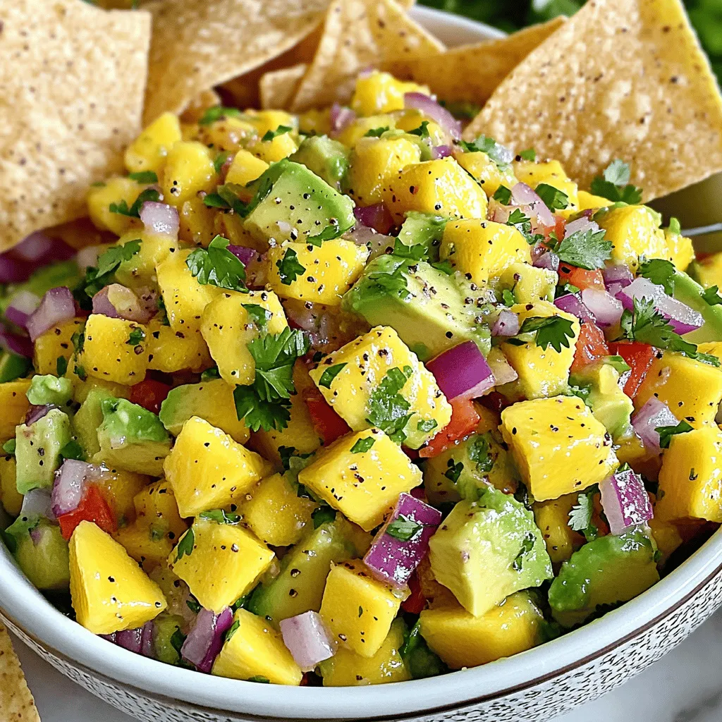 To make this fresh and tasty dip, you will need: - 1 large ripe mango, diced - 2 ripe avocados, diced - 1 small red onion, finely chopped - 1 red bell pepper, finely chopped - 1 jalapeño pepper, deseeded and minced - 1/4 cup fresh cilantro, chopped - Juice of 2 limes - Salt and pepper to taste - 1 tablespoon olive oil These ingredients blend together for a colorful and vibrant salsa. The mango gives a sweet touch, while the jalapeño adds a bit of kick. If you can’t find one of the key ingredients, here are some swaps: - Mango: Use peach or pineapple for a different fruit flavor. - Avocado: Try using diced cucumber for a lighter option. - Red onion: Yellow onion or green onion works well, too. - Jalapeño: Use a bell pepper for no heat or a serrano for more spice. - Cilantro: If you dislike cilantro, parsley is a good substitute. These substitutions keep the salsa fresh while allowing you to adapt to what you have. When picking mangoes, look for fruit that gives slightly when pressed. They should smell sweet and fragrant. Choose avocados that are dark green and yield to gentle pressure. Avoid ones with dark spots or wrinkles. For the best flavor, use ripe fruit in your salsa. Always taste your fruits first; they set the tone for the whole dish. If you want the full recipe, check out the Mango Avocado Salsa Delight 🥭🥑. To make mango avocado salsa, start with fresh ingredients. Begin by dicing one large ripe mango. Make sure it is sweet and juicy. Next, take two ripe avocados and dice them. Use a sharp knife to slice carefully. In a large mixing bowl, combine the diced mango and avocado. Then, finely chop one small red onion and add it to the bowl. For a touch of color, finely chop one red bell pepper. Next, take one jalapeño pepper. Remove the seeds and mince it. Add this to the mix, adjusting for your spice level. Now, chop a quarter cup of fresh cilantro. Toss it in for a burst of flavor. Squeeze the juice from two limes over the mixture. This adds brightness and balances the sweetness. Drizzle in one tablespoon of olive oil. Gently toss everything together without mashing the avocados. Season with salt and pepper to taste. Let the salsa sit for about ten minutes. This helps the flavors mix well. For the full recipe, refer to the previous section. Dicing fruits and vegetables can be easy with the right method. First, always use a sharp knife. A dull knife can slip and cause accidents. Start by cutting off the ends of the fruit. This creates a flat surface for safety. When dicing mango, slice around the pit. Use your knife to score the flesh in a grid pattern. Then, scoop out the pieces with a spoon. For avocados, cut in half and remove the pit. Use a spoon to scoop out the flesh. For onions and bell peppers, slice them into strips first. Then, chop across the strips to create small pieces. Keep the pieces uniform for even mixing and cooking. To enhance the flavor of your salsa, consider adding extra ingredients. A dash of cumin can give it a warm, earthy taste. For a zesty kick, add a splash of apple cider vinegar. If you like a fresh twist, try adding diced pineapple or mango. This adds sweetness and pairs well with the avocado. For a more savory bite, consider adding diced tomatoes or corn. Experiment with fresh herbs too. Chopped mint or basil can bring unique flavors. Remember to taste as you go. Adjust the lime juice, salt, and pepper as needed. This will ensure your mango avocado salsa is just right. When you serve mango avocado salsa, presentation matters. Use a bright bowl to show off the colors. Garnish with more cilantro on top for a fresh look. Serve it with crispy tortilla chips. You can also top grilled chicken or fish for added flavor. Keep it chilled before serving for the best taste. To boost the flavor of your salsa, try adding more herbs. Fresh mint adds a nice twist. For extra crunch, mix in diced cucumber. A dash of honey can enhance the sweetness of the mango. If you love spice, add more jalapeño or even a pinch of cayenne pepper. These simple tweaks can make your salsa stand out. Avoid over-mashing the avocados. You want them to stay chunky for texture. Don’t skip the lime juice; it brightens the flavors. If you add too much salt, it can overpower the dish. Always taste as you go. Lastly, let your salsa sit for a bit. This allows the flavors to blend nicely. For the full recipe, check out the Mango Avocado Salsa Delight 🥭🥑. {{image_2}} You can add different fruits to your salsa for a twist. Pineapple and papaya work great. Both fruits bring sweetness and a tropical vibe. Try mango with diced pineapple for a fruity explosion. You could also mix in kiwi for a tangy touch. Each fruit adds unique flavors that keep your salsa fresh and exciting. Adjust the heat in your salsa for your taste. If you like it mild, skip the jalapeño. Instead, use a sweet bell pepper for a crunch. If you want more heat, add a serrano pepper. You can also try a sprinkle of cayenne pepper for an extra kick. Experimenting with heat makes the salsa more personal and fun. For a creamy twist, mash one avocado and mix it in. This gives the salsa a smooth texture. You can also add Greek yogurt or sour cream for creaminess. These additions make the salsa rich and satisfying. Use this creamy version as a dip or spread for wraps and sandwiches. Enjoy your Mango Avocado Salsa Delight! For the complete recipe, check the Full Recipe. To keep your leftover salsa fresh, put it in an airtight container. This helps keep air out and stops it from going bad. Store the container in the fridge. Leftover salsa will stay good for 2 to 3 days. Make sure to check it before using. You can freeze salsa for longer storage. Use a freezer-safe container or a plastic bag. Just leave some space for expansion. Salsa can last up to three months in the freezer. When you're ready to use it, defrost it in the fridge overnight. Look for signs of spoilage in your salsa. If you see mold, throw it away. If it smells off or looks watery, it's best not to eat it. To keep your salsa fresh, eat it within a few days and store it well. Always taste a little before using. For more details, check out the Full Recipe. Yes, you can make Mango Avocado Salsa ahead of time. However, the avocados may brown. To slow this down, add lime juice to the mix. You can prepare the salsa a few hours before serving. Just keep it in the fridge. Mix it gently before serving to freshen it up. Mango Avocado Salsa goes great with many dishes. Here are some ideas: - Grilled chicken or fish - Tacos or burritos - Tortilla chips - Salads - Rice bowls This salsa adds a fresh taste to any meal. It brightens up simple dishes and makes them special. Yes, Mango Avocado Salsa is a healthy choice. It is full of nutrients. Mangoes provide vitamins A and C. Avocados offer healthy fats, good for your heart. This salsa is low in calories and full of fiber. You can enjoy it guilt-free as a dip or topping. For the full recipe, check out Mango Avocado Salsa Delight 🥭🥑. In making Mango Avocado Salsa, we covered everything from ingredients to storage. You learned about choosing the best mangoes and avocados, and how to prepare them. I shared tips on serving and avoiding mistakes. The variations allow you to get creative with flavors and heat levels. Lastly, I discussed storage options to keep your salsa fresh. Enjoy this bright salsa with your meals, and feel free to experiment!