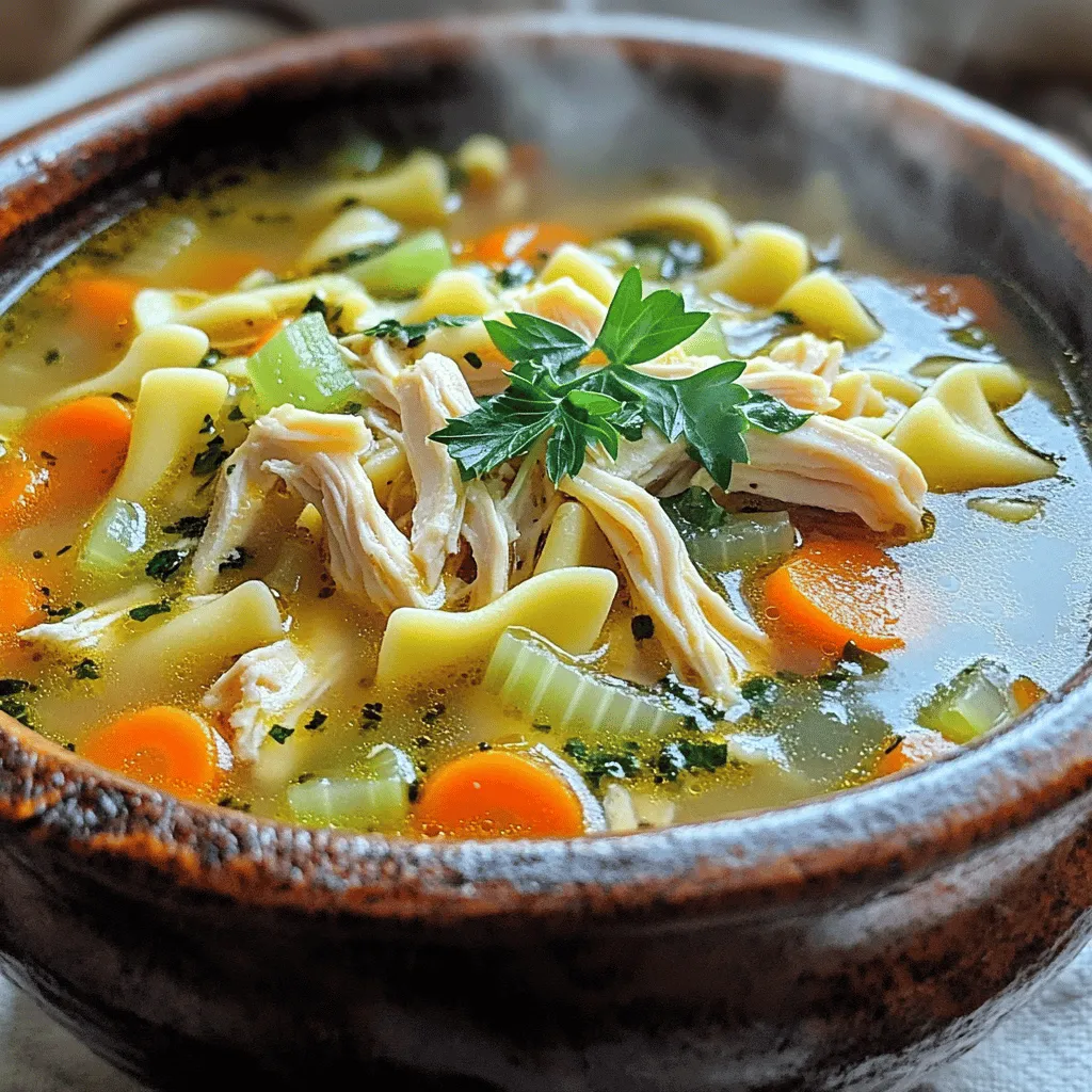 To make a tasty bowl of Classic Chicken Noodle Soup, gather these required ingredients: - 1 tablespoon olive oil - 1 medium onion, diced - 2 carrots, sliced - 2 celery stalks, sliced - 3 garlic cloves, minced - 8 cups low-sodium chicken broth - 2 cups cooked chicken, shredded (preferably rotisserie) - 2 cups egg noodles - 1 teaspoon dried thyme - 1 teaspoon dried rosemary - Salt and pepper to taste - 1 cup fresh spinach (optional) - Fresh parsley, chopped (for garnish) These ingredients work together to create a warm, hearty meal. The olive oil helps cook the vegetables evenly. The onion, carrots, and celery form a solid base. Garlic adds a nice punch of flavor. Chicken broth brings depth and comfort. The cooked chicken makes it filling and satisfying. Egg noodles soak up the broth and add a great texture. Using dried thyme and rosemary enhances the soup’s aroma and taste. Salt and pepper finish it off perfectly. You can even add fresh spinach for a pop of color and added nutrients. Finally, a sprinkle of parsley gives your soup a fresh look and flavor. For the complete cooking process, check the Full Recipe. You’ll see how each ingredient joins to make this classic dish special. - Heat 1 tablespoon of olive oil in a large pot over medium heat. - Add 1 medium diced onion, 2 sliced carrots, and 2 sliced celery stalks. - Sauté these vegetables for about 5 minutes. They should soften and the onion will turn clear. - Now, stir in 3 minced garlic cloves. Cook for 1 minute until you smell the garlic. - Next, pour in 8 cups of low-sodium chicken broth. Bring this mixture to a boil. - Once the broth is boiling, turn the heat down to a simmer. - Add 2 cups of shredded cooked chicken and 2 cups of egg noodles. - Sprinkle in 1 teaspoon of dried thyme, 1 teaspoon of dried rosemary, and season with salt and pepper. - Let the soup cook for about 10 to 12 minutes. The noodles should be firm but not hard. - If you want, add 1 cup of fresh spinach. Cook for an extra 2 to 3 minutes until it wilts. - Taste the soup and adjust the seasoning as needed. - Serve the soup hot. Garnish it with fresh parsley for a nice touch. For the full recipe, check the details above. Enjoy this classic chicken noodle soup! To make great chicken noodle soup, start by choosing the right chicken. I recommend using rotisserie chicken. It’s already cooked, and it adds rich flavor. You can also use raw chicken. Just cook it in the broth first for extra taste. Next, let's talk about broth. A flavorful broth is key. Use low-sodium chicken broth. This lets you control the salt. Add in fresh herbs like thyme and rosemary. They boost flavor without extra calories. Let the broth simmer to bring all the flavors together. One common mistake is overcooking the noodles. Keep an eye on them during cooking. You want them al dente, not mushy. Add the noodles in the last few minutes of cooking. This keeps them firm and tasty. Another mistake is skipping seasoning. Don’t forget to add salt and pepper during cooking. Taste your soup as you go. Adjust the seasoning until it’s just right. This makes a huge difference in flavor. Using the right tools can make cooking easier. A large pot is best for this soup. It allows for plenty of room to cook all the ingredients. A good knife helps chop the vegetables quickly and safely. A wooden spoon is also helpful for stirring. It won’t scratch your pot and helps mix everything well. Finally, store leftovers in airtight containers. This keeps your soup fresh for the next meal. For the Full Recipe, check out the complete steps above. {{image_2}} You can make simple changes to make your soup healthier. For gluten-free options, choose rice noodles or gluten-free pasta. These swaps keep the soup tasty without the gluten. Adding leafy greens is another great idea. Spinach or kale adds nutrients and color. Toss them in during the last few minutes of cooking for a fresh touch. To boost flavor, try different herbs and spices. Fresh dill or basil can add a nice twist. You can also use a pinch of red pepper flakes for a touch of heat. Another option is to squeeze in some lemon juice. This adds brightness and zest to your soup. Just a little goes a long way. If you want to switch up the protein, consider turkey or even vegetable broth. Turkey gives a rich flavor and works great in this dish. For a plant-based option, add beans or tofu. They provide protein and make the soup hearty. This way, you can enjoy a meal that fits your diet. Check out the Full Recipe for more ideas! To store leftovers of Classic Chicken Noodle Soup, let it cool down first. Then, pour it into a clean container. Make sure to cover it tightly. This soup stays good in the fridge for about three to four days. Always check for off smells or changes in color before eating. To freeze your soup, use freezer-safe containers. Allow the soup to cool completely. Divide it into portions to make reheating easy later. Seal the containers well to prevent freezer burn. When ready to eat, thaw it in the fridge overnight. Reheat on the stove or in the microwave until hot. Stir often to heat evenly. Glass or plastic containers work well for storing soup. Choose containers that are airtight. This keeps the soup fresh longer. It’s also smart to label each container with the date. This way, you know when to use it by. The best way to reheat chicken noodle soup is on the stove. Pour the soup into a pot and heat it over medium heat. Stir it often to prevent sticking. Heat until it is warm all the way through. You can also use a microwave. Place soup in a bowl, cover it, and heat in short bursts. Stir in between to ensure even heating. Yes, you can make Classic Chicken Noodle Soup ahead of time. It tastes even better the next day! Make the soup and cool it down. Then, store it in an airtight container in the fridge. It will stay fresh for about three to four days. Just remember to reheat it well before serving. To make chicken noodle soup in a slow cooker, start by adding all the ingredients except the noodles. This includes the chicken, broth, veggies, and seasonings. Cook on low for six to eight hours or on high for three to four hours. Add the noodles during the last 30 minutes of cooking. This keeps them from getting mushy. Absolutely! Using rotisserie chicken is a great shortcut. Just shred the meat and add it to the soup. It saves time and adds a nice flavor. You can use leftover chicken from a store-bought rotisserie or any cooked chicken you have on hand. Chicken noodle soup pairs well with many sides. Try fresh bread or dinner rolls for dipping. A simple green salad adds freshness too. You can also serve crackers or a light sandwich. These options complement the soup and make for a hearty meal. For more ideas, check out the Full Recipe! Classic chicken noodle soup is simple and warm. We covered all the must-have ingredients, like olive oil and vegetables. You learned step-by-step how to make it, from sautéing to seasoning. Avoid common mistakes and use helpful tips for the best taste. Remember to explore fun variations or healthy swaps. Proper storage keeps leftovers fresh longer. You can even reheat it quickly. With these insights, you can create a delicious soup any time. Enjoy the warmth and comfort this dish brings to your table.