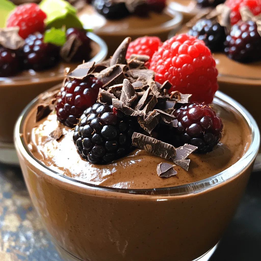 - Ripe avocados - Unsweetened cocoa powder - Maple syrup or honey - Almond milk (or milk of choice) - Vanilla extract - Sea salt - Optional garnish: dark chocolate shavings, fresh berries