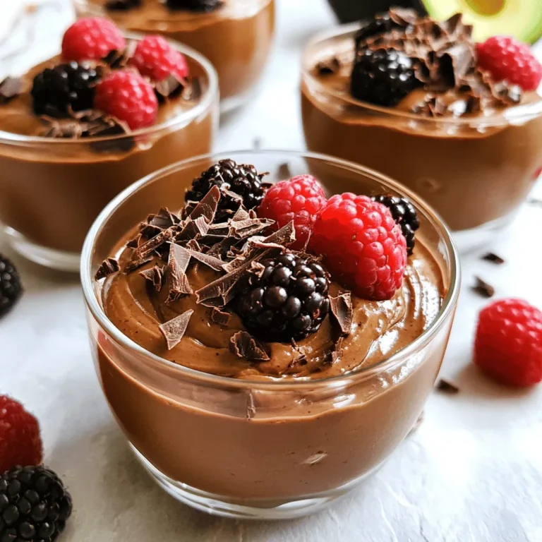 - Ripe avocados - Unsweetened cocoa powder - Maple syrup or honey - Almond milk (or milk of choice) - Vanilla extract - Sea salt - Optional garnish: dark chocolate shavings, fresh berries