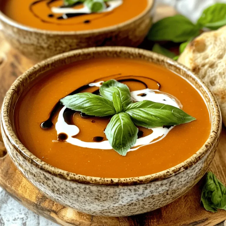 - 2 tablespoons olive oil - 1 medium onion, chopped - 4 cloves garlic, minced - 1 can (28 ounces) crushed tomatoes - 2 cups vegetable broth - 1 teaspoon sugar - 1 teaspoon dried oregano - Salt and pepper to taste - 1 cup heavy cream (or coconut cream for dairy-free) - 1/2 cup fresh basil leaves, chopped - Optional: A drizzle of balsamic glaze for serving For a rich and flavorful Creamy Tomato Basil Soup, you'll need these simple ingredients. Each one plays an important role in creating that comforting taste we all love. The olive oil helps to start the cooking process, adding depth to the soup. The onion and garlic bring a savory base that makes your kitchen smell amazing. Crushed tomatoes are the star of this dish. They give the soup its signature red color and sweet flavor. The vegetable broth adds layers of taste and helps create the perfect texture. A touch of sugar balances the acidity of the tomatoes, while dried oregano adds an earthy flavor. Don't forget salt and pepper! They are key to making the flavors pop. The heavy cream or coconut cream brings a creamy richness that makes the soup indulgent. Lastly, fresh basil adds a bright, aromatic finish. You can also drizzle balsamic glaze over your soup for a sweet and tangy touch. This simple addition can elevate your dish in seconds. Now you have a clear picture of what you'll need to make this delightful soup. For the full recipe, follow the steps that guide you through each part of the cooking process. Enjoy! To start, heat 2 tablespoons of olive oil in a large pot over medium heat. Once hot, add 1 chopped onion. Cook it for about 5 to 7 minutes until it is soft and clear. Next, stir in 4 minced garlic cloves. Cook this for another 1 to 2 minutes until it smells great. Now, pour in 1 can of crushed tomatoes and 2 cups of vegetable broth. Stir everything together. Add in 1 teaspoon of sugar, 1 teaspoon of dried oregano, and salt and pepper to taste. Bring the mixture to a simmer. Let it cook for around 15 minutes. This helps all the flavors blend well. After simmering, it’s time to blend the soup. I prefer using an immersion blender. It’s easy and quick. Just blend the soup right in the pot until it is smooth. If you don’t have one, you can use a standard blender. But, be careful! Blend in small batches to avoid spills. Once blended, pour the soup back into the pot if you used a standard blender. Stir in 1 cup of heavy cream for that creamy texture. Heat it gently on low until warm. Finally, fold in 1/2 cup of chopped fresh basil. This adds a fresh flavor right before serving. Adjust the seasoning if you need to. Now, your soup is ready to enjoy! Check out the Full Recipe for all the details. To make your creamy tomato basil soup even tastier, try adding a few spices and herbs. Here are some ideas: - Red pepper flakes: Add a pinch for heat. - Fresh thyme: A few sprigs can bring depth. - Smoked paprika: This gives a nice smoky flavor. - Bay leaf: Add while simmering for extra aroma. - Parmesan cheese: Stir in for a rich, savory taste. These additions can transform your soup into something special! How you serve the soup matters. Here’s how to make it look great: - Use warm bowls to keep the soup hot. - Garnish with fresh basil leaves on top. - Drizzle heavy cream in a swirl for elegance. - Serve with crusty bread on the side. - Add a drizzle of balsamic glaze for a pop of color. These tips make your dish appealing and inviting. Watch out for these common mistakes while making your soup: - Don’t skip the sautéing step. This builds flavor. - Make sure to blend the soup well. A smooth texture is key. - Avoid overcooking the basil. Add it at the end. - Taste and adjust seasoning as needed. A little salt can enhance flavors. Being mindful of these points helps you create the best soup. For the complete recipe, check out the Full Recipe. {{image_2}} To make a vegan version of creamy tomato basil soup, swap the heavy cream for coconut cream. Coconut cream gives a rich texture while keeping it plant-based. You can also use cashew cream. To make cashew cream, soak raw cashews in water for a few hours, then blend them with a bit of water until smooth. This adds a nice creaminess without dairy. Want to boost the nutrition? Add veggies like carrots or bell peppers. Chop them small and sauté them with the onions at the start. This adds color and flavor. You could also try adding spinach or kale for extra greens. Just stir them in right before serving so they stay fresh. Pair your soup with crusty bread or a warm baguette. A grilled cheese sandwich makes a tasty side too. For a twist, serve it with garlic bread or a fresh salad. Drizzle a bit of balsamic glaze on top for an extra touch of flavor. This makes your soup look great and taste even better. To store leftover creamy tomato basil soup, let it cool first. Pour the soup into an airtight container. This helps keep it fresh. Place the container in the fridge. It is best to use the soup within 3-4 days. For longer storage, you can freeze it. Use freezer-safe bags or containers. Leave some space at the top. The soup will expand as it freezes. When reheating, you want to keep the soup tasty. The best way is to use a pot on the stove. Heat it over low to medium heat. Stir often to avoid sticking. You can also use a microwave. Transfer the soup to a microwave-safe bowl. Heat in short bursts, stirring in between. This helps keep the creamy texture. In the fridge, your creamy tomato basil soup lasts about 3-4 days. If you freeze it, it stays good for up to 3 months. Just remember to label your container with the date. This way, you know when to use it. Enjoy it warm, and you'll love the fresh taste every time! You can easily make this soup dairy-free by using coconut cream instead of heavy cream. Coconut cream gives a rich and smooth texture. You can also use cashew cream or almond milk. To make cashew cream, blend soaked cashews with water until smooth. This keeps your soup creamy without dairy. Yes, you can use fresh tomatoes! For this soup, use about 2 pounds of ripe tomatoes. First, blanch them in boiling water for about 30 seconds. Then, cool them in ice water to peel easily. Chop them up and add them to the pot. You might need to adjust the broth since fresh tomatoes can be juicier and require less liquid. This soup pairs well with many sides. You can serve it with grilled cheese sandwiches for a classic combo. A fresh salad also makes a nice addition. Consider crusty bread or garlic bread for dipping. For a gourmet touch, top the soup with croutons or a drizzle of balsamic glaze. Yes! This soup tastes even better after a day in the fridge. Make it, let it cool, and then store it in an airtight container. To reheat, warm it gently on the stove. Stir well and adjust seasoning if needed. This makes it great for meal prep or when hosting friends. For the full recipe, check the previous section. This post covered a delicious Creamy Tomato Basil Soup. We discussed key ingredients like olive oil, garlic, and fresh basil. You learned step-by-step instructions, blending techniques, and helpful tips to enhance flavor. Variations show the soup can fit anyone's needs, whether vegan or with added veggies. Lastly, I shared safe storage methods and answered common questions. In conclusion, making this soup is simple and fun. Enjoy experimenting with flavors and serving it your way. You’ll have a dish that warms hearts and brings smiles.