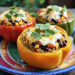 - Large bell peppers (any color) - Quinoa or alternative grains - Protein options: black beans, ground meat, or lentils - Vegetables: corn, onions, and tomatoes - Spices and herbs: cumin, smoked paprika, chili powder When making stuffed bell peppers, the ingredients matter. First, choose large bell peppers. They come in many colors, like red, yellow, and green. Each color adds its own unique flavor. Next, you need a base. I often use quinoa, but you can switch it out for rice or couscous if you prefer. Protein is key too. Black beans are great for a veggie option. If you want meat, ground beef or turkey works well. Lentils are a fantastic choice for a hearty, plant-based dish. Don’t forget the veggies! Corn adds sweetness, while onions bring depth. Tomatoes keep everything moist and flavorful. For spices, cumin gives warmth. Smoked paprika adds a nice, smoky taste, while chili powder brings heat. These flavors blend perfectly in each bite. This mix creates a meal that feels both cozy and exciting, perfect for any dinner! You can find the full recipe above to guide you through all these delicious elements. First, boil vegetable broth in a medium saucepan. Once it boils, add 1 cup of rinsed quinoa. Lower the heat, cover, and let it simmer for 15 minutes. When done, fluff the quinoa with a fork and set it aside. Next, prepare the bell peppers. Cut off the tops and remove the seeds and membranes. Brush the outside of the peppers lightly with olive oil. Stand them upright in a baking dish. In a large skillet, heat 2 tablespoons of olive oil over medium heat. Add the diced red onion and sauté for about 3-4 minutes. Cook until the onion is soft and translucent. Then add the minced garlic and cook for one more minute to get that great smell. Now, stir in black beans, corn, diced tomatoes, and cooked quinoa. Add spices: cumin, smoked paprika, chili powder, salt, and pepper. Mix it well and let it cook for 5-7 minutes. This step helps all the flavors blend nicely. Remove the skillet from heat and stir in half of the shredded cheese. It's time to stuff the peppers! Spoon the filling into each pepper, packing it in lightly. Don't overstuff, but make sure they are generous. Now sprinkle the remaining shredded cheese on top of each stuffed pepper. Cover the baking dish with aluminum foil and bake in a preheated oven at 375°F (190°C) for 25 minutes. After that, take off the foil and bake for another 10-15 minutes. The peppers should be tender and the cheese bubbly and golden. Once done, let the stuffed peppers cool for a few minutes. Garnish them with freshly chopped cilantro before serving. This gives a nice touch. Enjoy your flavorful and nutritious meal! For the full recipe, refer to the “Vibrant Fiesta Stuffed Bell Peppers” section. When picking bell peppers, color matters. Green peppers are slightly bitter. Red, yellow, and orange peppers are sweet and fruity. Each color brings its own taste, so choose what you like best. To select ripe peppers, look for smooth skin. They should feel firm and heavy for their size. Avoid any with soft spots or wrinkles. Fresh peppers have bright colors. If they look dull, skip them. You can adjust flavors in your stuffed peppers to fit your taste. Want more spice? Add chili powder or jalapeños. Prefer it milder? Use less seasoning. Taste as you mix and adjust to your liking. To ensure even cooking, make sure your peppers are similar in size. Place them upright for better heat distribution. Cover the dish with foil for the first part of baking. This helps them cook through without burning. For a beautiful presentation, sprinkle fresh herbs on top. Enjoy your vibrant fiesta stuffed bell peppers! Check out the Full Recipe for more details. {{image_2}} You can get creative with the filling for stuffed bell peppers. Here are some tasty ideas: - Meat-based stuffing ideas: Use ground beef, turkey, or chicken. These meats add rich flavor and protein. You can brown the meat before mixing it with other ingredients. - Vegetarian and vegan stuffing options: Try using quinoa, lentils, or chickpeas. These options are healthy and filling. Add diced vegetables like zucchini, mushrooms, or spinach for extra nutrients. You can also include spices and herbs for added flavor. Exploring different flavors can make your stuffed peppers exciting. Here are some profiles to try: - Mediterranean flavors: Use feta cheese and olives. Add herbs like oregano or basil for a fresh taste. This combination brings a taste of Greece to your table. - Mexican-inspired: Mix in salsa and jalapeños. This will give your dish a spicy kick. Consider adding corn and black beans for a complete meal. Both options can turn a simple dish into a fiesta. Feel free to mix and match these ideas to find your favorite flavor combinations. They can make your stuffed bell peppers shine. For the full recipe, check out the Vibrant Fiesta Stuffed Bell Peppers. To keep your stuffed peppers fresh, store them in the fridge. Place them in an airtight container. This way, they stay tasty for up to three days. If you want to save them longer, freezing is a great option. Wrap each pepper in plastic wrap, then put them in a freezer-safe bag. They can last up to three months in the freezer. When it's time to eat your leftovers, you want them to taste great. The best way to reheat stuffed peppers is in the oven. Preheat your oven to 350°F (175°C). Place the peppers in a baking dish and cover with foil. This keeps them moist. Heat for about 20-25 minutes, or until warmed through. You can also use a microwave if you're in a hurry. Just place a pepper on a microwave-safe plate. Heat it for 2-3 minutes, checking often to avoid overcooking. When serving leftover stuffed peppers, try adding a fresh garnish. A sprinkle of cilantro or a squeeze of lime juice can brighten the dish. You can also serve them with a side salad for a full meal. For more ideas, check out the Full Recipe! You can change the grains and proteins in your stuffed peppers. Instead of quinoa, try brown rice or farro for a different texture. You can also use lentils for a plant-based option. For protein, ground turkey or beef works well. Mix and match to suit your taste! Adding different spices can also change the flavor. Consider Italian herbs or curry spices to create unique dishes. Yes, you can prepare stuffed peppers in advance. You can cook the filling and stuff the peppers a day before. Just keep them in the fridge and bake them later. If you want to freeze them, assemble the stuffed peppers without baking. Place them in an airtight container and freeze. When you’re ready to eat, bake them straight from the freezer, adding extra time to the cooking. To balance your meal, pair stuffed peppers with fresh salads or roasted veggies. A simple green salad with vinaigrette works great. Roasted zucchini or asparagus adds color and nutrition. You can also serve whole grain bread or a light soup. These sides keep your meal healthy and satisfying. Stuffed bell peppers are versatile and delicious. We explored key ingredients like quinoa and protein, then laid out easy steps for cooking. You learned how to choose the best peppers and tried different filling options for variety. Proper storage tips keep your leftovers fresh. Customizing your dish can make it even better. Whether you prefer meat or veggie, these peppers can please everyone. Make this dish and enjoy your flavorful and balanced meal!