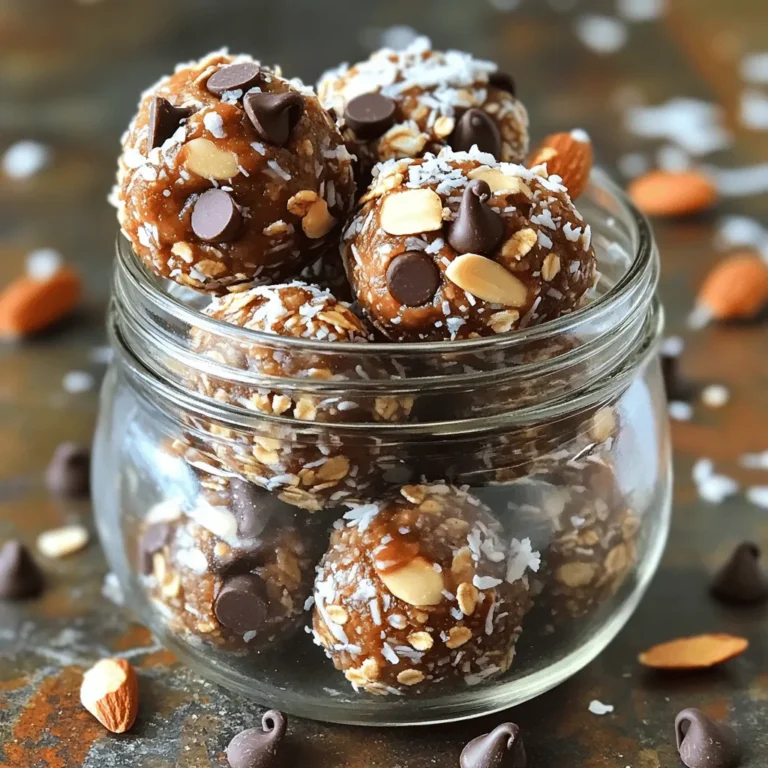 To whip up these tasty bites, gather the following ingredients: - 1 cup almond butter - 1/2 cup rolled oats - 1/2 cup shredded coconut (unsweetened) - 1/4 cup honey or maple syrup - 1/4 cup dark chocolate chips - 1/4 cup chopped almonds - 1 teaspoon vanilla extract - A pinch of sea salt These ingredients come together to create a sweet and crunchy snack. Each bite bursts with the classic flavors of almond joy. If you have allergies, don't worry! You can swap ingredients easily. For nut allergies, use sunbutter or soy nut butter instead of almond butter. If you need a gluten-free option, make sure to choose gluten-free oats. You can also replace honey with agave syrup for a vegan-friendly treat. Using high-quality ingredients makes a big difference. Fresh almond butter has a rich taste that enhances the bites. Unsweetened coconut gives a natural sweetness without added sugars. Look for dark chocolate with at least 70% cocoa for a rich flavor and health benefits. High-quality ingredients lead to delicious results, making every bite worth it. Start by gathering all your ingredients. You need almond butter, rolled oats, shredded coconut, honey or maple syrup, dark chocolate chips, chopped almonds, vanilla extract, and sea salt. Make sure everything is at room temperature. This helps the mixing process. In a large mixing bowl, combine the almond butter, rolled oats, shredded coconut, and honey or maple syrup. Add a teaspoon of vanilla extract and a pinch of sea salt. Mix all the ingredients until they blend well. You want a sticky mixture that holds together. Next, fold in the dark chocolate chips and chopped almonds. This step ensures even flavor in each bite. Once your mixture is ready, it’s time to shape the energy bites. Scoop out about a tablespoon of the mix. Roll it between your hands to form a ball. Repeat this until you use all the mixture. Place each ball on a parchment-lined baking sheet. After shaping, refrigerate the bites for at least 30 minutes. This helps them firm up. Store them in an airtight container in your fridge for up to a week. Enjoy your Almond Joy Energy Bites as a quick snack or a fun treat! Store your Almond Joy Energy Bites in an airtight container. They stay fresh for a week in the fridge. If you want to keep them longer, freeze them for up to three months. Just make sure to separate them with parchment paper. This prevents them from sticking together. These energy bites work great as a snack or dessert. Serve them in a bowl at parties or pack them for lunch. You can also stack them in a glass jar for a fun display. Add a few extra chocolate chips or almonds on top for flair. Your friends and family will love these tasty bites! Mix in different ingredients for fun twists. Try adding dried fruit like cranberries or cherries. You can also swap almond butter for peanut butter if you prefer. For a spicier kick, add a pinch of cinnamon or nutmeg. Each change makes the bites unique and exciting! For the full recipe, check out the details above. {{image_2}} Each Almond Joy Energy Bite has about 120 calories. This makes them a great snack. You can enjoy them without guilt. If you eat two, that's 240 calories, which is still reasonable. These bites are perfect for a quick pick-me-up. Each bite packs about 3 grams of protein. The almond butter and chopped almonds add healthy fats. They also have 5 grams of sugar, mainly from honey or maple syrup. Plus, you get about 2 grams of fiber. This fiber helps keep you full longer. - Almond Butter: It's rich in vitamin E and magnesium. It helps with heart health. - Rolled Oats: They provide lasting energy and are good for digestion. - Shredded Coconut: This adds healthy fats and can boost energy. - Dark Chocolate Chips: They offer antioxidants and can improve mood. - Chopped Almonds: They add crunch and extra nutrients. These bites are not just tasty; they are good for you too. For the full recipe, check out the section above! You can customize your Almond Joy Energy Bites easily. Try adding different ingredients to change the flavor. For a nutty twist, mix in some peanut butter or cashew butter. If you love fruit, add dried cranberries or raisins. Want a spicier kick? A pinch of cinnamon or a dash of cayenne can do wonders. You can also swap dark chocolate chips for white chocolate for a sweeter bite. Making these bites vegan is simple. Just replace honey with maple syrup. For a gluten-free option, ensure you use certified gluten-free oats. This way, you can enjoy these bites while following your dietary needs. You can also try using coconut flour instead of oats for a different texture. You can easily change how sweet your energy bites are. If you want them less sweet, cut back on the honey or maple syrup. You could also use a sugar substitute like stevia or monk fruit. For a sweeter taste, add more chocolate chips or use sweetened coconut flakes. Taste as you mix to find your perfect sweetness. These adjustments let you create a treat that fits your taste and dietary needs. Feel free to explore, and enjoy each bite! If you want the full details, check out the Full Recipe. Almond Joy Energy Bites last up to a week in the fridge. Store them in an airtight container to keep them fresh. They make a great snack for busy days or a quick boost before workouts. Yes, you can freeze these energy bites. Place them in a freezer-safe bag or container. They will stay good for about three months. Just thaw them in the fridge before you enjoy them again. You can use peanut butter or sunflower seed butter as substitutes for almond butter. Both options work well and add tasty flavors. Choose based on your preference or any allergies. In this post, I covered how to make Almond Joy Energy Bites, focusing on quality ingredients and simple steps. I shared tips for storage, serving, and adjusting flavors to suit your taste. These bites not only taste great, but they also offer health benefits. Whether you're cooking for friends or just for you, these snacks are easy and fun to make. I hope you enjoy experimenting with different variations and flavors as much as I do!