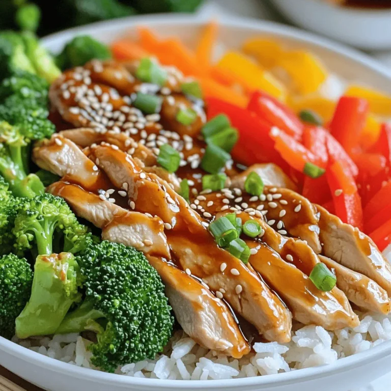 To make delicious teriyaki chicken bowls, you need the right ingredients. Here’s what you'll use: - 1 lb (450g) chicken breast, thinly sliced - 1 cup broccoli florets - 1 cup bell pepper (any color), sliced - 1/2 cup carrot, julienned - 1 cup cooked jasmine rice - 1 tablespoon sesame oil - 1 tablespoon olive oil These main ingredients are key to creating a tasty meal. The chicken gives protein, while the veggies add color and crunch. Jasmine rice provides a nice base, soaking up the flavors. The teriyaki sauce makes this dish shine. You will need: - 3 tablespoons soy sauce (low sodium) - 2 tablespoons honey - 1 tablespoon rice vinegar - 1 teaspoon ginger, minced - 1 garlic clove, minced - 1 tablespoon cornstarch mixed with 2 tablespoons water (slurry) This sauce blends sweet and salty. The ginger and garlic enhance the flavor, making it fragrant. To make your bowls look special, add these garnishes: - Sesame seeds - Green onions, chopped These not only look great but also add extra taste. A sprinkle of sesame seeds makes a lovely crunch, while green onions bring a fresh bite. Now you have all the ingredients you need for a simple yet flavorful meal. For the full recipe, check the detailed instructions to bring it all together. To make the teriyaki sauce, start by whisking together these ingredients in a bowl: - 3 tablespoons soy sauce (low sodium) - 2 tablespoons honey - 1 tablespoon rice vinegar - 1 teaspoon minced ginger - 1 minced garlic clove - 1 tablespoon sesame oil This mix gives your dish a sweet and salty flavor. After combining, set aside half of the sauce in another bowl. You’ll use this later for extra flavor. Next, heat 1 tablespoon of olive oil in a large skillet or wok over medium-high heat. Once the oil is hot, add 1 pound of thinly sliced chicken breast. Cook for about 5 to 7 minutes. Stir the chicken often. You want it to be cooked through and slightly brown for the best taste. Now it’s time to add veggies! Toss in 1 cup of broccoli, 1 cup of bell pepper, and 1/2 cup of julienned carrots to the skillet. Stir-fry them with the chicken for about 3 to 4 minutes. The veggies should be tender but still crisp. When the veggies are ready, pour the reserved teriyaki sauce over the chicken and vegetables. Bring this mixture to a simmer. To thicken the sauce, add 1 tablespoon of cornstarch mixed with 2 tablespoons of water, stirring continuously. Cook for an additional 2 to 3 minutes. The sauce should coat everything nicely. Now you are ready to assemble your Teriyaki Chicken Bowls! Check the [Full Recipe] for more details. For the best results, use a large skillet or wok. These pans heat evenly and allow for easy stirring. Cook the chicken and veggies over medium-high heat. This temperature helps the chicken cook through and brown nicely without burning. Always use fresh ingredients when possible. Fresh ginger and garlic bring a bright flavor. Dried ingredients can work in a pinch, but they lack the same punch. Adjust the sweetness and saltiness of the sauce to suit your taste. If you want it sweeter, add more honey. For more saltiness, increase the soy sauce. Plating your teriyaki chicken bowl can make a big difference. Start with a base of jasmine rice. Arrange the chicken and veggies on top in a colorful way. For garnishing, sprinkle sesame seeds and chopped green onions. This adds a nice touch and makes the meal look inviting. {{image_2}} You can switch out chicken for other proteins. Tofu is a great choice for a plant-based meal. It soaks up flavors well. Shrimp also cooks fast and adds a nice touch. For veggies, try snap peas or zucchini. These choices give a different taste and texture. You can even mix in mushrooms for an earthy flavor. Each combination can change your bowl completely. You can make the teriyaki sauce fit your needs. Use tamari instead of soy sauce for a gluten-free option. If you want heat, add some chili flakes or sriracha. This will give your dish a spicy kick. Feel free to add garlic powder or sesame seeds to the sauce. These small tweaks can enhance the overall flavor and make it your own. Rice is a classic base for teriyaki chicken bowls. Jasmine rice is light and fluffy, but you can use brown rice for more fiber. Quinoa is another good option if you want more protein. You can also serve your teriyaki chicken with noodles. Udon or rice noodles work well. For a full meal, add sides like edamame or a simple green salad. This creates a balanced and satisfying dinner. After making Teriyaki Chicken Bowls, you may have some leftovers. Store them in airtight containers. Glass containers work well, as do plastic ones. Make sure they are sealed tightly to keep air out. In the refrigerator, your Teriyaki Chicken Bowls will last for 3 to 4 days. If you want to keep them longer, freeze them. In the freezer, they can last for about 2 to 3 months. Just remember to label the containers with the date. When you’re ready to eat your leftovers, reheating is simple. You can use a microwave or a stove. If using a microwave, place the bowl in and heat for 1 to 2 minutes. Stir halfway to ensure even heating. On the stove, add a little water to a pan. Heat the bowl over low to medium heat. Stir often, so everything warms evenly. This way, you keep the flavor and texture intact. Teriyaki Chicken Bowls are great for meal prep. You can make them ahead of time for busy weeknights. Start by cooking the chicken and veggies as the recipe states. You can also prep ingredients in advance. Chop the broccoli, bell pepper, and carrot the night before. Store them in the fridge in separate bags. This makes assembly quick and easy. You can cook the rice fresh or make a big batch to use throughout the week. For the full recipe, check the instructions above. To make Teriyaki Chicken Bowls from scratch, you start with the sauce. Whisk soy sauce, honey, rice vinegar, ginger, garlic, and sesame oil in a bowl. Set aside half for later. Next, heat olive oil in a large skillet. Add sliced chicken and cook for about 5-7 minutes. Stir often until the chicken is cooked through and lightly browned. Then, add broccoli, bell pepper, and carrot to the skillet. Stir-fry for 3-4 minutes until the veggies are tender but still crisp. Pour the sauce over the chicken and veggies. Bring it to a simmer. Add the cornstarch mixed with water while stirring. Cook for 2-3 minutes until the sauce thickens. Finally, divide cooked jasmine rice into bowls. Top each bowl with the chicken and veggie mix. Drizzle with the reserved sauce and garnish with sesame seeds and green onions. Yes, you can use other meats for Teriyaki Chicken Bowls. Some great options include: - Tofu: This is a fantastic meat alternative. Just cube and cook until golden. - Shrimp: Quick to cook and adds a nice seafood flavor. - Pork: Thinly sliced pork tenderloin works well. Adjust cooking time to ensure it's done. - Beef: Sliced flank steak can bring a rich flavor. Cook it just like the chicken. Feel free to experiment with any protein you enjoy! Customizing Teriyaki Chicken Bowls is easy and fun! Here are some tips: - Vegetables: Swap in your favorites. Try snap peas, zucchini, or mushrooms for variety. - Sauce: Adjust the sweetness by adding more honey or a splash of hot sauce for heat. - Rice: Use brown rice or quinoa for a healthier option. Cauliflower rice can be a low-carb choice. - Toppings: Add avocado, pickled ginger, or even a sprinkle of chili flakes for extra flavor. Make it your own and enjoy every bite! In this post, we covered how to make delicious Teriyaki Chicken Bowls. We discussed the key ingredients like chicken, veggies, and teriyaki sauce. I shared step-by-step instructions to guide you through the cooking process. Tips on storage, reheating, and meal prep help you enjoy your bowls longer. Try different variations and personalize the dish to suit your taste. Now, go ahead and create your own Teriyaki Chicken Bowl masterpiece! The flavors will impress you and anyone you share it with.