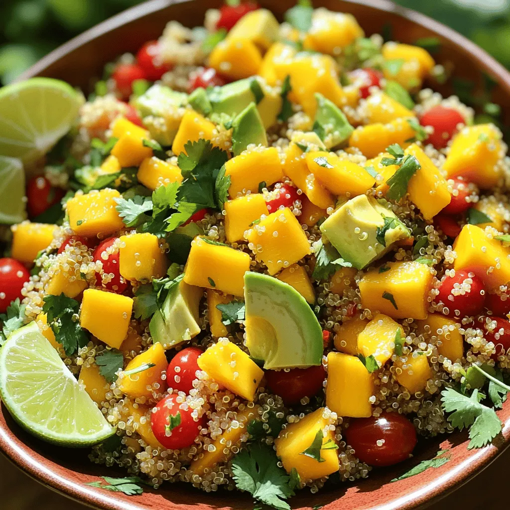- Quinoa and Liquid Base You need 1 cup of rinsed quinoa and 2 cups of water or vegetable broth. The liquid helps the quinoa cook and gives it flavor. - Fresh Produce: Mango, Avocado, and Vegetables This salad shines with vibrant flavors. You will need: - 1 ripe mango, diced - 2 avocados, diced - 1 red bell pepper, finely chopped - 1/2 red onion, finely chopped - 1 cup cherry tomatoes, halved - 1/4 cup fresh cilantro, chopped - Dressing Components The dressing ties everything together. Use these ingredients: - Juice of 1 lime - 2 tablespoons olive oil - Salt and pepper to taste - Optional Spicy Ingredient If you want some heat, add 1 small jalapeño, minced. This gives the salad a nice kick. Gather these ingredients for a fresh and healthy delight. For the full recipe, check out the Mango Avocado Quinoa Salad 🥭🥑. Start by rinsing 1 cup of quinoa under cold water. This step removes any bitterness. Next, combine the rinsed quinoa with 2 cups of water or vegetable broth in a medium saucepan. Bring the mixture to a boil over high heat. Once it boils, lower the heat to a simmer. Cover the pot and let it cook for 15 minutes. The quinoa will fluff up and absorb the liquid. After 15 minutes, take it off the heat. Let it cool for a few minutes before you move on. While the quinoa is cooking, chop your fresh ingredients. Dice 1 ripe mango and 2 avocados into bite-sized pieces. Finely chop 1 red bell pepper and 1/2 red onion. Halve 1 cup of cherry tomatoes. Finally, chop 1/4 cup of fresh cilantro. Keep all the ingredients ready in a large bowl. In a small bowl, whisk together the juice of 1 lime, 2 tablespoons of olive oil, salt, and pepper. If you like some heat, you can add 1 small jalapeño, minced. Mix everything well until it forms a smooth dressing. Taste it and adjust the salt and pepper if needed. Now it's time to bring everything together. In your large bowl with the fresh ingredients, add the cooled quinoa. Pour the dressing over the top. Gently toss all the ingredients together. Be careful not to mash the avocado. You want to keep everything nice and chunky. Let the salad sit for at least 15 minutes. This wait allows the flavors to blend well. You can serve it cold or at room temperature. If you want, you can put it in the fridge for a bit longer. The longer it chills, the tastier it gets. Enjoy this refreshing dish! For more details, check the Full Recipe. To get fluffy quinoa, rinse it well under cold water. This removes the bitter coating. Next, use a ratio of 1 cup quinoa to 2 cups water or broth. Bring it to a boil, then lower the heat and cover. Let it cook for about 15 minutes. When done, fluff it with a fork. Let it cool to room temperature before adding it to your salad. Choosing ripe mango and avocado is easy. For mango, look for a slight give when you press gently. The color should be vibrant, often a mix of green and yellow. For avocado, check that it feels soft but not mushy. A darker skin usually means it is ripe. If you find them hard, let them sit at room temperature for a few days. When you mix the salad, be gentle. Start by adding the quinoa and veggies in a large bowl. Pour the dressing over them. Use a spatula to fold the ingredients together. This method helps keep avocado chunks intact. You want to mix well, but avoid smashing the avocados. To make your salad look beautiful, use a large, shallow bowl. Arrange the salad neatly in the center. Garnish with extra cilantro for a fresh touch. Add lime wedges around the edge for color and zest. Whole cherry tomatoes on top give a nice pop. This way, your salad looks as good as it tastes. Check out the Full Recipe for more details! {{image_2}} Adding protein can make your Mango Avocado Quinoa Salad more filling. You can include beans, chicken, or shrimp. - Black beans bring a nice, earthy flavor and are high in fiber. - Grilled chicken adds a savory taste and extra protein. - Shrimp cooks quickly and pairs well with fresh flavors. Mix and match these options to find your favorite blend. The dressing can change the salad's taste. You can try different dressings to suit your taste. - Honey lime dressing adds sweetness. Just mix honey with lime juice and olive oil. - Soy sauce and sesame oil bring an Asian flair. Combine for a unique touch. - Avocado dressing made with blended avocado, lime, and yogurt gives a creamy texture. Feel free to experiment with flavors for a twist on this classic dish. Using seasonal ingredients can keep your salad fresh and exciting. Change up the fruits and veggies based on what’s in season. - Summer: Add fresh corn or diced cucumbers for crunch. - Fall: Try roasted butternut squash for sweetness. - Winter: Pomegranate seeds offer a pop of color and tartness. These swaps make your salad fun and new every time you prepare it. You can find the full recipe for the Mango Avocado Quinoa Salad here. To store leftover Mango Avocado Quinoa Salad, place it in an airtight container. This keeps moisture in and prevents the salad from drying out. Make sure to press out any air before sealing. Store it in the fridge for the best results. This will help to keep the flavors fresh. When stored properly, the salad lasts about 3 days in the fridge. After this time, the avocado may brown and the flavors may fade. If you notice changes in color or smell, it’s best to toss it. Freshness is key in enjoying this dish. Freezing this salad is not ideal. The texture of the avocado and quinoa can change when frozen. If you must freeze it, do so without the avocado. You can add fresh avocado when you thaw and serve. This keeps the salad tasty and fresh. For the complete preparation steps, check the Full Recipe. Yes, you can make this salad a day before. Just keep it in the fridge. The flavors blend well overnight. However, add the avocado right before serving. This keeps it fresh and green. If you need a substitute, try brown rice or couscous. Both options work well. They add a nice texture and flavor. You can use farro or bulgur too. Just adjust cooking times based on what you choose. Absolutely! This salad is perfect for meal prep. It keeps well in the fridge for up to three days. Pack individual servings in containers for easy lunch options. Just remember to add dressing before eating. I recommend fresh mango and avocado for the best taste. Canned fruit can be mushy and less flavorful. If you must use canned, drain it well. Rinse canned avocado to reduce any strong flavor. But fresh is always better! For the full recipe, check out the [Full Recipe]. The Mango Avocado Quinoa Salad is fresh, tasty, and easy to make. We covered the main ingredients, like quinoa, mango, and avocado. You learned how to cook quinoa and prepare the fresh veggies. We discussed tips for fluffy quinoa and avoiding mashed salad. Plus, we provided variations for added protein and flavor. In short, enjoy this nutritious salad that you can customize. It’s great for any meal and perfect for meal prep!