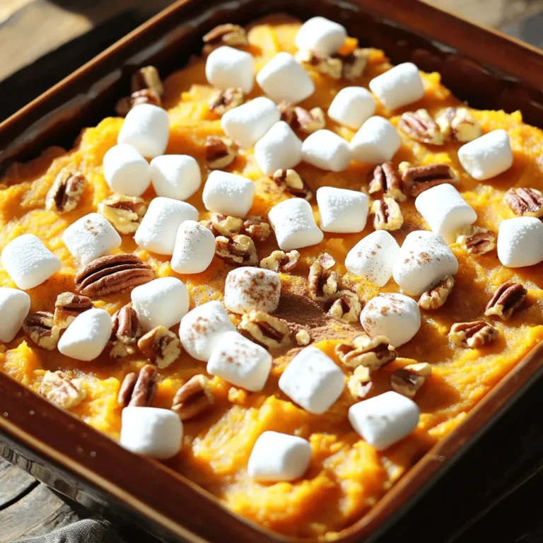 For my sweet potato casserole, you will need these items: - 4 large sweet potatoes, peeled and cubed - 1/2 cup granulated sugar - 1/4 cup brown sugar - 1/2 cup milk - 1/2 cup unsalted butter, melted - 2 large eggs - 1 teaspoon vanilla extract - 1 teaspoon cinnamon - 1/2 teaspoon nutmeg - 2 cups mini marshmallows - 1/2 cup pecans, chopped (optional) To get the best flavors, measure your ingredients carefully. Use dry measuring cups for sugar and flour. Use liquid measuring cups for milk and melted butter. For the sweet potatoes, make sure they are evenly cubed. This helps them cook at the same rate. A kitchen scale can help too. It gives precise weight for ingredients like butter and sugar. If you don’t have a few items, don’t worry! Here are some easy swaps: - Instead of granulated sugar, use coconut sugar for a lighter taste. - You can swap out milk for almond milk or oat milk for a dairy-free version. - If you want a richer flavor, use brown butter instead of regular butter. - For a nut-free option, leave out the pecans or use sunflower seeds. Feel free to mix and match these substitutions to make the dish your own. Enjoy the process! For the full recipe, check out the details above. Start by rinsing your sweet potatoes. Then, peel and cube them. Place the cubes into a large pot. Fill the pot with water and add a pinch of salt. Bring the water to a boil. Cook the sweet potatoes for 15 to 20 minutes. They should be soft when you poke them with a fork. After cooking, drain the water and put the sweet potatoes in a mixing bowl. Use a potato masher or electric mixer to mash the sweet potatoes until they are smooth. Now, it’s time to mix in the other ingredients. Add the granulated sugar and brown sugar to the mashed sweet potatoes. Then, pour in the milk and melted butter. Crack the eggs into the bowl, followed by the vanilla extract, cinnamon, and nutmeg. Use a spatula or mixer to combine everything well. You want a creamy texture. This mixture should look inviting and smell amazing. Take a greased 9x13-inch baking dish and transfer the sweet potato mixture into it. Spread the mixture evenly with a spatula. Next, sprinkle mini marshmallows over the top. If you like, add chopped pecans for extra crunch. Preheat your oven to 350°F (175°C). Bake the casserole for 25 to 30 minutes. Look for golden brown marshmallows on top. When it’s done, take it out and let it cool for a few minutes. This casserole is best served warm. If you want the full recipe, you can check back for complete details. To get the best texture in your sweet potato casserole, start with the right potatoes. Use large, firm sweet potatoes. They mash well and keep a nice creamy feel. Make sure you cook them until they're soft. This helps create a smooth mixture. After cooking, mash them thoroughly. I like using a potato masher for a rustic texture. If you prefer it even smoother, use a mixer. The right seasonings can make your casserole shine. I always add cinnamon and nutmeg. They bring warmth and depth to the dish. Consider adding a pinch of salt to balance the sweetness. You can also mix in chopped pecans for a nice crunch. If you want a twist, try adding maple syrup or a splash of orange juice. These add unique flavors that complement the sweet potatoes. One common mistake is overcooking the sweet potatoes. This can lead to a watery casserole. Make sure to drain them well after boiling. Another mistake is not mixing the ingredients enough. You want everything blended for a smooth taste. Lastly, don't skip the baking step. Baking helps the flavors combine and gives a nice finish. Follow these tips for a perfect sweet potato casserole! {{image_2}} If you want to switch things up, try different toppings. Instead of marshmallows, you can use crushed graham crackers. They add a nice crunch and sweetness. Another option is to sprinkle brown sugar on top for a caramelized finish. You could also use chopped pecans or walnuts for a nutty flavor. These alternatives can make your casserole unique and fun. You can make a healthier version of sweet potato casserole. Substitute sugar with maple syrup or honey for natural sweetness. Use unsweetened almond milk instead of regular milk for fewer calories. You could even skip the butter and use coconut oil. These swaps still give you a tasty dish but with less guilt. Many cultures have their own take on sweet potato casserole. In some Southern kitchens, you might find a dash of cayenne pepper for heat. In Japan, they might mix in miso for a savory twist. Try adding spices like ginger or cardamom for a unique flavor. These twists can bring new life to your casserole. Don't forget to check the Full Recipe for the basic version before you experiment! To keep your sweet potato casserole fresh, let it cool first. Once cooled, cover it tightly with plastic wrap or aluminum foil. You can also transfer it to an airtight container. Store it in the fridge for up to three days. If you plan to eat it later, follow the freezing steps below. When you want to enjoy the leftovers, preheat your oven to 325°F (160°C). Place the casserole in an oven-safe dish. Cover it with foil to keep it moist. Heat for about 20-25 minutes or until warmed through. If you want the marshmallows crispy again, uncover for the last 5 minutes. You can freeze the casserole before or after baking. If freezing before, assemble the casserole but skip baking. Wrap it well in plastic wrap and foil. It can last up to two months in the freezer. When you're ready to bake, thaw it overnight in the fridge and bake as usual. If already baked, let it cool, then freeze it. To reheat, follow the same steps as above. This way, you can have a delicious treat anytime! For the full recipe, check out the Heavenly Marshmallow Sweet Potato Bake. Yes, you can make the casserole ahead. Prepare it one day in advance. Just follow the recipe until the baking step. Store it in the fridge covered with plastic wrap. When you’re ready, bake it straight from the fridge. This saves time and lets flavors meld. If you need a butter substitute, use coconut oil or vegetable oil. Both options work well. You can also try applesauce for a lighter option. Use the same amount as the butter called for in the recipe. Each substitute adds a different taste but keeps the dish creamy. To stop marshmallows from burning, add them halfway through baking. Bake the casserole until almost done, then add marshmallows. This way, they get golden brown but don’t char. Keep an eye on them, as ovens vary. Enjoy that sweet, gooey topping! For the full recipe, check out the Heavenly Marshmallow Sweet Potato Bake . This blog post covered everything you need for sweet potato casserole. We discussed ingredients, measurements, and substitutions to ensure success. You learned how to prepare, mix, and bake the dish. Tips helped you avoid common mistakes and achieve great taste. We explored healthy variations and unique twists. Finally, I shared the best ways to store and reheat leftovers. With these insights, you can create a delicious casserole that impresses everyone. Enjoy making your dish and share it with loved ones!