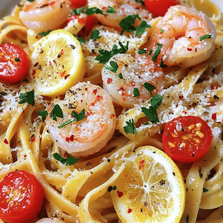 To make this lemon garlic shrimp pasta, gather these ingredients: - 12 oz spaghetti or linguine - 1 lb large shrimp, peeled and deveined - 4 tablespoons olive oil - 5 cloves garlic, minced - 1 teaspoon red pepper flakes (adjust for spice preference) - Zest and juice of 2 lemons - 1 cup cherry tomatoes, halved - 1/4 cup fresh parsley, chopped - Salt and pepper to taste - Grated Parmesan cheese for serving (optional) Each ingredient plays a big role in this dish. The shrimp brings protein and a sweet, briny taste. Lemon adds bright acidity, cutting through the richness. Garlic gives depth and warmth. Olive oil adds smoothness and is key for sautéing. Cherry tomatoes offer a pop of color and sweetness. Fresh parsley adds a fresh finish. Not everyone can eat the same things, so here are some substitutes: - For shrimp allergies, try chicken or tofu for protein. - Use whole wheat or gluten-free pasta for wheat allergies. - If you dislike garlic, you can skip it or use shallots instead. - For a vegan option, replace shrimp with chickpeas and use nutritional yeast instead of cheese. These swaps help you enjoy the dish while fitting your needs. For the full recipe, check the earlier section. Start by boiling a large pot of salted water. Add your spaghetti or linguine. Cook according to the package instructions until the pasta is al dente. This usually takes about 8 to 10 minutes. Remember to reserve half a cup of pasta water before draining. This water will help adjust the sauce later. In a large skillet, heat olive oil over medium heat. Once the oil is hot, add minced garlic and red pepper flakes. Sauté for 1 to 2 minutes until the garlic smells great. Next, toss in the shrimp and season with salt and pepper. Cook the shrimp for 2 to 3 minutes on each side until they are pink and opaque. This step is key for juicy, tender shrimp. Now it’s time to add flavor! Stir in the lemon zest and juice. This brightens the dish. Next, add the halved cherry tomatoes and the drained pasta to the skillet. Toss everything well. Use the reserved pasta water gradually to achieve your desired sauce thickness. Finally, remove the skillet from heat and mix in fresh parsley for a touch of color and taste. Plate your dish and garnish with extra parsley and grated Parmesan cheese if you like. For the full recipe, please check the earlier section. One mistake many people make is overcooking the shrimp. Shrimp cooks quickly. If you leave them on the heat too long, they become tough. Cook them just until they turn pink and opaque. Another common error is not reserving pasta water. This starchy water helps create a nice sauce. Always save some before draining the pasta. The sauce should coat the pasta well without being too thick. If it feels dry, add the reserved pasta water. Start with a little and mix. Keep adding until you reach the right creaminess. The lemon juice adds brightness but can thin it out. Balance is key here. To boost flavor, use fresh herbs. Fresh parsley adds a pop of color and taste. You could also try adding basil or chives for a twist. For spice lovers, adjust the red pepper flakes. If you want a richer taste, add a splash of white wine while sautéing the shrimp. This will deepen the dish's flavor. Remember, using high-quality olive oil makes a difference. It enhances the dish's overall taste and aroma. For more details, check the Full Recipe. {{image_2}} You can boost the health of your lemon garlic shrimp pasta by adding vegetables. Good options include spinach, zucchini, and bell peppers. Just chop them into small pieces. Sauté them with the garlic before adding the shrimp. This method keeps the veggies crisp and bright. Not only do they add color, but they also bring vitamins and minerals to your dish. Do you like spice? You can adjust the heat in your pasta. Start with the red pepper flakes. If you want more heat, add more flakes, or try fresh chili peppers. For less heat, you can skip the flakes altogether. This flexibility lets you make the dish your own. Remember, tasting as you cook is key. If you prefer different pasta types, feel free to switch things up. While spaghetti and linguine are classic, you can try penne or even whole wheat pasta. Gluten-free pasta is also a great choice. Just cook it according to the package directions. Each pasta type offers a unique twist on this lemon garlic shrimp pasta. Discover what you like best! Want the full recipe? Check out the [Full Recipe]. To keep your Lemon Garlic Shrimp Pasta fresh, place it in an airtight container. Make sure to do this within two hours of cooking. Store it in the fridge for up to three days. When you need a quick meal, this dish is ready to go! To reheat, use a skillet over medium heat. Add a splash of water or olive oil to keep it moist. Stir gently and heat until warm. This method helps keep the shrimp tender and the pasta from drying out. Avoid using the microwave if you can, as it can make the shrimp tough. If you want to save some for later, you can freeze the pasta. Place it in a freezer-safe container. It can last up to two months in the freezer. To reheat, let it thaw overnight in the fridge. Then, follow the reheating tips for the best results. This way, you can enjoy a quick, tasty meal anytime! For the full recipe, check out the complete details on how to make this dish! Yes, you can use frozen shrimp. Just make sure to thaw them first. Place the shrimp in a bowl of cold water for about 15-20 minutes. This method works well to keep them juicy and tender. After thawing, pat them dry before cooking. This step helps the shrimp sear nicely in the pan. If you want to swap out pasta, several options exist. You can use zucchini noodles or spaghetti squash for a lighter dish. Both options add a fresh taste and are low in carbs. Other great substitutes include whole grain pasta or chickpea pasta for more fiber. Each choice will change the dish's flavor and texture slightly. To make lemon garlic shrimp pasta gluten-free, choose gluten-free pasta. Many brands offer great options made from rice or corn. Check the package for cooking times, as they may differ from regular pasta. Always check the labels to ensure they meet gluten-free standards. The best way to reheat this dish is on the stove. Add a splash of olive oil or a bit of water to a skillet over medium heat. Stir gently to warm it without drying it out. You can also use the microwave, but cover it to keep moisture in. Heat in short intervals, stirring often to ensure even warmth. For the full recipe, check out the details above. This blog post provides a clear guide to making lemon garlic shrimp pasta. We covered ingredients, cooking steps, and helpful tips. You learned about common mistakes and how to enhance flavors. Plus, we explored variations and storage options to suit your needs. In conclusion, with these tips, you can create a simple yet delicious meal. Enjoy the cooking process and customize the dish to your taste!
