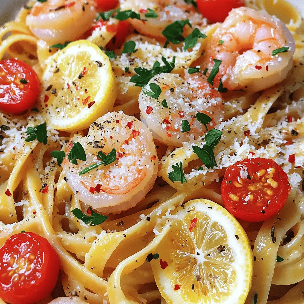 To make this lemon garlic shrimp pasta, gather these ingredients: - 12 oz spaghetti or linguine - 1 lb large shrimp, peeled and deveined - 4 tablespoons olive oil - 5 cloves garlic, minced - 1 teaspoon red pepper flakes (adjust for spice preference) - Zest and juice of 2 lemons - 1 cup cherry tomatoes, halved - 1/4 cup fresh parsley, chopped - Salt and pepper to taste - Grated Parmesan cheese for serving (optional) Each ingredient plays a big role in this dish. The shrimp brings protein and a sweet, briny taste. Lemon adds bright acidity, cutting through the richness. Garlic gives depth and warmth. Olive oil adds smoothness and is key for sautéing. Cherry tomatoes offer a pop of color and sweetness. Fresh parsley adds a fresh finish. Not everyone can eat the same things, so here are some substitutes: - For shrimp allergies, try chicken or tofu for protein. - Use whole wheat or gluten-free pasta for wheat allergies. - If you dislike garlic, you can skip it or use shallots instead. - For a vegan option, replace shrimp with chickpeas and use nutritional yeast instead of cheese. These swaps help you enjoy the dish while fitting your needs. For the full recipe, check the earlier section. Start by boiling a large pot of salted water. Add your spaghetti or linguine. Cook according to the package instructions until the pasta is al dente. This usually takes about 8 to 10 minutes. Remember to reserve half a cup of pasta water before draining. This water will help adjust the sauce later. In a large skillet, heat olive oil over medium heat. Once the oil is hot, add minced garlic and red pepper flakes. Sauté for 1 to 2 minutes until the garlic smells great. Next, toss in the shrimp and season with salt and pepper. Cook the shrimp for 2 to 3 minutes on each side until they are pink and opaque. This step is key for juicy, tender shrimp. Now it’s time to add flavor! Stir in the lemon zest and juice. This brightens the dish. Next, add the halved cherry tomatoes and the drained pasta to the skillet. Toss everything well. Use the reserved pasta water gradually to achieve your desired sauce thickness. Finally, remove the skillet from heat and mix in fresh parsley for a touch of color and taste. Plate your dish and garnish with extra parsley and grated Parmesan cheese if you like. For the full recipe, please check the earlier section. One mistake many people make is overcooking the shrimp. Shrimp cooks quickly. If you leave them on the heat too long, they become tough. Cook them just until they turn pink and opaque. Another common error is not reserving pasta water. This starchy water helps create a nice sauce. Always save some before draining the pasta. The sauce should coat the pasta well without being too thick. If it feels dry, add the reserved pasta water. Start with a little and mix. Keep adding until you reach the right creaminess. The lemon juice adds brightness but can thin it out. Balance is key here. To boost flavor, use fresh herbs. Fresh parsley adds a pop of color and taste. You could also try adding basil or chives for a twist. For spice lovers, adjust the red pepper flakes. If you want a richer taste, add a splash of white wine while sautéing the shrimp. This will deepen the dish's flavor. Remember, using high-quality olive oil makes a difference. It enhances the dish's overall taste and aroma. For more details, check the Full Recipe. {{image_2}} You can boost the health of your lemon garlic shrimp pasta by adding vegetables. Good options include spinach, zucchini, and bell peppers. Just chop them into small pieces. Sauté them with the garlic before adding the shrimp. This method keeps the veggies crisp and bright. Not only do they add color, but they also bring vitamins and minerals to your dish. Do you like spice? You can adjust the heat in your pasta. Start with the red pepper flakes. If you want more heat, add more flakes, or try fresh chili peppers. For less heat, you can skip the flakes altogether. This flexibility lets you make the dish your own. Remember, tasting as you cook is key. If you prefer different pasta types, feel free to switch things up. While spaghetti and linguine are classic, you can try penne or even whole wheat pasta. Gluten-free pasta is also a great choice. Just cook it according to the package directions. Each pasta type offers a unique twist on this lemon garlic shrimp pasta. Discover what you like best! Want the full recipe? Check out the [Full Recipe]. To keep your Lemon Garlic Shrimp Pasta fresh, place it in an airtight container. Make sure to do this within two hours of cooking. Store it in the fridge for up to three days. When you need a quick meal, this dish is ready to go! To reheat, use a skillet over medium heat. Add a splash of water or olive oil to keep it moist. Stir gently and heat until warm. This method helps keep the shrimp tender and the pasta from drying out. Avoid using the microwave if you can, as it can make the shrimp tough. If you want to save some for later, you can freeze the pasta. Place it in a freezer-safe container. It can last up to two months in the freezer. To reheat, let it thaw overnight in the fridge. Then, follow the reheating tips for the best results. This way, you can enjoy a quick, tasty meal anytime! For the full recipe, check out the complete details on how to make this dish! Yes, you can use frozen shrimp. Just make sure to thaw them first. Place the shrimp in a bowl of cold water for about 15-20 minutes. This method works well to keep them juicy and tender. After thawing, pat them dry before cooking. This step helps the shrimp sear nicely in the pan. If you want to swap out pasta, several options exist. You can use zucchini noodles or spaghetti squash for a lighter dish. Both options add a fresh taste and are low in carbs. Other great substitutes include whole grain pasta or chickpea pasta for more fiber. Each choice will change the dish's flavor and texture slightly. To make lemon garlic shrimp pasta gluten-free, choose gluten-free pasta. Many brands offer great options made from rice or corn. Check the package for cooking times, as they may differ from regular pasta. Always check the labels to ensure they meet gluten-free standards. The best way to reheat this dish is on the stove. Add a splash of olive oil or a bit of water to a skillet over medium heat. Stir gently to warm it without drying it out. You can also use the microwave, but cover it to keep moisture in. Heat in short intervals, stirring often to ensure even warmth. For the full recipe, check out the details above. This blog post provides a clear guide to making lemon garlic shrimp pasta. We covered ingredients, cooking steps, and helpful tips. You learned about common mistakes and how to enhance flavors. Plus, we explored variations and storage options to suit your needs. In conclusion, with these tips, you can create a simple yet delicious meal. Enjoy the cooking process and customize the dish to your taste!