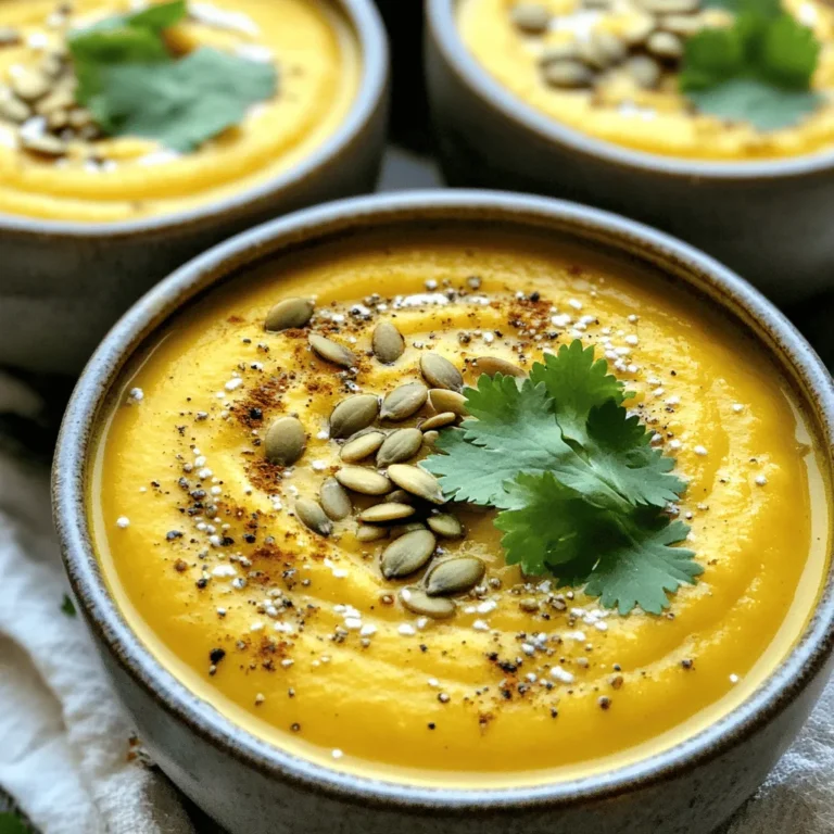 To make this delicious soup, gather these fresh ingredients: - 1 medium butternut squash, peeled, seeded, and diced (about 4 cups) - 1 tablespoon coconut oil - 1 medium onion, chopped - 3 cloves garlic, minced - 1 tablespoon fresh ginger, grated - 1 tablespoon red curry paste (adjust according to spice preference) - 1 can (400ml) coconut milk - 4 cups vegetable broth - 1 tablespoon brown sugar (or maple syrup) - Salt and pepper, to taste - Juice of 1 lime - Fresh cilantro, for garnish - Toasted pumpkin seeds, for garnish Sometimes, you may not have all the ingredients on hand. Here are some easy swaps: - Butternut squash: Use pumpkin or sweet potato as alternatives. - Coconut oil: Olive oil or avocado oil can work well for sautéing. - Red curry paste: Try yellow curry paste or a mix of spices like cumin and turmeric. - Coconut milk: Almond milk or cashew cream can be used for a lighter version. This soup is not just tasty; it's packed with nutrients: - Butternut squash is high in vitamins A and C, aiding vision and boosting immunity. - Coconut milk provides healthy fats, which may improve heart health. - Ginger has anti-inflammatory properties and can help with digestion. - Garlic and onion are great for overall health, offering immune support. Enjoy this Coconut Curry Butternut Squash Soup knowing it’s both delightful and nutritious! For the full recipe, check out the recipe details. 1. Sauté Aromatics: In your large pot, heat 1 tablespoon of coconut oil over medium heat. Add the chopped onion and sauté it for about 5 minutes. The onion should turn translucent. Then, stir in 3 cloves of minced garlic and 1 tablespoon of grated ginger. Cook this mix for another 1-2 minutes until it smells amazing. 2. Add Squash and Curry Paste: Now, mix in 1 tablespoon of red curry paste. This adds a nice kick! Next, add the diced butternut squash, about 4 cups. Stir well to coat the squash with the spices. 3. Simmer with Coconut: Pour in 4 cups of vegetable broth and 1 can (400ml) of coconut milk. Bring this mixture to a gentle boil. Once boiling, reduce the heat to low. Cover the pot and let it simmer for about 20-25 minutes. The squash should be soft when done. 4. Blend the Soup: Carefully remove the pot from the heat. Use an immersion blender to puree the soup until it is smooth. If you don’t have one, you can pour the soup into a countertop blender in batches. Blend until it looks creamy. 5. Season and Adjust: Return the pureed soup to low heat. Stir in 1 tablespoon of brown sugar or maple syrup, along with the juice of 1 lime. Add salt and pepper to taste. Let it warm for a few minutes. 6. Serve and Garnish: Finally, ladle the soup into bowls. Garnish each bowl with fresh cilantro and a sprinkle of toasted pumpkin seeds for a tasty crunch. - Ensure the butternut squash is soft before blending. This helps achieve that velvety texture. - Blend in small batches if using a countertop blender. This prevents spills and makes blending easier. - If the soup is too thick, add a splash of vegetable broth or coconut milk to thin it out. - Large Pot: Use this for sautéing and simmering the soup. - Immersion Blender: This tool makes blending easy and keeps things simple. - Cutting Board and Knife: These are essential for chopping your veggies. - Measuring Cups and Spoons: Accurate measurements are key to great taste. If you want to dive deeper into the details, check the Full Recipe for precise measurements and additional insights! To make your Coconut Curry Butternut Squash Soup burst with flavor, focus on your base. Start with fresh onion, garlic, and ginger. Sauté these until they release their sweet aroma. This builds depth in your soup. Use good quality coconut milk for creaminess. Always taste as you cook. Adjust flavors by adding lime juice or sugar. This balance creates a layered taste. Spice can make or break your soup. If you love heat, add more red curry paste. Start with one tablespoon and taste. If you want it milder, reduce the paste by half. You can also add a dollop of yogurt at the end to cool it down. Remember, the soup will warm in the bowl, so aim for a balanced heat level. Serve the soup warm in a bowl. Add fresh cilantro and toasted pumpkin seeds on top. This adds a nice crunch. Pair it with crusty bread or a simple salad. For an extra touch, serve with lime wedges. The citrus brightens the dish. Enjoy this soup as a starter or main dish. For the full recipe, click here. {{image_2}} You can easily switch some ingredients to fit your needs. If you want to cut carbs, use cauliflower instead of butternut squash. For a nutty flavor, try adding tahini. If you like a creamier taste, use cashew cream instead of coconut milk. You can also mix in other veggies like carrots or sweet potatoes for more nutrition and taste. Feel free to get creative with spices! If you want more heat, add chili flakes or fresh chilies. For a smoky taste, sprinkle in some smoked paprika. You can also try other curry pastes like green curry for a different twist. Herbs like basil or mint can bring a fresh taste, too. These small changes can make a big difference in flavor. This soup is mostly vegan and gluten-free, but double-check your ingredients. Use vegetable broth to keep it vegan. Make sure your curry paste is gluten-free; some brands add wheat. If you want a richer flavor, add more coconut milk. This soup is already plant-based, so it's perfect for anyone looking for a healthy meal. For more options, check the Full Recipe for details. After making your coconut curry butternut squash soup, let it cool to room temperature. Pour it into airtight containers. This keeps it fresh and tasty. Store the soup in the fridge if you plan to eat it within a week. If you need more time, freezing is the way to go. To freeze the soup, use freezer-safe containers. Leave some space at the top for expansion. This soup can last up to three months in the freezer. When ready to eat, take it out and let it thaw in the fridge overnight. This helps keep the flavor just right. When reheating, use a pot on low heat. Stir it often to keep it from sticking. If the soup is thick, add a splash of vegetable broth or water. This will bring back its creamy texture. You can also use a microwave, but stir halfway through to heat it evenly. Enjoy your delicious soup just like the first time! For the complete recipe, refer to the [Full Recipe]. You can store this soup in the fridge for about 4 to 5 days. Make sure it cools down first. Use an airtight container for best results. For longer storage, freeze it. It can last up to 3 months in the freezer. Just thaw it in the fridge before reheating. This way, you can enjoy a warm bowl anytime! Yes, you can use fresh ingredients instead of canned ones. For example, use fresh coconut milk instead of canned. Just blend the fresh coconut with water to get a creamy texture. You can also use fresh squash instead of frozen. Fresh herbs can replace dried ones for better flavor. This keeps your soup vibrant and fresh! Yes, this soup is quite healthy! It contains lots of vitamins from the butternut squash. The coconut milk adds healthy fats. Spice from the curry can boost your metabolism. Plus, it’s low in calories, making it a great choice for a light meal. Pair it with a salad for a balanced dish. You can find the full recipe in the earlier section! Coconut curry butternut squash soup is a tasty and healthy dish. You can use different ingredients and spices to make it just right for you. Follow the easy steps for a smooth, creamy soup that everyone will love. Remember to store leftovers properly to enjoy them later. Explore variations to suit your diet or taste. Making this soup offers a fun cooking experience and a winning meal. Enjoy every spoonful!