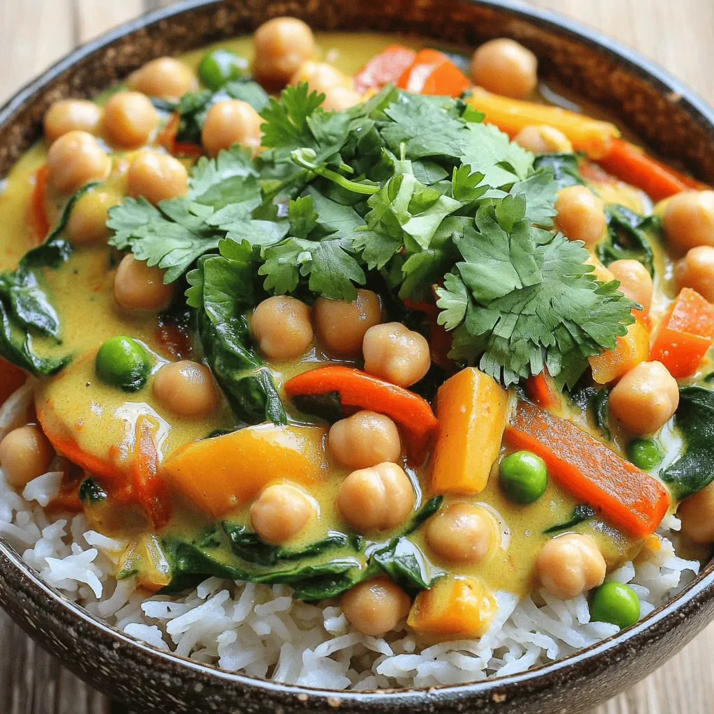 To make a tasty vegetable curry, you need some key items. Here is the list: - 1 tablespoon coconut oil - 1 onion, diced - 3 cloves garlic, minced - 1 tablespoon fresh ginger, grated - 1 tablespoon curry powder - 1 teaspoon turmeric - 1 teaspoon cumin - 1 can (14 oz) coconut milk - 1 cup vegetable broth - 2 cups mixed vegetables (carrots, bell peppers, and peas) - 1 can chickpeas, drained and rinsed - 1 tablespoon soy sauce - 2 cups spinach leaves - Salt and pepper to taste - Fresh cilantro for garnish These ingredients work together to create a rich and creamy dish. The coconut milk adds a smooth texture, while spices bring warmth and depth. You can make this curry your own! Here are some fun options: - Add diced potatoes for more heartiness. - Use sweet potatoes for a sweeter taste. - Swap chickpeas with lentils for a different protein. - Include any veggies you have, like zucchini or broccoli. - For a spicy kick, add diced jalapeños or red pepper flakes. Feel free to experiment and find what you like best. Serving your vegetable curry well makes it even more enjoyable. Here are some ideas: - Serve it over fluffy basmati rice for a filling meal. - Pair it with warm naan or pita bread to soak up the sauce. - Add a side salad for some crunch and freshness. - Top with yogurt or a dairy-free alternative for creaminess. - Sprinkle fresh cilantro on top for an extra pop of flavor. These serving suggestions enhance the curry’s taste and make it a feast for the eyes! For the complete recipe, check out the Full Recipe section. First, gather all your ingredients. You will need: - 1 tablespoon coconut oil - 1 onion, diced - 3 cloves garlic, minced - 1 tablespoon fresh ginger, grated - 1 tablespoon curry powder - 1 teaspoon turmeric - 1 teaspoon cumin - 1 can (14 oz) coconut milk - 1 cup vegetable broth - 2 cups mixed vegetables (carrots, bell peppers, and peas) - 1 can chickpeas, drained and rinsed - 1 tablespoon soy sauce - 2 cups spinach leaves - Salt and pepper to taste - Fresh cilantro for garnish Chop the onion, garlic, ginger, and vegetables. This step helps them cook evenly. In a large pot, heat the coconut oil over medium heat. Add the diced onion and cook for about 5 minutes. The onion should look clear. Then, stir in the minced garlic and grated ginger. Cook these for about 1-2 minutes until you smell that great aroma. Next, add the spices: curry powder, turmeric, and cumin. Mix them in for about a minute. Now, pour in the coconut milk and vegetable broth. Bring this mixture to a gentle simmer. Time to add the mixed vegetables and chickpeas. Cook for 10-15 minutes. The veggies should be tender but still bright. Stir in the soy sauce and spinach, cooking for another 2 minutes. The spinach should wilt nicely. Once everything is cooked, taste it. Add salt and pepper if needed. Let the curry sit for a few minutes. This resting time helps the flavors blend. Serve the curry over fluffy basmati rice. Don’t forget to add fresh cilantro on top for color and taste. And there you have it: a vibrant vegetable curry ready to enjoy! For the full recipe, see the details above. To boost flavor in your vegetable curry, use fresh herbs and spices. Fresh garlic and ginger add a bright taste. Sauté them early to release their oils. Always toast your spices for a minute before adding liquids. This step brings out their rich flavors. Don’t rush the simmering time. Letting it bubble gently helps the ingredients meld together. Avoid using too much water when cooking. It can dilute your curry's flavor. Make sure to chop your vegetables evenly. Uneven sizes cook at different rates. Don’t skip the salt! It enhances all the flavors. Also, remember to taste as you cook. Adjusting flavors throughout the process is key. Start with a small amount of curry powder. You can always add more later. If it's too spicy, stir in a bit of coconut milk. This will cool down the heat. Adding sugar can also balance spice. Don't forget about the garnish! Fresh cilantro adds a fresh taste and can mellow spices too. For a full recipe, check out the vibrant vegetable curry section! {{image_2}} To make your vegetable curry heartier, add protein. You can use chickpeas or tofu. Both options give your dish a nice texture. For meat lovers, chicken or shrimp works well too. Cook the protein separately and mix it in. This adds flavor and makes the meal more filling. Use seasonal vegetables to keep your curry fresh. In spring, try asparagus and green beans. Summer is perfect for zucchini and corn. In fall, pumpkin and squash bring warmth. Winter calls for root veggies like potatoes and turnips. You can mix and match to suit your taste and what's in season. Many curries use cream, but you can keep it dairy-free. Coconut milk is a great substitute. It adds creaminess and flavor. For a nutty taste, try almond milk or cashew cream. These options make the dish vegan-friendly. You can enjoy a rich curry without any animal products. For the full recipe, check the link. After enjoying your vibrant vegetable curry, let it cool first. Place the curry in an airtight container. You can store it in the fridge for up to five days. Make sure to label the container with the date. This helps you keep track of how fresh it is. When you are ready to enjoy the leftovers, you can reheat them easily. Pour the curry into a pot. Heat it on medium-low, stirring often. This helps it warm evenly. You can also use a microwave. Place the curry in a microwave-safe bowl and cover it. Heat in 30-second bursts, stirring in between, until hot. If you want to save your curry for later, freezing is a great option. Let the curry cool completely. Then, transfer it to a freezer-safe container. Leave some space at the top for expansion. You can freeze it for up to three months. When you are ready to eat, thaw it in the fridge overnight. Reheat it as described above. Enjoy your meal any time! It takes about 30 minutes to make Easy Vegetable Curry. You spend 10 minutes prepping the ingredients and 20 minutes cooking. This quick time makes it a great choice for busy nights. Yes, you can use frozen vegetables. They save time and keep well. Just add them in the same way as fresh ones. The cooking time may be a bit shorter since frozen veggies are often pre-cooked. You can serve vegetable curry with rice or naan bread. Both options soak up the sauce well. You might also try it with quinoa for a different twist. Fresh cilantro on top adds a nice touch. To make Easy Vegetable Curry gluten-free, use gluten-free soy sauce. Many brands offer this option. Always check labels to ensure they meet gluten-free standards. The rest of the ingredients are already gluten-free, making this dish easy to adapt. For the full recipe, check out the detailed steps above. In this post, we explored how to make Easy Vegetable Curry. We covered essential ingredients, preparation steps, and cooking tips to maximize flavor. You learned about tasty add-ins, ways to adjust spice levels, and how to serve this dish. Finally, remember to store leftovers properly and consider variations to fit your needs. With practice, you will create a curry that delights everyone at the table. Enjoy your cooking!