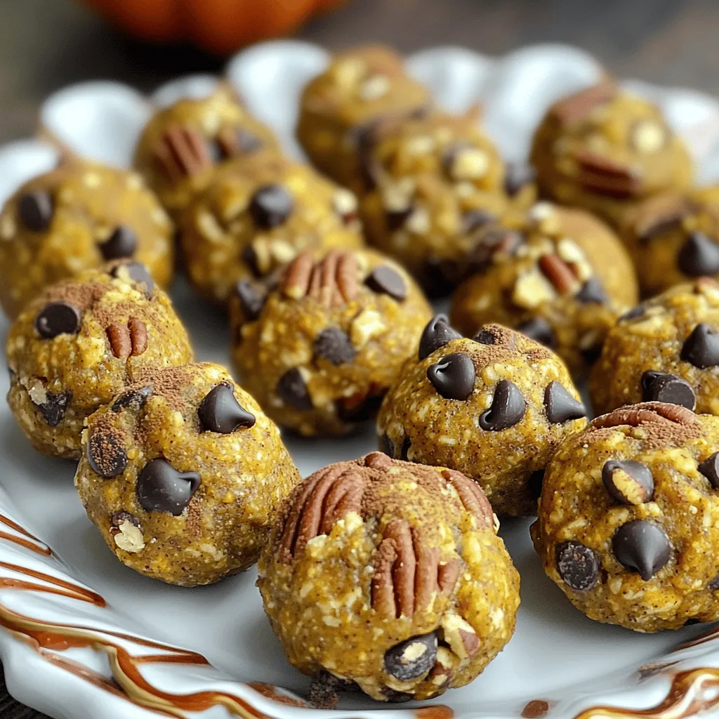 To make pumpkin spice energy bites, you need simple ingredients that pack flavor and nutrition. Here is the complete list of ingredients: - 1 cup rolled oats - 1/2 cup almond butter (or peanut butter) - 1/2 cup canned pumpkin puree - 1/4 cup honey or maple syrup - 1 teaspoon vanilla extract - 2 teaspoons pumpkin pie spice - 1/4 teaspoon salt - 1/4 cup mini chocolate chips (optional) - 1/4 cup chopped pecans or walnuts (optional) These ingredients work together to create a delicious and healthy snack. Rolled oats give a chewy texture and provide fiber. Almond butter adds creaminess and healthy fats. Canned pumpkin puree offers moisture and a boost of vitamins. Honey or maple syrup adds sweetness, while vanilla extract enhances flavor. Pumpkin pie spice gives that warm, cozy taste we all love. Feel free to add mini chocolate chips or nuts for extra crunch and flavor. Using the Full Recipe, you can whip these up in just 10 minutes. 1. Combine dry and wet ingredients in a bowl Start by adding the rolled oats, almond butter, and canned pumpkin puree to a large mixing bowl. This mix forms the base of your energy bites. 2. Mix thoroughly to form dough Next, add honey (or maple syrup), vanilla extract, pumpkin pie spice, and salt. Stir well until you form a sticky dough. This helps to blend all the flavors together. 3. Incorporate optional ingredients (chocolate chips and nuts) If you like, fold in mini chocolate chips and chopped nuts. These add great texture and flavor. Feel free to get creative here! 4. Portion and roll into bites Using clean hands, scoop about 1 tablespoon of the mixture. Roll it into a ball. Repeat this process until you use all the dough. This makes it easy to grab and eat later. 5. Refrigerate for firming Place your energy bites on a parchment-lined baking tray. Refrigerate them for at least 30 minutes. This helps them firm up and makes them easier to handle. These steps will help you create delicious Pumpkin Spice Energy Bites that are quick to make and tasty to eat. For the complete recipe, check out the [Full Recipe]. To make the best pumpkin spice energy bites, you want the mixture to be sticky. This helps the bites hold together well. If your mixture is too dry, add a little more almond butter or pumpkin puree. Mix well until everything is combined. Use a cookie scoop for even sizing. This tool helps you form uniform bites. Each bite should be about one tablespoon. This makes them easy to eat and ensures they look nice on a plate. Chill the bites longer if you want them firmer. I recommend at least 30 minutes in the fridge. If you like them really firm, chill for an hour or more. This helps them keep their shape when you grab one. Enjoy your energy bites as a snack or breakfast. They are perfect for busy mornings. You can also serve them at parties or gatherings. Arrange them on a fun platter to impress your guests. Pair them with fresh fruit or yogurt for a balanced meal. They also go well with a warm drink, like tea or coffee. This combo makes for a tasty and satisfying treat. For the full recipe, check out the details above! {{image_2}} You can easily change the nut butter in this recipe. Almond butter is great, but peanut butter works too. If you want to avoid added sugar, try using mashed bananas or unsweetened applesauce instead of honey or maple syrup. Adding dried fruits can boost flavor and texture. Chopped dates or cranberries add sweetness. You can also mix in seeds like chia or flax for more crunch and nutrition. If you like spice, you can adjust the pumpkin pie spice. Add more for a stronger flavor or less for a milder taste. You can even mix in a pinch of cayenne for a little kick. For the holidays, think about adding festive flavors. Try mixing in crushed ginger snaps or a hint of nutmeg. You can also coat your energy bites in a bit of melted dark chocolate for a special treat. Incorporating flavors like peppermint in winter can make these bites even more fun. Just a drop of peppermint extract can transform your snack into a holiday delight. For the full recipe and detailed steps, check out the Pumpkin Spice Energy Bites recipe. To keep your pumpkin spice energy bites fresh, store them in an airtight container. This helps prevent air and moisture from ruining their texture and taste. I recommend using glass or plastic containers with tight lids. Refrigeration is key for short-term storage. Place the container in your fridge. Your bites will stay fresh for up to one week. If you want to keep them longer, freezing is a great option. - To freeze, first, lay the energy bites on a baking sheet. - Freeze them for about 1 hour until firm. - Then, transfer them to a freezer-safe bag or container. This way, they won’t stick together, and you can grab just a few at a time. How long do they last? When stored properly, pumpkin spice energy bites stay fresh for about one week in the fridge. If frozen, they can last for up to three months. Look out for signs of spoilage. If the bites smell off or show any mold, it’s best to toss them. Also, if the texture feels dry or crumbly, they may not taste as good. Enjoy your tasty snack while it's fresh! Can I make these bites vegan? Yes, you can make these bites vegan. Use maple syrup instead of honey. Also, choose a vegan nut butter. Are pumpkin spice energy bites gluten-free? Yes, these bites can be gluten-free. Just use gluten-free rolled oats. Always check labels to be sure. What can I use instead of rolled oats? If you want a different base, try using quick oats or ground nuts. You can also use puffed rice for a lighter texture. How do I make them crunchy instead of chewy? To make them crunchy, add more nuts and seeds. You can also bake them for a few minutes. This will give them a nice crunch. Caloric content per serving Each serving has about 120 calories. This can vary based on optional ingredients, like chocolate chips. Breakdown of macros (carbs, proteins, fats) - Carbohydrates: 15 grams - Protein: 3 grams - Fats: 5 grams These bites offer a balanced blend of energy and nutrients, making them a great snack choice. For the complete recipe, check out the Full Recipe section. This article covered how to make tasty pumpkin spice energy bites. You learned about the ingredients, simple steps, and tips for perfecting them. We explored fun variations and storage tips to keep them fresh. These bites make a great snack or breakfast choice. In closing, I encourage you to try making these energy bites your way. Enjoy the fun of creating a healthier treat!
