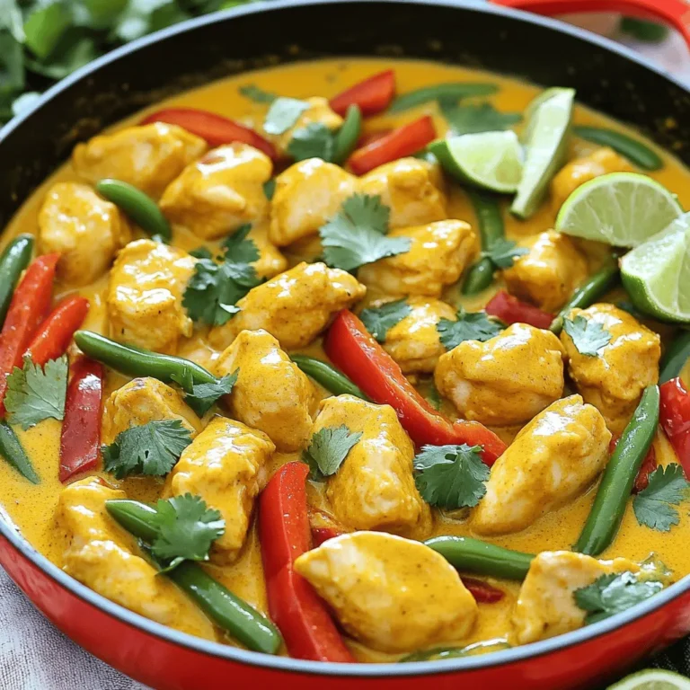 To make coconut curry chicken, you need fresh and tasty ingredients. Here’s what you should gather: - 1 lb (450g) chicken breast, cut into bite-sized pieces - 1 can (14 oz) coconut milk - 2 tablespoons red curry paste - 1 tablespoon vegetable oil - 1 medium onion, finely chopped - 3 cloves garlic, minced - 1-inch piece ginger, grated - 1 red bell pepper, sliced - 1 cup green beans, trimmed - 2 tablespoons soy sauce - 1 tablespoon brown sugar - Fresh cilantro, for garnish - Lime wedges, for serving - Salt and pepper to taste These ingredients create rich flavors and a creamy texture. The chicken cooks quickly and absorbs all the goodness from the coconut milk and curry paste. To make your dish even better, you can add some condiments and garnishes. Here’s what I suggest: - Fresh cilantro adds a nice herbal flavor. - Lime wedges give a bright, zesty kick. - Serve with steamed rice or quinoa for a filling meal. These toppings not only look great but also enhance the taste. The lime juice cuts through the richness of the curry and brightens up each bite. If you want to make a vegan version, you can swap the chicken for tofu or chickpeas. Here are other options: - Use coconut cream instead of coconut milk for a thicker sauce. - Try using vegetable broth instead of soy sauce for less salt. - Replace the brown sugar with maple syrup for a different sweetness. These substitutions work well without losing the flavor. You can still enjoy a delicious coconut curry while meeting your dietary needs. For the full recipe, check out the detailed instructions provided. To make coconut curry chicken, start by gathering your ingredients. You need: - 1 lb chicken breast, cut into bite-sized pieces - 1 can coconut milk - 2 tablespoons red curry paste - 1 tablespoon vegetable oil - 1 medium onion, finely chopped - 3 cloves garlic, minced - 1-inch piece ginger, grated - 1 red bell pepper, sliced - 1 cup green beans, trimmed - 2 tablespoons soy sauce - 1 tablespoon brown sugar - Fresh cilantro, for garnish - Lime wedges, for serving - Salt and pepper to taste Chop the onion, garlic, and ginger before you begin. This helps everything cook evenly and brings out great flavors. 1. Heat the vegetable oil in a large skillet over medium heat. 2. Add the chopped onion and sauté for 3-4 minutes until soft. 3. Stir in the garlic and ginger. Cook for 1-2 minutes until fragrant. 4. Add the chicken pieces and season with salt and pepper. Cook for 5-7 minutes, stirring often, until browned. 5. Mix in the red curry paste. Cook for another 2 minutes to let the flavors blend. 6. Pour in the coconut milk, soy sauce, and brown sugar. Stir well. 7. Add the red bell pepper and green beans. Bring to a gentle simmer. Let it cook uncovered for 10-15 minutes. Stir occasionally until the sauce thickens. 8. Taste your curry and adjust the seasoning as needed. Use fresh ingredients for the best taste. Fresh garlic and ginger make a big difference. If you want more heat, add extra red curry paste or red pepper flakes. Don’t skip the lime wedges; they add a fresh burst of flavor. You can serve the curry over rice or quinoa for a complete meal. For the best result, feel free to check the Full Recipe for detailed steps. One mistake is not cooking the onions enough. You want them soft and sweet. Another mistake is using too much curry paste. Start small; you can always add more. Also, don't skip the salt! It enhances the flavor. Lastly, avoid cooking the dish too fast. Let it simmer gently for the best taste. To get that rich creaminess, use full-fat coconut milk. It makes a big difference! If you want more, add a second can. You can also stir in a spoonful of peanut butter for extra creaminess and flavor. Lastly, finish with a splash of lime juice. It brightens the dish and adds depth. Start with a small amount of red curry paste. You can always increase it as you taste. Add spices like cumin or turmeric for warmth. Fresh herbs like cilantro add brightness. You might also consider a pinch of sugar to balance flavors. Taste as you go to find your perfect mix. For more details on making this dish, check out the Full Recipe. {{image_2}} You can easily add more veggies to your coconut curry chicken. This not only boosts flavor but also adds nutrients. Some great choices are: - 1 cup of broccoli florets - 1 cup of carrots, sliced - 1 cup of snap peas Just add these veggies when you include the red bell pepper and green beans. They cook quickly and absorb the lovely curry sauce. This makes your dish even more colorful and healthy. If you love heat, try making a spicy version. You can add: - 1-2 teaspoons of chili flakes - 1 fresh red chili, chopped Stir them in with the red curry paste. Adjust the spice to your taste. This version brings a warm kick that pairs well with coconut milk. The heat and creaminess balance each other out nicely. For a low-carb or keto option, swap out the rice. You can serve your coconut curry chicken over: - Cauliflower rice - Zoodles (zucchini noodles) These alternatives keep the dish light while still being filling. You can also reduce the sugar to make it more keto-friendly. Just leave out the brown sugar or use a low-carb sweetener instead. Enjoy a delicious meal without the carbs! To store leftover coconut curry chicken, let it cool first. Place it in an airtight container. This keeps the curry fresh. You can store it in the fridge for up to four days. Make sure the lid is tight to prevent spills. When you are ready to eat, take the curry out. You can reheat it on the stove or in the microwave. If using the stove, heat it slowly over low heat. Stir often to make sure it heats evenly. In the microwave, use a microwave-safe bowl. Heat it for 1-2 minutes, stirring halfway through. Always check that it is hot all the way through. You can freeze coconut curry chicken for later. First, let it cool completely. Then, transfer it to a freezer-safe container. You can also use freezer bags. Remove as much air as possible. This helps to avoid freezer burn. It will stay good for up to three months. When you’re ready to eat, thaw it in the fridge overnight. Then, reheat using the instructions above. For the full recipe, check out the cooking steps and tips! You can pair Coconut Curry Chicken with several tasty sides. Steamed rice is a classic choice. It soaks up the rich sauce well. Quinoa also works great if you want a healthy grain. You might try naan bread for a fun twist. It’s perfect for dipping into the curry. Fresh salad adds a nice crunch too. A simple cucumber salad with lime juice can brighten your meal. Yes, you can use frozen chicken. Just make sure to thaw it first. This helps the chicken cook evenly. You can do this overnight in the fridge. If you're in a hurry, you can microwave it for a few minutes. Just ensure it’s fully thawed before cooking. This keeps the chicken juicy and tender. To spice up your Coconut Curry Chicken, add extra red curry paste. Start with a teaspoon and taste it. This way, you control the heat. You can also add sliced fresh chilies. Jalapeños or Thai bird chilies work well. If you like it hot, sprinkle in some chili flakes too. Remember, balance is key, so taste as you go! You can find the full recipe [here](#). Coconut curry chicken is a flavorful dish made with simple steps. We covered key ingredients, cooking techniques, and tips for great taste. You learned about variations and how to store leftovers. This dish fits many diets, too. Coconut curry chicken brings comfort and joy. With practice, you will master it deliciously. Enjoy your cooking journey!