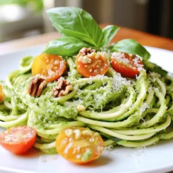 - 4 medium zucchinis - 1 ripe avocado - 2 cups fresh basil leaves - 1/4 cup walnuts (or pine nuts) - 2 cloves garlic, minced - 2 tablespoons nutritional yeast - 2 tablespoons lemon juice - 1/4 cup extra-virgin olive oil - Salt and pepper to taste - Cherry tomatoes, halved (for garnish) - Grated Parmesan cheese or vegan alternative (optional, for serving) When measuring ingredients, use standard kitchen tools. A cup is 8 ounces. A tablespoon is 15 milliliters. For smaller amounts, a teaspoon is 5 milliliters. Precision gives you better taste. You can add a pinch of red pepper flakes for heat. A squeeze of lime juice gives a fresh twist. Try adding spinach to the pesto for extra greens. Sun-dried tomatoes can add depth to your dish. To start, take four medium zucchinis. Use a spiralizer or a vegetable peeler to make zucchini noodles, often called zoodles. If you use a spiralizer, it’s quick and fun! After you create the zoodles, place them in a colander. This step helps drain out excess moisture. Let them sit for about five minutes. This way, your dish won't get watery later. Next, we need to make our creamy avocado basil pesto. Grab one ripe avocado and scoop it into a food processor. Add in two cups of fresh basil leaves for a bright flavor. Toss in a quarter cup of walnuts or pine nuts for some crunch. Then, add two cloves of minced garlic for a kick. Sprinkle in two tablespoons of nutritional yeast. This adds a cheesy taste without dairy. Squeeze in two tablespoons of lemon juice for a fresh zing. Season with salt and pepper to taste. Blend everything until smooth. While blending, slowly pour in a quarter cup of extra-virgin olive oil. This makes the pesto creamy. Taste it and adjust the seasoning if needed. Now it’s time to bring it all together. In a large bowl, add the drained zucchini noodles. Pour the avocado basil pesto over the zoodles. Toss them gently until the noodles are evenly coated. This is where the magic happens! The zoodles soak up all that rich flavor. For a nice touch, plate the zoodles and top them with halved cherry tomatoes. If you like, add some grated Parmesan cheese or a vegan option on top. Enjoy your meal fresh and vibrant! For the full recipe, check out the section above. To make perfect zucchini noodles, you need a few tools. A spiralizer is my favorite. It turns the zucchini into long, fun noodles. You can also use a vegetable peeler. This tool makes wide strips. A sharp knife works too; just cut thin slices. Each tool gives you a different shape and texture. Choose the one that suits you best! If you have leftovers, store them right. Keep the zucchini noodles and pesto separate. Use an airtight container to keep them fresh. The noodles can last in the fridge for two days. The pesto stays good for about a week. Just make sure to cover it with oil to prevent browning. When you're ready to eat, mix them again for a tasty meal. Watery zoodles can ruin your dish. To prevent this, salt the noodles first. Place them in a colander and let them sit for 10-15 minutes. This step helps draw out extra moisture. You can also pat them with a paper towel. Cooking the noodles briefly in a hot pan can help too. Just sauté them for a minute. This keeps them firm and tasty. {{image_2}} You can change up the pesto for fun flavors. Try using spinach or arugula instead of basil. You can also swap walnuts for almonds or cashews. If you want a kick, add some chili flakes. For a creamier texture, blend in some Greek yogurt. These changes can make your dish unique and tasty. Serving zucchini noodles is easy and fun. You can add a sprinkle of lemon zest for a fresh twist. Another idea is to mix in roasted veggies, like bell peppers or mushrooms. This gives a nice crunch and color. You could also serve the zoodles in a bowl topped with your favorite sauce. Get creative with your servings to make every meal special. If you want extra protein, there are many options. Grilled chicken or shrimp works well with zucchini noodles. You can also use chickpeas for a plant-based choice. Tofu is another great option; just sauté it until golden. Adding protein makes the meal more filling and nutritious. Each choice can change the flavor and texture, so have fun experimenting! For the complete recipe, check out the Full Recipe section. Each serving of zucchini noodles with pesto is rich in nutrients. It has about: - Calories: 250 - Protein: 6g - Carbs: 12g - Fat: 22g This dish gives you a good balance of healthy fats and carbs. Zucchini adds fiber, and avocado brings healthy fats. Zucchini is low in calories but high in water. It helps keep you hydrated. It also has vitamins A and C. These vitamins boost your immune system and skin health. Pesto, made with basil and nuts, is full of antioxidants. Basil helps reduce inflammation. Nuts give you healthy fats and protein. Together, they create a tasty, healthful meal. This meal is light but filling. It offers a good mix of macronutrients. Zucchini noodles are low in calories and carbs, making them a great choice for weight loss. The avocado creates a creamy texture and adds healthy fats. Pesto enhances flavor while keeping the dish nutritious. For more details on how to prepare this dish, check the Full Recipe! You can make zucchini noodles with a simple vegetable peeler. First, wash the zucchinis. Then, hold the zucchini steady and peel long strips down the length. Keep going until you reach the seeds in the middle. This will give you flat noodles. You can cut these strips into thinner pieces to resemble traditional noodles. It takes a bit more time, but it's easy and fun! Yes, you can use store-bought pesto. It saves time and works well. Just make sure to choose a brand that uses fresh ingredients. Look for options without added preservatives. You can even mix in some fresh basil to enhance the flavor. It’s a great shortcut if you want a quick meal but still want that delicious pesto taste. Absolutely! This recipe is great for meal prep. You can make the zoodles and pesto in advance. Just keep them separate until you are ready to eat. Store the zoodles in a sealed container. The pesto can go in a jar or bowl. They will last in the fridge for up to three days. This way, you can have a fresh meal ready in minutes. Don't forget to check the Full Recipe for more tips! This blog post covered how to make tasty zucchini noodles with avocado basil pesto. We explored the key ingredients, gave step-by-step instructions, and shared handy tips. You learned about flavor variations and the health benefits of this dish. Consider trying unique ingredients or adding protein to make it your own. Enjoy your meals and feel proud of your cooking! Zucchini noodles can be fun and healthy with just a little creativity.