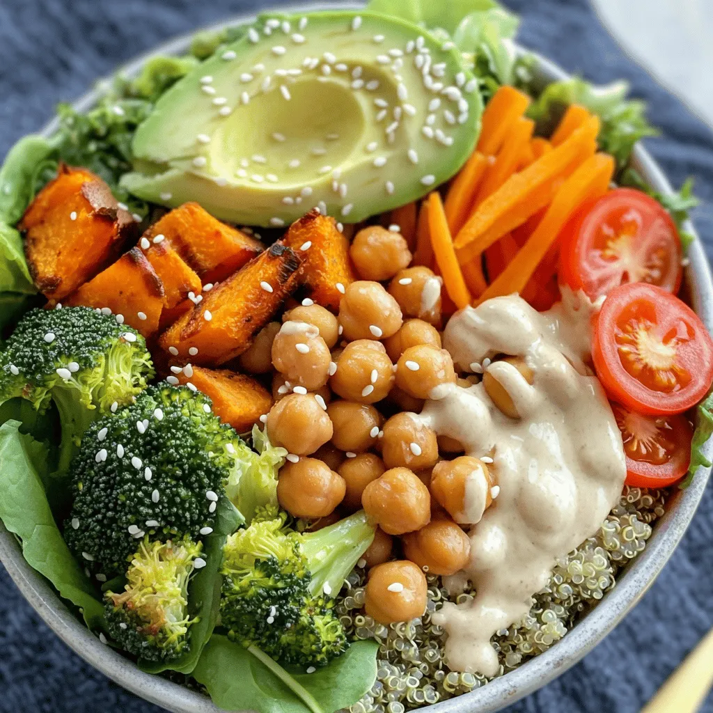 To make a vibrant vegan Buddha bowl, you need these key ingredients: - 1 cup quinoa, rinsed and drained - 2 cups vegetable broth - 1 cup chickpeas, cooked or canned (rinsed and drained) - 1 medium sweet potato, peeled and diced - 1 cup broccoli florets - 1 medium carrot, julienned - 1 avocado, sliced - ½ cup cherry tomatoes, halved - 2 cups mixed greens (spinach, kale, or arugula) - 2 tablespoons olive oil - 1 tablespoon tahini - 1 tablespoon lemon juice - 1 tablespoon maple syrup - Salt and pepper to taste - Sesame seeds for garnish Each of these ingredients brings unique flavors and textures to your bowl. Quinoa serves as a hearty base. Sweet potatoes add sweetness and creaminess. Chickpeas give protein and fiber. Broccoli and carrots add crunch and color. Avocado brings healthy fats, while cherry tomatoes brighten your dish. You can customize your Buddha bowl with these fun add-ins: - Roasted bell peppers - Sliced radishes - Pickled red onions - Nuts or seeds like pumpkin or sunflower - Fresh herbs like cilantro or parsley These add-ins give your bowl a personal touch. They also add more nutrients and exciting flavors. Mix and match to keep your Buddha bowl fresh and new each time. Here are the health benefits of these key ingredients: - Quinoa: High in protein and gluten-free. It has all nine essential amino acids. - Chickpeas: Great source of protein and fiber. They help keep you full. - Sweet Potatoes: Packed with vitamins A and C. They are great for your skin and vision. - Broccoli: Rich in vitamins K and C. It has antioxidants that boost your immune system. - Carrots: High in beta-carotene. They promote eye health and skin health. - Avocado: Full of healthy fats. It helps lower bad cholesterol levels. - Cherry Tomatoes: They are low in calories and high in vitamins. They help keep your heart healthy. - Mixed Greens: They provide vitamins and minerals. They are also low in calories. This combination not only tastes great but also nourishes your body. Each bite is filled with health benefits. Use the [Full Recipe] to guide you in making this delicious bowl. Start by washing and peeling your sweet potato. Dice it into small cubes. This helps it cook evenly. Next, wash the broccoli florets. You want to keep them bite-sized. Toss both the sweet potato and broccoli with olive oil, salt, and pepper. This adds flavor and helps with roasting. Spread them on a baking sheet. Make sure they are in a single layer. This helps them roast well. In a medium saucepan, combine one cup of rinsed quinoa and two cups of vegetable broth. Bring this mixture to a boil over medium heat. Once it boils, reduce the heat to low. Cover the pot and let it cook for 15 minutes. After that, remove it from heat and let it sit for five minutes, still covered. This resting time makes the quinoa fluffy. In a small bowl, mix tahini, lemon juice, and maple syrup. Add a pinch of salt for taste. Pour a tablespoon of water in and whisk until smooth. If the dressing is too thick, add a bit more water. You want it creamy, but pourable. This dressing adds a rich flavor to your bowl. Now you're ready to assemble your Vegan Buddha Bowl. Follow the [Full Recipe] for complete assembly steps! Roasting brings out the best flavors in vegetables. First, cut them evenly. This helps them cook at the same time. Use enough olive oil to coat them lightly. Salt and pepper enhance their taste. Spread them out on the baking sheet. Crowded veggies steam instead of roast. Roast at 425°F for crispiness. Stir halfway to ensure even cooking. Sweet potatoes and broccoli need about 20-25 minutes. You want them tender and slightly golden. A beautiful bowl makes the meal more inviting. Start with a base of fluffy quinoa. Layer the roasted veggies on top. Use colors to create a rainbow effect. Add bright cherry tomatoes and green avocado slices. A handful of mixed greens adds freshness. Drizzle with tahini dressing for a glossy finish. Sprinkle sesame seeds for crunch. Arrange everything neatly and enjoy the visual treat. Pair bold flavors to make your bowl pop. Chickpeas add protein and a nutty taste. Sweet potatoes bring a creamy, sweet touch. Use a tahini dressing for a rich, nutty contrast. Lemon juice brightens up the dish. For a kick, try adding sriracha or hot sauce. Fresh herbs like cilantro or parsley add a burst of flavor too. Don’t forget to adjust seasoning to your taste. Enjoy exploring different flavor combinations! For the full recipe, check out the Vibrant Vegan Buddha Bowl. {{image_2}} You can switch up the protein in your Buddha bowl. Chickpeas are great, but you might enjoy black beans or lentils too. Tofu is another fantastic choice. Try marinated and baked tofu for extra flavor. Tempeh works well since it has a nutty taste. You can also add edamame for a fresh twist. Each of these options gives you a different taste and texture. While quinoa is a popular base, you can use other grains. Brown rice is a filling choice. It adds a chewy texture and a nutty flavor. Farro is another fun grain that has a slightly chewy bite. If you're looking for something lighter, try cauliflower rice. It's low in carbs and adds a unique taste. Each grain brings its own flair to the bowl. Using seasonal produce makes your Buddha bowl fresh and exciting. In spring, add asparagus or peas for a bright touch. Summer calls for zucchini and bell peppers. In fall, sweet potatoes or butternut squash shine. Winter is perfect for root veggies like carrots and beets. Adjusting your ingredients based on the season keeps your meals interesting and flavorful. For a full recipe, check out the Vibrant Vegan Buddha Bowl. Store leftover Buddha bowls in an airtight container. This keeps the flavors fresh. You can keep them in the fridge for up to three days. If you want to save space, separate the toppings. This way, the ingredients stay crisp and tasty. You can freeze certain ingredients for later use. Cooked quinoa and chickpeas freeze well. Portion them in bags or containers. Make sure to remove air to avoid freezer burn. Sweet potatoes and roasted veggies can also be frozen. Just let them cool first. They will keep for about three months in the freezer. When you reheat your Buddha bowl, do it gently. Use a microwave or stove. If using a microwave, cover the bowl to keep moisture. Heat in short bursts to avoid overcooking. If using a pan, add a splash of water. This helps steam the ingredients. For the best taste, enjoy your bowl warm, but not too hot. For more details, check the Full Recipe. A Buddha bowl is a meal served in a single bowl. This dish is colorful and often filled with grains, veggies, proteins, and healthy fats. The name comes from the way it looks; it’s often piled high like a Buddha's belly. You can mix and match ingredients based on your taste. This makes each bowl unique and fun to create. Yes, you can easily make a Buddha bowl gluten-free. Just pick gluten-free grains like quinoa or rice. Make sure to check labels on packaged ingredients like dressings and sauces. Many veggies and legumes are gluten-free too. This way, you can enjoy a tasty and safe meal without worry. You can use many toppings for your Vegan Buddha bowl. Here are some great ideas: - Sliced avocado - Cherry tomatoes - Fresh herbs like cilantro or parsley - Seeds like pumpkin or sunflower - Nuts like almonds or walnuts - Sauces like soy sauce or hot sauce - Pickled vegetables for a tangy kick Feel free to get creative! You can mix and match toppings to suit your taste. For the full recipe, check out the Vibrant Vegan Buddha Bowl 🥗. In this post, we explored how to create a delicious Vegan Buddha Bowl. We covered essential ingredients, step-by-step instructions, and helpful tips. Each ingredient brings unique nutrition and flavor that makes your bowl special. Remember, you can mix and match for variety. Consider seasonal veggies or alternative proteins for a fresh twist. Storing leftovers correctly keeps your meal tasty for later. Buddha bowls are not just healthy but also fun to make. Embrace your creativity and enjoy the process!