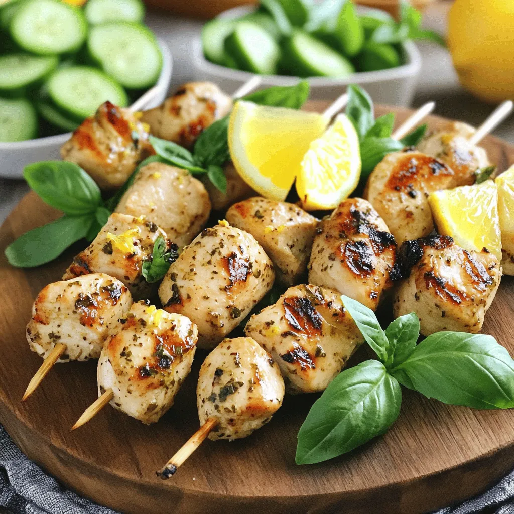 - 1 lb boneless, skinless chicken breasts - 2 large lemons (zest and juice) - 1/4 cup fresh basil, finely chopped - 4 cloves garlic, minced - 1/4 cup olive oil - 1 teaspoon honey - 1 teaspoon salt - 1/2 teaspoon black pepper - 1 teaspoon red pepper flakes (optional) - Skewers (wooden or metal) The key to my Lemon Basil Chicken Skewers is in the ingredients. I use one pound of boneless, skinless chicken breasts. This keeps the dish light and tender. The chicken should be cut into one-inch cubes. Next, I grab two large lemons. I use both the juice and zest for a bright, fresh flavor. The zest adds a punch, while the juice helps marinate the chicken. I also include a quarter cup of fresh basil. This herb brings an aromatic touch to the dish. Finely chop it for the best flavor release. Now, let’s talk about the marinade. I use four cloves of minced garlic. Garlic adds depth and flavor. I also mix in a quarter cup of olive oil. This oil helps keep the chicken moist. To balance the flavors, I add one teaspoon of honey. This gives a hint of sweetness. I season with one teaspoon of salt and half a teaspoon of black pepper. These spices enhance the taste. If you like heat, one teaspoon of red pepper flakes is optional. Finally, don’t forget the skewers! Wooden or metal skewers work well. If you choose wooden ones, soak them in water for 30 minutes. This prevents them from burning on the grill. For the full recipe, check out the complete guide. To start, grab a large mixing bowl. Combine the following ingredients: - Lemon juice from 2 large lemons - Zest from those same lemons - 1/4 cup of fresh basil, finely chopped - 4 cloves of minced garlic - 1/4 cup of olive oil - 1 teaspoon of honey - 1 teaspoon of salt - 1/2 teaspoon of black pepper - 1 teaspoon of red pepper flakes (optional) Mix these well to create a bright and flavorful marinade. The lemon and basil will shine here, bringing fresh taste to the chicken. Next, add your chicken pieces to the bowl. The chicken should be cut into 1-inch cubes. Make sure to coat the chicken thoroughly with the marinade. This step helps the chicken absorb all those tasty flavors. Cover the bowl with plastic wrap and pop it in the fridge. Let it marinate for at least 30 minutes, but up to 2 hours gives the best results. While your chicken marinates, it’s time to prep for grilling. If you are using wooden skewers, soak them in water for at least 30 minutes. This step stops them from burning on the grill. If you're using metal skewers, you can skip this step. Also, preheat your grill or grill pan over medium-high heat. A little oil on the grill grates prevents sticking. Now comes the fun part! Thread your marinated chicken onto the skewers. Leave a little space between each piece. This helps them cook evenly. Place the skewers on the grill and cook for about 10-15 minutes. Turn them occasionally to get nice grill marks. You know they are done when the internal temperature reaches 165°F. Once cooked, take them off the grill and let them rest for a few minutes before serving. For the full recipe, check out the details above. To get the best taste, marinate your chicken longer. I suggest at least two hours. This allows the flavors to soak in deeply. The lemon juice brightens the dish, while the basil adds freshness. If you have the time, let it marinate overnight. Your taste buds will thank you! Grilling can be tricky, but I have some tips. First, make sure your grill is hot. This helps the chicken cook evenly. Oil the grill grates lightly to prevent sticking. Use a pair of tongs to turn the skewers regularly. This way, the chicken gets nice grill marks without burning. How you present your food matters. Serve the skewers on a big platter. Add some fresh basil leaves and lemon wedges for color. You can also pair them with tzatziki sauce or a cucumber salad. This adds a cool contrast to the warm chicken. For the full recipe, check back for easy steps! {{image_2}} You can swap chicken for other proteins. Shrimp works well and cooks fast. Tofu is a great option for a vegetarian twist. Just remember to add more marinade time for tofu. You can also use beef or pork if you prefer. Adjust cook times based on the protein you choose. To make your skewers more exciting, try adding different herbs. Fresh parsley or cilantro can change the taste. You can also mix in spices like paprika or cumin for warmth. Try using lime juice instead of lemon for a zesty twist. Each change can make your meal unique and fun. Mix and match ingredients on your skewers. Add bell peppers, onions, or cherry tomatoes for color. Fruits like pineapple or peach can bring a sweet touch. These combinations not only add flavor but also make your dish look great. Explore different pairings to find your favorite! For more ideas, check out the Full Recipe. After you enjoy your Lemon Basil Chicken Skewers, store any leftovers right away. Place them in an airtight container. This keeps them fresh and tasty. You can refrigerate the skewers for up to three days. If you want to keep them longer, freeze the skewers. They can last up to three months in the freezer. When freezing, wrap them tightly in plastic wrap, then place them in a freezer bag. This prevents freezer burn. To reheat your chicken skewers, the oven works best. Preheat your oven to 350°F. Place the skewers on a baking sheet. Cover them with foil to keep them moist. Heat for about 10-15 minutes or until warmed through. You can also reheat them in a skillet over medium heat. Just add a splash of water to keep them juicy. Heat for about 5-7 minutes, turning occasionally. Leftover Lemon Basil Chicken Skewers stay safe to eat for three days in the fridge. If you freeze them, they are good for about three months. Always check for any off smells or changes in texture before eating. If you notice anything odd, it's best to toss them. Enjoy your skewers with confidence! You should marinate the chicken for at least 30 minutes. For the best flavor, I recommend two hours. This time allows the chicken to soak up all the tasty lemon and basil flavors. The longer you marinate, the more flavorful the chicken will be. No, you should soak wooden skewers before using them. Soaking helps prevent burning on the grill. I suggest soaking them in water for at least 30 minutes. This keeps your skewers intact while cooking and lets the chicken shine. These skewers taste great with a variety of sides. Here are some delicious options: - Cucumber salad - Tzatziki sauce - Grilled vegetables - Rice or quinoa - Garlic bread These sides add freshness and balance to your meal. No, it is not safe. Chicken should reach an internal temperature of 165°F. If you see pink, use a meat thermometer to check. Eating undercooked chicken can lead to foodborne illness, so always check the temp. To prep these skewers in advance, marinate the chicken one day before. Keep it in the fridge until you are ready to grill. You can also thread the chicken onto skewers a few hours in advance. Just cover them and keep them cool until grilling. This makes your cookout stress-free! Lemon Basil Chicken Skewers are simple and tasty. We discussed the main ingredients and marinade, as well as easy steps to prepare and grill. Tips for flavor and presentation can make your dish stand out. You can use different proteins or flavors to mix things up. Proper storage and reheating keeps leftovers tasty. Remember to have fun with it. Enjoy making this meal for family and friends. Your next cookout will be a hit. Get ready for smiles and compliments!