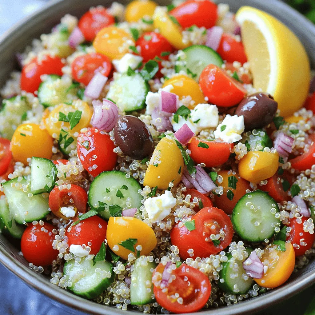 For this Mediterranean quinoa salad, you'll need a variety of fresh and tasty items. The main star is quinoa. It’s a nutty grain packed with protein. I use one cup of rinsed quinoa. You’ll also need two cups of water or vegetable broth to cook it. Other key ingredients include: - Cherry tomatoes for sweetness. - A cucumber for crunch. - Red bell pepper for color. - Red onion for a sharp bite. - Kalamata olives for saltiness. - Feta cheese for creaminess. You probably have some of these items in your kitchen. I use extra virgin olive oil and lemon juice for the dressing. Both add great flavor. You’ll also need dried oregano, salt, and pepper to season the salad. These pantry staples make creating the dressing easy and delicious. Fresh produce makes this salad bright and healthy. Chop up one cup of cherry tomatoes, a diced cucumber, and a diced red bell pepper. I also finely chop half a red onion for a nice kick. Freshness shines through with parsley. I like to add a quarter cup of chopped fresh parsley. It gives a vibrant touch and enhances the flavor. For the full recipe, you can check the details above. Enjoy making this delicious Mediterranean quinoa salad! Start by rinsing 1 cup of quinoa under cold water. This removes the bitter coating called saponin. Next, in a medium saucepan, bring 2 cups of water or vegetable broth to a boil. Add the rinsed quinoa and a pinch of salt. Lower the heat, cover the pot, and let it simmer for about 15 minutes. The quinoa will absorb the liquid and become fluffy. Once done, remove it from heat and let it cool. While the quinoa cools, grab a large mixing bowl. Add 1 cup of halved cherry tomatoes, 1 diced cucumber, and 1 diced red bell pepper. Then, toss in 1/2 finely chopped red onion, 1/2 cup of sliced kalamata olives, and 1/2 cup of crumbled feta cheese. Finally, sprinkle in 1/4 cup of chopped fresh parsley. This mix brings color and crunch to your salad, making it vibrant and fresh. In a small bowl, whisk together 1/4 cup of extra virgin olive oil, 2 tablespoons of lemon juice, 1 teaspoon of dried oregano, and salt and pepper to taste. This dressing adds a zesty flavor that brightens the salad. Taste it, and adjust the seasoning if needed. You want it to be flavorful but not overpowering. Once the quinoa has cooled, fluff it with a fork to separate the grains. Add it to the bowl with the mixed vegetables. Pour the dressing over the salad and gently mix everything together until well combined. Make sure every ingredient is coated in that tasty dressing. Cover the salad and refrigerate for at least 30 minutes. This helps the flavors meld together, making the salad even better. For the full recipe, check out the details above. Enjoy your Mediterranean Quinoa Salad! To boost the taste of your Mediterranean quinoa salad, try adding fresh herbs. Fresh mint or basil adds a nice twist. You can also include a pinch of red pepper flakes for a bit of heat. Don't forget to adjust the lemon juice to your liking. A bit more can brighten the dish. Cooking quinoa is simple, but there are a few key tips. Always rinse your quinoa before cooking. This removes the bitter coating called saponin. Use a ratio of 1 cup quinoa to 2 cups water or broth. Bring it to a boil, then lower the heat and cover. Let it simmer for about 15 minutes. Once it's done, let it sit covered for another 5 minutes. This makes the quinoa fluffy and light. Serve your salad chilled or at room temperature. For a pretty presentation, use a large bowl or individual plates. Garnish with extra parsley and a lemon wedge. This adds color and a fresh touch. You can also pair it with grilled chicken or fish for a complete meal. For a fun twist, serve it in lettuce cups for a crunchy bite. Check out the Full Recipe for more ideas! {{image_2}} You can change ingredients in your Mediterranean quinoa salad. For example, swap out cherry tomatoes for diced bell peppers. You could also use cucumber instead of zucchini for a crunch. If you don’t like feta cheese, try goat cheese or leave it out entirely. Instead of kalamata olives, use green olives for a different taste. These swaps let you personalize the salad to fit your likes. The dressing can change the whole salad. If you want a zestier flavor, use balsamic vinegar instead of lemon juice. You could try adding some Dijon mustard for a creamy texture. For a spicy kick, mix in a pinch of red pepper flakes. You can even make a yogurt-based dressing for a creamy touch. These options keep your salad fresh and exciting. Adding protein makes this salad more filling. You can include grilled chicken or shrimp. If you want a vegetarian option, try chickpeas or black beans. Tofu is another great choice for a plant-based boost. These proteins pair well with the fresh veggies and enhance the flavors of the dish. Check out the Full Recipe for more ideas on how to make this salad your own! After making your Mediterranean quinoa salad, let it cool completely. Once it's cool, transfer it to an airtight container. Store it in the fridge for up to 3 days. The flavors get better as it sits. Just make sure to stir it before serving. You can freeze this salad, but it may change texture. To freeze, place it in a freezer-safe container. It will last for about 1 month. When you’re ready to eat, thaw it overnight in the fridge. The veggies might be softer, but the taste remains good. If you want to warm it up, do so gently. Use the microwave on low heat. Stir every 30 seconds to heat evenly. You can also serve it cold, which many people enjoy. For a fresh touch, add a squeeze of lemon before serving. If you want to know how to make this salad, check out the Full Recipe. Quinoa is a small grain that comes from South America. It is a complete protein, meaning it has all nine essential amino acids. This makes quinoa great for muscle health. It is also high in fiber, which helps digestion. Quinoa is rich in vitamins and minerals, including magnesium, iron, and B vitamins. Eating quinoa can help you feel full and satisfied. Yes, you can make this salad ahead of time. It actually tastes better after letting it sit. The flavors mix and become more vibrant. Just store it in an airtight container in the fridge. I recommend eating it within three days for the best taste and freshness. To make this salad vegan, simply leave out the feta cheese. You can replace it with avocado for creaminess. Another option is to use a vegan cheese alternative. This keeps the salad tasty and satisfying while sticking to a plant-based diet. This salad pairs well with grilled chicken or fish for a hearty meal. It also works great as a side dish with roasted vegetables. You can serve it alongside pita bread and hummus for a light lunch. For a more filling option, add chickpeas or black beans. Yes, quinoa is gluten-free. It is a safe choice for those with gluten intolerance or celiac disease. You can enjoy it without worry. Always check for cross-contamination if you buy pre-packaged quinoa. This ensures it stays safe for those avoiding gluten. You can find the full recipe [here](Full Recipe). You learned about making a tasty Mediterranean Quinoa Salad. We covered key ingredients, step-by-step action, and storage tips. You can tweak flavors with easy swaps and dressing choices. Plus, storing your salad is simple. Keep exploring different flavors and ways to serve this dish. Enjoy making it your own!