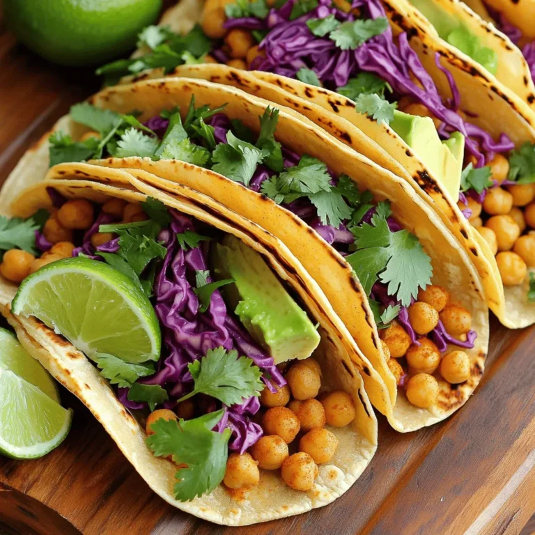 - 1 can (15 oz) chickpeas, rinsed and drained - 2 tablespoons olive oil - 1 teaspoon smoked paprika - 1 teaspoon cumin - 1/2 teaspoon garlic powder - 1/2 teaspoon chili powder - Salt and pepper to taste - 8 small corn or flour tortillas - 1 cup shredded red cabbage - 1 avocado, sliced - 1/4 cup fresh cilantro, chopped - Lime wedges, for serving For my crispy chickpea tacos, I love using canned chickpeas. They save time and are easy to work with. Rinse them well to remove the canning liquid. This step helps them crisp up better. Olive oil adds flavor and helps the spices stick. Smoked paprika brings a warm, smoky taste to the dish. Cumin adds depth and earthiness. Garlic powder and chili powder give it a nice kick. I always add salt and pepper to enhance all the flavors. For the tortillas, you can choose corn or flour. Both work well. I prefer small tortillas because they are easy to handle. They hold just the right amount of filling. The toppings are where the fun begins! Shredded red cabbage adds crunch and color. Avocado brings creaminess that balances the spices. Fresh cilantro adds brightness and freshness. Don’t forget lime wedges. A squeeze of lime gives the tacos a zesty kick. You can find the full recipe for these delicious tacos in the earlier sections. Enjoy creating your own crispy chickpea tacos! - Preheat the oven to 400°F (200°C). - In a mixing bowl, combine the rinsed chickpeas with 2 tablespoons of olive oil. - Add 1 teaspoon smoked paprika, 1 teaspoon cumin, 1/2 teaspoon garlic powder, and 1/2 teaspoon chili powder. - Season with salt and pepper to taste. - Toss everything well to coat the chickpeas evenly. - Spread the seasoned chickpeas on a baking sheet. - Make sure they are in a single layer for even cooking. - Roast in the oven for 25-30 minutes. - Shake the pan halfway through to help them cook evenly. - While the chickpeas roast, warm the tortillas in a skillet. - Heat them for about 30 seconds on each side. - On each tortilla, layer a handful of shredded red cabbage. - Add a generous spoonful of crispy chickpeas on top. - Finish with sliced avocado and a sprinkle of fresh cilantro. - Serve with lime wedges on the side for extra flavor. For the full recipe, check out the instructions above! - Ensure chickpeas are well-dried before seasoning. Wet chickpeas will not crisp. - Use high-quality olive oil. It adds flavor and helps with crunch. To dry chickpeas, drain them well and pat them with a towel. This simple step can make a big difference. When you use good olive oil, you elevate the taste. I recommend a robust oil for the best results. - Heat in a dry skillet for better texture than a microwave. A skillet gives a nice crisp edge. - Warm tortillas for about 30 seconds on each side. Keep the heat at medium to avoid burning. I find that a hot skillet makes the tortillas flexible and tasty. If you’re in a rush, the microwave works, but the texture won’t be as great. - Pair tacos with salsa or hot sauce. This adds a burst of flavor. - Ideal side dishes include rice or a fresh salad. They balance the meal well. Fresh salsa adds zing to the tacos. A side of rice or salad rounds out the dish. You can find the full recipe to create these delicious tacos and enjoy! {{image_2}} You can swap chickpeas for other legumes like black beans. Black beans give a nice taste and texture. If you want a different texture, try adding quinoa or lentils. Both are packed with protein and add a fun chewiness to your tacos. For a vegetarian or vegan twist, use plant-based toppings. Fresh herbs and spicy salsas can add great flavor. You can also choose gluten-free tortillas for those with dietary needs. These small changes keep the meal tasty and inclusive for everyone. Don’t be afraid to experiment with spices! Adding curry powder or taco seasoning can change the whole dish. You could also add cheese or dairy-free alternatives if you like. This way, you can create a flavor profile that suits your taste buds perfectly. For the full recipe, check out the details in the earlier section. To keep your crispy chickpeas fresh, store them in an airtight container. This helps maintain their crunch. You can place them in the fridge for about 3 to 5 days. If you want to reheat them, use the oven. Preheat it to 350°F (175°C) and bake for 5 to 10 minutes. This method brings back their crispy texture and taste. When it comes to tacos, it’s best to store the components separately. This keeps your tortillas from getting soggy. Use small containers for each ingredient. Store the crispy chickpeas, shredded cabbage, and avocado in different containers. You can keep the assembled tacos in the fridge for a short time, but they taste best fresh. You can freeze the chickpeas, but I don’t recommend freezing assembled tacos. If frozen, the tortillas can become mushy when thawed. Instead, freeze the chickpeas on a baking sheet. Once frozen, transfer them to a freezer-safe bag. They can last up to 3 months. When you want to use them, just reheat in the oven. To make chickpeas crispy, start with well-dried chickpeas. Drain them and pat them dry with a towel. This step is key. Then, mix them with olive oil and spices. Use smoked paprika, cumin, garlic powder, and chili powder for great flavor. Spread the chickpeas in a single layer on a baking sheet. Roast them at 400°F (200°C) for about 25 to 30 minutes. Shake the pan halfway through. This helps them cook evenly. You want them golden and crunchy, not soft. Yes, you can prepare these tacos ahead. Cook the chickpeas and store them in an airtight container. They stay fresh for about three days in the fridge. When you are ready to serve, reheat them in the oven for a few minutes. You can also warm the tortillas in a skillet. Prepare toppings like cabbage, avocado, and cilantro ahead too. Just keep them in separate containers. This way, you can assemble fresh tacos when you are ready to eat. Great toppings can really elevate your tacos. I suggest using shredded red cabbage for crunch. It adds a nice texture. Sliced avocado brings creaminess and healthy fats. Fresh cilantro adds a burst of flavor. You can also try adding hot sauce or salsa for some heat. Lime wedges are a must for that zesty kick. Remember, you can mix and match toppings to suit your taste. Enjoy creating your perfect taco! For the full recipe, check out the details above. Crispy chickpea tacos are simple and fun to make. Start with canned chickpeas and spices. Roast them until golden, then pile them in warm tortillas. Top with cabbage, avocado, and cilantro for freshness. These tacos shine with extra crispy chickpeas and fresh toppings. You can also try different flavors, proteins, or keep leftovers fresh. Enjoy these tasty tacos any night of the week!