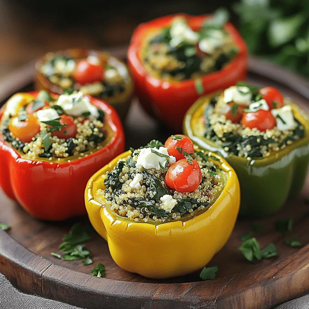 - 4 large bell peppers (any color) - 2 cups fresh spinach, chopped - 1 cup feta cheese, crumbled - 1 cup cooked quinoa (or rice) - 1/2 cup cherry tomatoes, diced - 1/4 cup red onion, finely chopped - 2 cloves garlic, minced - 1 teaspoon olive oil - 1 teaspoon dried oregano - Salt and pepper to taste - Fresh parsley, for garnish When making spinach and feta stuffed peppers, it's key to use fresh ingredients. The bell peppers serve as a tasty shell. You can choose any color you like. Red, yellow, or green all work well. Fresh spinach adds a nice green touch. It packs a lot of nutrients too. Feta cheese gives a creamy, salty flavor. It melts just right when baked. Quinoa or rice acts as a filling base. They both add texture and heartiness. Cherry tomatoes lend a sweet and juicy bite. Red onion brings a bit of sharpness. Garlic adds depth to the dish. Olive oil helps with cooking and flavor. Dried oregano adds a hint of earthiness. Salt and pepper balance out all the tastes. Fresh parsley makes a great garnish. It adds color and freshness to the dish. This recipe is not only delicious but also simple. Each ingredient plays a role in making the stuffed peppers stand out. You can find the full recipe [Full Recipe]. 1. Preheat your oven to 375°F (190°C). This step is key for even cooking. 2. Prepare the bell peppers. Cut the tops off and remove the seeds and membranes. Set them aside for later. 3. Sauté garlic and onion. In a large skillet, heat one teaspoon of olive oil over medium heat. Add two cloves of minced garlic and a quarter cup of finely chopped red onion. Cook for about 2-3 minutes until they soften. 4. Combine sautéed ingredients with quinoa or rice. Stir in two cups of chopped spinach to the skillet. Cook until the spinach wilts, which takes about 2 minutes. 5. In a large mixing bowl, combine the sautéed mixture with one cup of cooked quinoa (or rice), half a cup of diced cherry tomatoes, and one cup of crumbled feta cheese. Add one teaspoon of dried oregano, salt, and pepper to taste. Mix well for a tasty filling. 6. Pack the filling into the peppers. Spoon the spinach and feta mixture into each bell pepper, packing it tightly. 7. Cover the dish. Place the stuffed peppers in a baking dish. Add about a quarter cup of water to the dish to help steam the peppers while they bake. 8. Bake the peppers. Cover the dish with foil and bake for 25 minutes. After that, remove the foil and bake for another 10-15 minutes. This will make the peppers tender and slightly browned on top. Feel free to check out the Full Recipe for more details! To make sure your peppers are tender, cook them right. Pre-bake them for 15 minutes before stuffing. This softens the skin and helps them cook through. Use a glass or ceramic baking dish. These materials heat evenly, so your peppers cook well. Want more flavor? Try adding spices like cumin or smoked paprika to the filling. Fresh herbs like basil or dill can also brighten up the dish. For a tasty drizzle, use a balsamic reduction or a squeeze of lemon juice. This adds a nice touch and enhances the overall taste. Serve your stuffed peppers with a fresh green salad. A light vinaigrette pairs well. For a fun twist, place them upright on a large platter. Drizzle olive oil on top and sprinkle parsley for color. This makes a beautiful presentation that impresses guests. You can find the full recipe in the previous sections. {{image_2}} You can easily change this recipe to fit your taste. If you like meat, add ground beef or turkey to the filling. Cook the meat first before adding it to the veggies. For a lighter option, use ground chicken or turkey. You can also try plant-based meat if you want a vegetarian choice. Feel free to add more veggies to the mix. Chopped zucchini, mushrooms, or even corn can add flavor and texture. Each extra veggie brings its own taste and makes the dish more colorful. Switching up your herbs can make a big difference in taste. Instead of oregano, use basil for a sweeter flavor. Thyme or rosemary can also add a nice touch. Experiment with different spices until you find your favorite mix. Cheese options are fun too! Instead of feta, try goat cheese for a tangy taste. Mozzarella melts beautifully and gives a creamy texture. You can even mix different cheeses for a richer flavor. Take your stuffed peppers on a trip around the world! For a Mediterranean twist, add olives and sun-dried tomatoes. These ingredients bring a taste of the sun to your plate. If you want a Latin flair, mix in black beans and corn for a hearty filling. A little cumin or chili powder can add zest. You might even top them with avocado or salsa for an extra kick. Exploring these variations allows you to create new meals every time, keeping your cooking exciting. For the full recipe, check out the [Full Recipe]. To keep your spinach and feta stuffed peppers fresh, store them in an airtight container. Place a paper towel in the container to absorb moisture. This helps keep the peppers crisp. They will last up to four days in the fridge. Make sure to let them cool completely before sealing. When you want to enjoy your leftovers, the best way to reheat them is in the oven. Preheat the oven to 350°F (175°C). Place the peppers on a baking sheet and cover them with foil. This helps keep them moist. Bake for about 15-20 minutes until they’re heated through. To avoid soggy peppers, skip the microwave and stick with the oven. If you want to save some for later, freezing is a great option. First, wrap each stuffed pepper tightly in plastic wrap. Then, place them in a freezer bag or container. They can last up to three months in the freezer. When you’re ready to eat, you can thaw them overnight in the fridge. For a quicker method, microwave them for a few minutes until thawed. Bake stuffed peppers at 375°F (190°C). Cover them with foil for 25 minutes. Then, uncover and bake for another 10 to 15 minutes. This timing helps the peppers soften and the tops brown slightly. Yes, you can prep stuffed peppers ahead of time. Assemble them and store in the fridge for a day. Just bake them right before serving. This saves time and keeps the meal fresh. Serve the stuffed peppers on a bright platter. Drizzle olive oil on top for shine. Add fresh parsley for color. This makes each pepper look tasty and inviting. Absolutely! You can use rice, couscous, or farro instead. Each grain adds a unique taste and texture. Just ensure it's cooked before mixing it with the filling. Stuffed peppers are packed with nutrients. They are low in calories and high in vitamins. Spinach adds iron, while feta brings calcium. The mix offers protein from quinoa too. Pair stuffed peppers with a simple salad or bread. A side of roasted veggies works well too. This adds balance and extra flavor to your meal. For more ideas, check out the Full Recipe. Stuffed peppers are a tasty and healthy dish you can easily make. We covered the ingredients, steps, and tips for perfecting your peppers. Remember to choose the right fillings and adjust flavors to fit your taste. These peppers are great for any meal. With various options, you can enjoy them your way. Try them out and get creative! Enjoy the benefits of a nutritious yet delicious meal.