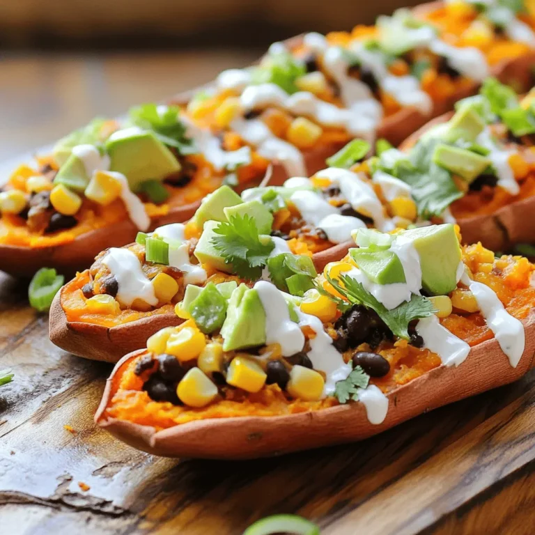 - 4 medium sweet potatoes - 1 cup shredded sharp cheddar cheese - ½ cup cooked black beans (drained and rinsed) - ½ cup corn kernels (fresh or frozen) - ¼ cup green onions, thinly sliced - 1 avocado, diced - ½ teaspoon smoked paprika - ½ teaspoon garlic powder - Salt and pepper to taste - Olive oil for brushing - Sour cream or Greek yogurt for serving (optional) - Fresh cilantro for garnish (optional) Each ingredient in loaded sweet potato skins adds flavor and nutrition. Sweet potatoes are the star. They bring a sweet and earthy taste. They are also rich in vitamins and fiber. The sharp cheddar cheese adds a creamy and tangy touch. Black beans add protein, making these snacks filling. Corn gives a nice crunch and sweetness. Green onions add a pop of freshness. Avocado brings creaminess and healthy fats. Spices like smoked paprika and garlic powder enhance the overall flavor. Olive oil keeps the skins crisp when baked. When choosing sweet potatoes, look for firm ones with smooth skin. Avoid any that have soft spots or blemishes. For cheese, fresh shredded cheese melts better than pre-shredded. When buying beans, canned ones are convenient, but dried beans are more flavorful. If you use frozen corn, check that it is free from added sugars. Fresh green onions should be vibrant and crisp. For avocado, choose ones that yield slightly when pressed. Quality ingredients make a big difference in taste. For a detailed guide on preparing these tasty treats, refer to the full recipe. To make loaded sweet potato skins, start by preheating your oven to 400°F (200°C). Scrub four medium sweet potatoes under running water. Poke a few holes in each with a fork. This helps steam escape while they bake. Place them on a baking sheet and brush with olive oil. Sprinkle some salt on top. Bake for 45-50 minutes, or until they feel tender when you poke them. After baking, take them out and let them cool a bit. Lower your oven temperature to 375°F (190°C). Cut each sweet potato in half lengthwise. Carefully scoop out some flesh, leaving a ¼-inch border. This keeps the skins sturdy. In a bowl, mix the scooped sweet potato flesh with black beans, corn, smoked paprika, garlic powder, and half of the cheese. Add salt and pepper to taste. Scoop this mixture into the sweet potato skins. Top the filled skins with the rest of the cheese. Return them to the oven and bake for another 15-20 minutes. You want the cheese to melt and bubble. Finally, take them out and add diced avocado, green onions, and fresh cilantro on top if you like. Serve warm with sour cream or Greek yogurt on the side. Always poke holes in the sweet potatoes before baking. This step prevents them from bursting in the oven. Use a fork to check if they are done. If they feel soft and tender, they are ready. When scooping out the flesh, be gentle. You want to keep the skins intact. Mix the filling well to ensure every bite is packed with flavor. Don’t skip the cheese on top; it adds a delicious, gooey layer. Bake until golden and bubbly for a perfect finish. 1. Scrub and Poke: Clean the sweet potatoes and poke holes. 2. Baking: Place on a baking sheet with olive oil and salt. 3. Cut and Scoop: Cut each potato and scoop out the flesh. 4. Mix: Combine the flesh with other ingredients. 5. Fill: Load the mixture into the skins. 6. Top and Bake: Add cheese and bake until melted. 7. Garnish: Top with avocado, green onions, and cilantro. You can find the full recipe at the end of this article for more details. Enjoy crafting this tasty snack! To boost flavor, use fresh herbs. They add brightness and depth. Consider fresh cilantro or parsley. A squeeze of lime juice can also wake up the dish. For texture, try mixing in crispy bacon bits or crunchy nuts. This adds a fun crunch to each bite. One mistake is overcooking the sweet potatoes. They should be tender but not mushy. Always poke holes before baking. This prevents them from bursting. Another mistake is skipping the seasoning. Salt and pepper enhance the taste greatly. Don’t forget to mix the filling well to combine flavors. You can easily make this dish vegan. Use dairy-free cheese and skip the sour cream. For gluten-free options, ensure all ingredients are gluten-free. If you don’t like black beans, try chickpeas or lentils. They add protein and fiber too. For a low-carb option, use zucchini skins instead of sweet potatoes. For the full recipe, check out the detailed instructions above. {{image_2}} You can mix and match toppings to create your perfect loaded sweet potato skins. Try adding cooked bacon bits for a smoky taste. You can also use different cheeses like pepper jack or Monterey Jack. Sautéed mushrooms make a rich, earthy filling. For a fresh twist, consider adding diced tomatoes or pickled jalapeños on top. Each topping adds a new layer of flavor. For a vegetarian version, skip the meat and focus on veggies. Use black beans or chickpeas for protein. You can also add sautéed spinach or roasted zucchini for extra nutrition. If you want a vegan option, replace cheese with vegan cheese or nutritional yeast. Top with a dollop of dairy-free yogurt for creaminess. These choices keep your dish satisfying and delicious. If you love heat, add some diced jalapeños or a dash of hot sauce. You can use spicy black beans or add a sprinkle of cayenne pepper for a kick. For a sweet twist, drizzle some maple syrup or honey over the top after baking. You can also mix in cinnamon with the sweet potato flesh for a warm flavor. These adaptations give you even more ways to enjoy your loaded sweet potato skins. To keep your loaded sweet potato skins fresh, place them in an airtight container. Make sure they cool down first. Store them in the fridge for up to four days. If you plan to eat them later, don’t add fresh toppings like avocado or sour cream yet. This keeps them fresh and tasty. To reheat your sweet potato skins, preheat your oven to 350°F (175°C). Place the skins on a baking sheet. Heat them for about 10-15 minutes, or until they are hot. This helps the cheese melt again and keeps the skins crispy. You can also use a microwave, but the skins may lose their crispness. If you want to save time, you can freeze the sweet potato skins. Prepare them as directed, but do not bake them after adding the filling. Wrap each skin tightly in plastic wrap, then place them in a freezer bag. They can stay in the freezer for up to three months. When ready to eat, thaw them in the fridge overnight and then bake as directed. Enjoy the full recipe for more details! You can serve many things with loaded sweet potato skins. A fresh salad pairs well. Try a simple green salad with a light dressing. You can serve salsa for a zesty kick. Guacamole is another tasty option. If you want more protein, add grilled chicken or shrimp. Chips and dip also make a great side. These skins are filling, so keep sides light. Loaded sweet potato skins last for about three to four days in the fridge. Store them in an airtight container. This keeps them fresh and flavorful. If you notice any signs of spoilage, like an off smell or mold, toss them out. Always check before eating leftovers to stay safe. Yes, you can make loaded sweet potato skins ahead of time. Prepare everything and fill the skins. Keep them in the fridge until you are ready to bake. This saves time on busy days. Just remember to bake them fresh when you are ready to eat. They will taste best this way. For the full recipe, check out the section above. In this blog post, we explored the essential ingredients for loaded sweet potato skins and how to select quality options. I provided step-by-step cooking instructions, key tips for success, and a helpful visual guide. We discussed ways to enhance flavor and texture and shared common mistakes to avoid. You also learned about different variations and storage tips to keep your meal fresh. Remember, cooking is fun, and experimenting is key. Take these tips and enjoy making loaded sweet potato skins your way!