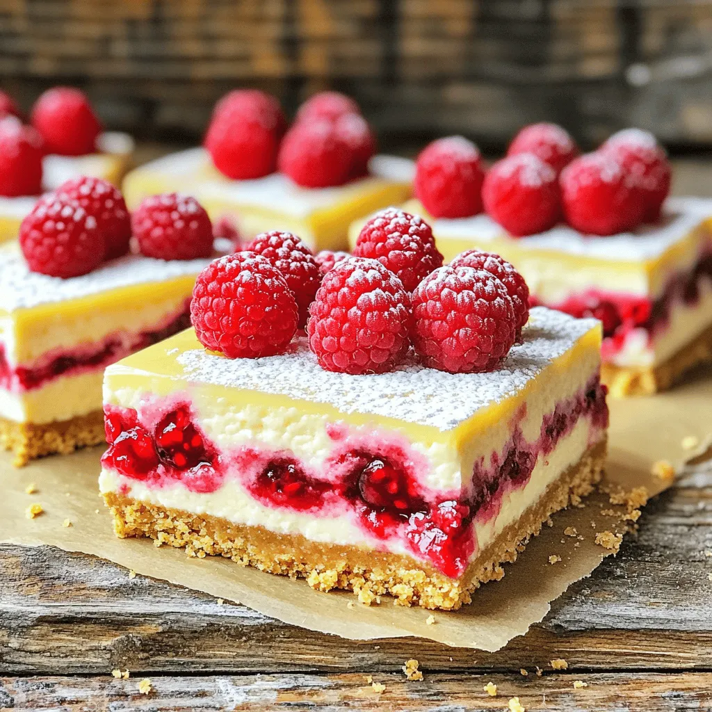 To make these tasty Raspberry Lemon Cheesecake Bars, gather these key ingredients: - 1 ½ cups graham cracker crumbs - ½ cup unsalted butter, melted - 2 tablespoons sugar - 8 oz cream cheese, softened - ½ cup granulated sugar - 2 large eggs - 1 teaspoon vanilla extract - Zest of 1 lemon - ¼ cup fresh lemon juice - 1 cup fresh raspberries (plus extra for topping) - 2 tablespoons cornstarch