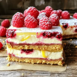 To make these tasty Raspberry Lemon Cheesecake Bars, gather these key ingredients: - 1 ½ cups graham cracker crumbs - ½ cup unsalted butter, melted - 2 tablespoons sugar - 8 oz cream cheese, softened - ½ cup granulated sugar - 2 large eggs - 1 teaspoon vanilla extract - Zest of 1 lemon - ¼ cup fresh lemon juice - 1 cup fresh raspberries (plus extra for topping) - 2 tablespoons cornstarch