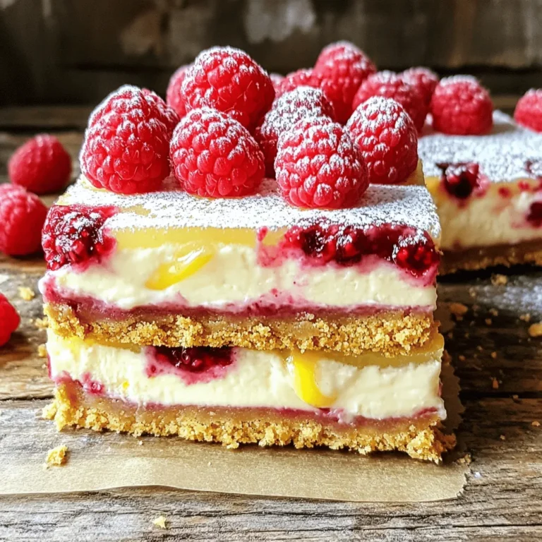 To make these tasty Raspberry Lemon Cheesecake Bars, gather these key ingredients: - 1 ½ cups graham cracker crumbs - ½ cup unsalted butter, melted - 2 tablespoons sugar - 8 oz cream cheese, softened - ½ cup granulated sugar - 2 large eggs - 1 teaspoon vanilla extract - Zest of 1 lemon - ¼ cup fresh lemon juice - 1 cup fresh raspberries (plus extra for topping) - 2 tablespoons cornstarch