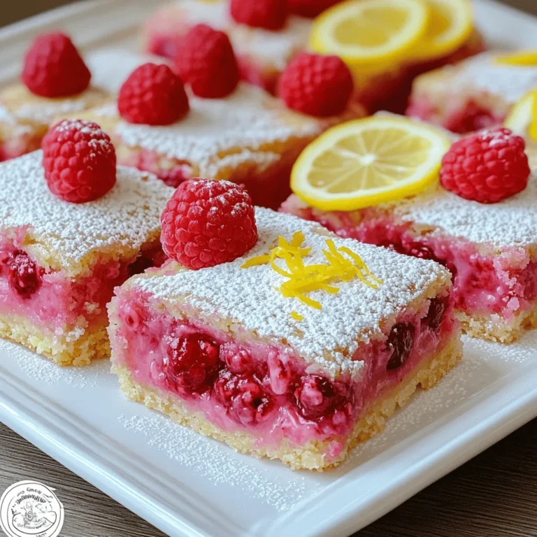 Raspberry lemonade bars are a sweet and tangy treat. They mix fresh raspberries and bright lemon juice. You can enjoy them as a dessert or snack. They are easy to make and perfect for any gathering. Follow the full recipe for step-by-step guidance. - 1 cup all-purpose flour - 1/4 cup powdered sugar (plus extra for dusting) - 1/4 cup unsalted butter, softened - 1/4 teaspoon salt - 2 large eggs, at room temperature - 1 cup granulated sugar - 1/4 cup fresh lemon juice (about 2 lemons) - Zest of 1 lemon - 1 cup fresh raspberries (or frozen, thawed and drained) - 1/2 teaspoon baking powder You can swap some ingredients for different flavors. Try whole wheat flour for a nuttier taste. If you need to avoid gluten, use almond flour or a gluten-free blend. For a dairy-free option, replace the butter with coconut oil. Instead of granulated sugar, you can use honey or maple syrup. Adjust the amounts for sweetness to your liking. You can also use other berries, like blueberries or blackberries, for a twist. Start by preheating your oven to 350°F (175°C). Grease an 8x8 inch baking pan and line it with parchment paper. Leave some paper overhanging the sides. This helps with easy removal later. In a medium bowl, mix the flour, powdered sugar, softened butter, and salt. Use a fork or pastry cutter. Keep mixing until the texture is crumbly. Press this mixture evenly into the bottom of your pan. This will be your crust. Bake it in the oven for 15 minutes or until it's lightly golden. Now, let’s make the filling. In a large mixing bowl, whisk the eggs and granulated sugar together until they are well combined. Add the fresh lemon juice, lemon zest, and baking powder. Mix until everything is nicely blended. Next, gently fold in the fresh raspberries. Be careful here! You want to keep them whole for a great look and taste. Pour this raspberry-lemon filling over the baked crust. Spread it evenly. Put the pan back in the oven and bake for another 20 to 25 minutes. The filling should be set and firm when done. Once baked, take the pan out of the oven. Let the bars cool in the pan on a wire rack. This will take about 30 minutes. Then, transfer the pan to the fridge and chill for at least 2 hours. This step is key for the best flavor and texture. After chilling, use the parchment paper to lift the bars out of the pan. Cut them into squares or rectangles. Dust the tops with powdered sugar for a lovely finish. Serve these delightful Raspberry Lemonade Bars on a platter. Add fresh raspberries and lemon slices for a pop of color. If you want, drizzle with a simple lemon glaze for extra sweetness. Enjoy! To get the best texture for your Raspberry Lemonade Bars, focus on the crust. Mix the flour, powdered sugar, butter, and salt until crumbly. Press this mix firmly into the pan. Bake it until golden but not too crispy. This gives a nice base for the soft filling. The filling should be smooth yet set. Mix the eggs and sugar well to avoid lumps. Gently fold in the raspberries, keeping them whole if you can. For a zesty kick, add more lemon zest. This boosts the lemon flavor. You can also try adding a hint of vanilla extract. Vanilla pairs well with lemon and raspberry. If you want a more tart flavor, use less sugar in the filling. You can swap out some raspberries for blueberries or blackberries for variety. Each berry brings its unique taste, making the dish your own. Serve these bars chilled for a refreshing treat. A light dusting of powdered sugar adds a nice touch. Arrange them on a platter with fresh raspberries and lemon slices. This adds color and makes them eye-catching. For a twist, drizzle a simple lemon glaze on top. This sweet glaze enhances the flavor and gives a nice shine. Enjoy your delightful Raspberry Lemonade Bars with friends and family! You can find the full recipe above. {{image_2}} You can mix things up with many flavors. Try adding blueberries or strawberries. They pair well with lemon. You can also add herbs like mint or basil for a fresh twist. Each fruit brings a unique taste, making every batch special. If you need to adjust for diets, you can swap ingredients. Use gluten-free flour for a gluten-free option. You can also replace the sugar with honey or maple syrup. For a vegan version, use flax eggs instead of real eggs. These changes keep the bars tasty while meeting your needs. Change the fruit based on the season. In summer, use fresh berries. In fall, try adding apples or pears. Winter can be fun with citrus fruits like oranges or grapefruits. Each season offers new flavors, making these bars a year-round treat. You can find the full recipe to explore all these variations! To keep your raspberry lemonade bars fresh, store them in an airtight container. Place parchment paper between layers to avoid sticking. Keep them in the fridge for up to one week. The cool air helps maintain their zesty flavor and soft texture. You can freeze these bars for longer storage. Cut the bars into squares before freezing. Wrap each piece tightly in plastic wrap. Then, place them in a freezer-safe bag or container. They will stay good for up to three months. Thaw them in the fridge overnight before serving. If you prefer warm raspberry lemonade bars, you can reheat them. Place a square on a microwave-safe plate. Heat it for about 10 to 15 seconds. Watch closely to avoid overheating. Enjoy them warm, or serve them chilled for a refreshing treat. For the full recipe, check out the detailed instructions above. Yes, you can use frozen raspberries! Just make sure to thaw and drain them first. This helps avoid extra liquid in your bars. Frozen raspberries work well and still taste great. They also add a nice color to your treat. You can check if the bars are done by looking for a slightly firm top. The filling should not jiggle when you gently shake the pan. A toothpick inserted into the center should come out mostly clean. If it has some crumbs, that’s okay, but it shouldn’t be wet. Absolutely! You can make these bars a day ahead. Just store them in the fridge after they cool. This allows the flavors to blend nicely. They taste even better after chilling overnight. These bars pair well with many things! You can serve them with whipped cream or vanilla ice cream for a special treat. Fresh berries or a scoop of sorbet can add a refreshing touch. For a fun twist, try pairing them with mint tea or lemonade. For the complete recipe, check out the Full Recipe section! This blog post covered everything you need to make amazing Raspberry Lemonade Bars. We went through the full recipe, listed necessary ingredients, and discussed substitutions. I provided clear steps for preparation, baking, and serving. You also learned tips for texture, flavor, and storage. In the end, these bars are versatile and fun to make. Whether for a party or a treat at home, they are sure to impress. Keep experimenting with flavors and enjoy!