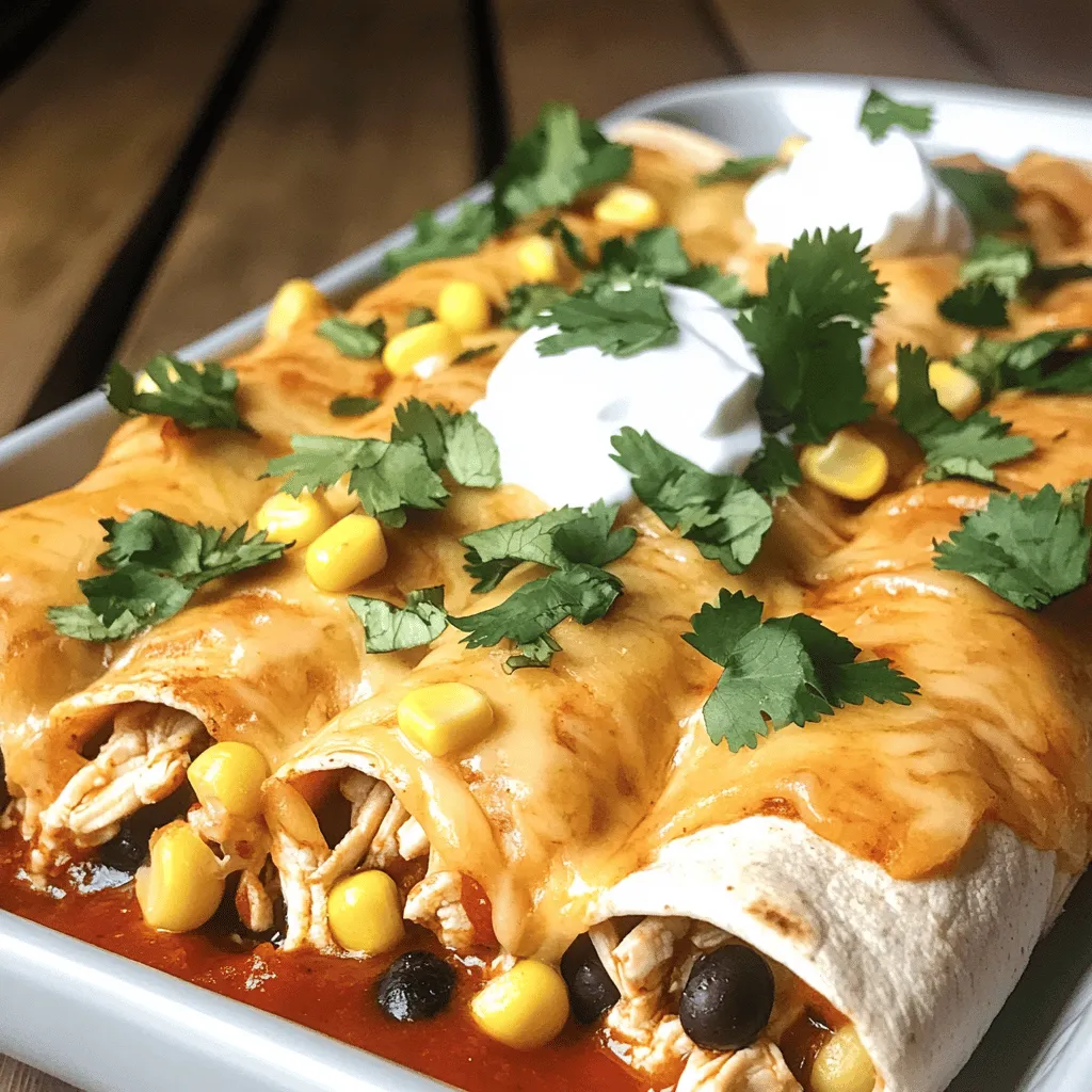 To make easy chicken enchiladas, you need fresh and simple items. Here is a list of the main ingredients: - 2 cups cooked chicken, shredded - 1 cup black beans, drained and rinsed - 1 cup corn, frozen or fresh - 1 cup shredded cheese (cheddar or Monterey Jack) - 1/2 cup diced onion - 1 tablespoon olive oil - 1 teaspoon garlic powder - 1 teaspoon cumin - 1/2 teaspoon chili powder - 8 flour tortillas - 2 cups enchilada sauce (store-bought or homemade) - Fresh cilantro, for garnish - Sour cream, for serving These ingredients come together to create a delightful dish. The shredded chicken gives a hearty base. Black beans and corn add nice texture and nutrition. The cheese melts beautifully, making every bite creamy. You can customize your enchiladas with fun toppings. Here are some great ideas: - Avocado slices - Sliced jalapeños - Chopped green onions - Diced tomatoes - Extra cheese - Lime wedges These toppings add color and extra flavor. You can mix and match based on your taste. Don't hesitate to get creative! If you don’t have some ingredients, substitutions work well. Here are a few options: - Use rotisserie chicken instead of cooking your own. - Swap black beans for pinto beans or kidney beans. - Try zucchini or bell peppers in place of corn. - Use corn tortillas instead of flour tortillas for a gluten-free option. - Replace cheddar with pepper jack for a spicy kick. These substitutions can help you make enchiladas with what you have on hand. Cooking should always be fun and flexible! For the complete recipe, check the Full Recipe section. First, gather all your ingredients. You need cooked chicken, black beans, corn, cheese, and onion. Measure out two cups of shredded chicken. Rinse and drain one cup of black beans. If you use frozen corn, let it thaw. Chop half a cup of onion. Heat one tablespoon of olive oil in a skillet. Add the onion and cook until it looks clear. This takes about three to four minutes. Now it’s time to mix everything. In a large bowl, combine the chicken, black beans, corn, and half of the cheese. Add one teaspoon of garlic powder, one teaspoon of cumin, and half a teaspoon of chili powder. Stir well. Next, pour one cup of enchilada sauce into a baking dish. Take a tortilla and spoon some mixture in the center. Roll it up tightly and place it seam-side down in the dish. Repeat this with the rest of the tortillas. After all are in the dish, pour the rest of the enchilada sauce on top. Sprinkle the remaining cheese over everything. Cover the dish with foil and bake at 375°F for 20 minutes. Then, remove the foil and bake for another 10 to 15 minutes. The cheese should be bubbly and golden. Once done, let the enchiladas cool for a few minutes. Garnish with fresh cilantro. Serve hot with sour cream on the side. Enjoy your delicious meal! For the complete cooking process, check out the Full Recipe. To make the best chicken enchiladas, focus on your filling. Use fresh, cooked chicken. I like to shred it for easy mixing. Combine it with black beans, corn, and cheese. This mix packs flavor and texture. Don't forget to season well. Garlic powder, cumin, and chili powder add great taste. Spread enchilada sauce on the bottom of your dish. It prevents sticking and adds moisture. Roll the tortillas tight, and place them seam-side down. This keeps them from unraveling while baking. If you're short on time, use rotisserie chicken. It’s already cooked and saves you steps. You can skip cooking the chicken and just shred it. Use store-bought enchilada sauce to save time. You can also use pre-shredded cheese. This cuts prep time in half. Don't worry about making everything from scratch. You’ll still get tasty enchiladas without the fuss. Seasoning is key to great chicken enchiladas. Start with basic spices like garlic powder and cumin. Add a pinch of salt and pepper for balance. If you like heat, try adding cayenne pepper or diced jalapeños. Fresh cilantro on top brightens the dish. It adds color and a fresh taste. For a creamier texture, mix in sour cream with your filling. This small change makes a big difference. For more flavor ideas, check out the Full Recipe. {{image_2}} You can make these enchiladas vegetarian by swapping chicken for mushrooms or zucchini. Use your favorite veggies, like bell peppers or spinach. These will add flavor and texture. You can still follow the same steps in the full recipe. Just remember to sauté the veggies until they're soft before mixing them. If you love heat, add more spice! You can use spicy enchilada sauce or add jalapeños. You can even mix in chipotle peppers for a smoky flavor. Try different sauces too, like green tomatillo sauce. Each sauce brings a unique taste. Adjust the spice level to suit your taste buds. Think outside the box! You can add black olives, diced tomatoes, or avocado. Try different meats, like turkey or beef, for a twist. You can even use quinoa for extra protein. Mixing in some cream cheese creates a rich filling. The options are endless, so get creative and have fun! Once you finish your meal, let the enchiladas cool down. Place any leftovers in an airtight container. This keeps them fresh. Store them in the fridge for up to three days. If you want to enjoy them later, freezing is a great option. To reheat your enchiladas, use an oven for best results. Preheat it to 350°F (175°C). Place the enchiladas in a baking dish and cover with foil. Heat for about 15-20 minutes. This method helps keep them moist. You can also use a microwave, but the oven keeps the tortillas crisp. Freezing enchiladas is simple and smart. Wrap each one tightly in plastic wrap. Then, place them in a freezer bag. They can last for up to three months. When you're ready to eat, thaw them overnight in the fridge. Then, reheat them in the oven for a fresh taste. The best cheese for chicken enchiladas includes cheddar and Monterey Jack. These cheeses melt well and add great flavor. Cheddar gives a sharp taste, while Monterey Jack provides a creamy texture. You can also mix both for a richer taste. Yes, you can prepare enchiladas ahead of time. Just assemble them without baking. Cover them tightly with foil or plastic wrap. Store them in the fridge for up to 24 hours. When you're ready, bake them as usual. This saves time on busy days. To prevent soggy tortillas, warm them before filling. Heat them in a dry skillet for about 30 seconds per side. This makes them pliable and less likely to soak up moisture. You can also use a thicker sauce for added protection. A layer of sauce at the bottom of the dish helps too. Enjoy your enchiladas with the right texture! In this article, we covered how to make easy chicken enchiladas. You learned about key ingredients, step-by-step assembly, and tips for the best flavor. We also explored variations, storage, and answered common questions. Now you have the tools to create delicious meals at home. Enjoy the process and share these tasty dishes with others!