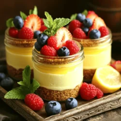 - 1 cup graham cracker crumbs - 1/4 cup unsalted butter, melted - 2 (8 oz) packages cream cheese, softened - 1 cup powdered sugar - 1 teaspoon vanilla extract - 1 cup heavy whipping cream - 1/2 cup fresh berries for garnish - Optional: 1/4 cup lemon juice for tanginess When making No-Bake Cheesecake Jars, the ingredients are key to the flavor. First, you need graham cracker crumbs for the crust. This will give your dessert a sweet and crunchy base. Melted unsalted butter helps bind the crumbs together. Next, you will use cream cheese for the filling. It provides that creamy texture we love. Powdered sugar sweetens the mix, while vanilla extract adds a warm flavor. Heavy whipping cream makes the filling light and fluffy. Fresh berries on top not only look good but taste great too. You can add lemon juice if you like a bit of tang. This can balance the sweetness and add a refreshing taste. - Mixing bowls - Electric mixer - Jars or cups for serving - Spatula To make these jars, you’ll need some basic tools. Mixing bowls help combine your ingredients. An electric mixer is great for beating the cream cheese until it’s smooth. You will also need jars or cups to serve your cheesecake. They can be any size, but smaller jars look cute. Lastly, a spatula is handy for scraping the sides of bowls and filling your jars. For the full recipe, check out the detailed steps above. These ingredients and tools will set you up for a delightful dessert experience! - In a medium bowl, combine 1 cup of graham cracker crumbs with 1/4 cup of melted butter. - Mix until the crumbs look like wet sand. - Spoon about 2 tablespoons of this mixture into the bottom of each jar. - Press the crumbs down gently to make a firm layer. - In a large bowl, beat 2 packages of softened cream cheese until smooth. - Gradually mix in 1 cup of powdered sugar and 1 teaspoon of vanilla extract. - Keep beating until it forms a creamy mixture. - In another bowl, whip 1 cup of heavy cream with an electric mixer. - Whip until stiff peaks form. This makes the filling light and fluffy. - Carefully fold the whipped cream into the cream cheese mixture. - Spoon or pipe the cheesecake filling over the crust in each jar. - Fill each jar about three-quarters full, leaving some space for chilling. - Cover the jars with lids or plastic wrap. - Refrigerate them for at least 4 hours, or overnight for a firmer texture. - For the best results, let them chill longer if you can. This simple method leads to delicious No-Bake Cheesecake Jars, perfect for any occasion. For the full recipe, check back with the ingredients list above! Softened cream cheese is key for a smooth filling. If it is too cold, lumps can form. To soften, leave cream cheese out for at least 30 minutes. You can also microwave it for 10 seconds, but watch carefully. Whipping cream well creates a light texture. Use a chilled bowl and beaters for the best results. Start on low speed, then increase to high. Stop when you see stiff peaks, but don’t overbeat. Overbeating makes the cream grainy. Serve your cheesecake jars in fun and unique ways. Group them on a colorful tray for a cheerful look. You can also layer different flavors in the jars. This adds visual interest. Adding garnishes makes each jar pop. Fresh berries on top give color and flavor. A sprig of mint adds freshness. You can also drizzle chocolate or honey for a sweet touch. One mistake is overmixing the cream cheese. This can add too much air and make the texture too light. Mix just until smooth. Not chilling long enough is another pitfall. This dessert needs time to set. Aim for at least four hours in the fridge. Overnight chilling works best for a firmer texture. {{image_2}} You can make your no-bake cheesecake jars even more fun with flavor twists. Adding fruit purees or extracts can give your dessert a fresh twist. For example, mix in raspberry puree or lemon extract for a bright taste. You can also create a chocolate or peanut butter version. Just fold in melted chocolate or creamy peanut butter to the filling. This makes each jar a unique treat. While graham crackers are a classic choice, don't be afraid to get creative with the crust. You can use cookies like Oreos or digestive biscuits for a fun flavor change. If you're looking for a healthier option, try nut-based crusts. Ground almonds or walnuts mixed with a bit of butter make a tasty and crunchy base. Toppings can take your cheesecake jars to the next level. Fresh berries like strawberries, blueberries, or raspberries add color and flavor. You can also drizzle chocolate ganache on top for a rich finish. If you want a bit of fun, add whipped cream and colorful sprinkles. Each of these toppings can make your jars look as good as they taste. To keep your no-bake cheesecake jars fresh, store them in the refrigerator. Use airtight lids or plastic wrap to cover the jars. This helps prevent any unwanted odors or flavors from mixing in. You can keep them in the fridge for up to five days. If they are not eaten by then, they may lose their creamy texture. Yes, you can freeze no-bake cheesecake jars. Freezing keeps them fresh for a longer time. To freeze, cover each jar tightly with plastic wrap or foil. Then, place the jars in a freezer-safe container. They can last in the freezer for up to two months. When you're ready to enjoy, take a jar out and let it thaw overnight in the fridge. This keeps the texture nice and smooth. Enjoy your dessert! For the full recipe, check out the link provided. No-Bake Cheesecake Jars can last up to five days in the fridge. To keep them fresh, cover each jar tightly with a lid or plastic wrap. This prevents them from absorbing odors from other foods. If you see any moisture on the lid, wipe it off before sealing. Yes, you can use low-fat cream cheese. However, it may change the taste and texture. Low-fat cream cheese can make your cheesecake less rich and creamy. You won’t get that full, smooth texture you want. If you want to keep it light, try using half low-fat and half regular cream cheese. If you don’t have heavy cream, you can use half-and-half or whole milk with a little butter. For every cup of heavy cream, use ¾ cup of half-and-half and ¼ cup of melted butter. This mix will help you get a similar texture, but it won’t be as thick. Serve your cheesecake jars chilled for the best taste. Before serving, add fresh berries or a drizzle of chocolate sauce on top. You can also add a sprig of mint for color. Place the jars on a nice tray to make them look special at gatherings. Yes, you can make No-Bake Cheesecake Jars in advance. Prepare them the night before and refrigerate them. They taste even better after chilling for a few hours. Just remember to add any toppings right before serving to keep them fresh. If you want the full recipe, check out our detailed guide! No-Bake Cheesecake Jars are simple and fun to make. We covered key ingredients, tools, and easy steps. Plus, I shared helpful tips for texture and presentation. You can also explore fun variations and storage methods. Enjoy making these jars your way. Remember, the best cheesecake is all about balance. Avoid common mistakes for the best results. Dive in, get creative, and impress your friends and family with this delightful dessert!