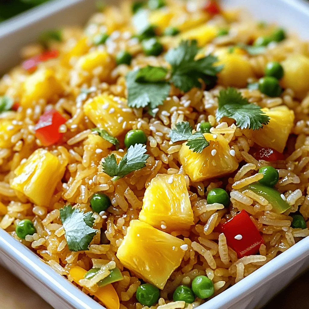 - 2 cups cooked jasmine rice (preferably day-old) - 1 cup fresh pineapple chunks - 1 tablespoon vegetable oil - 1 small onion, finely chopped - 2 cloves garlic, minced - 1 small red bell pepper, diced - 1 small green bell pepper, diced - 1 cup frozen peas - 2 green onions, chopped - Scrambled eggs or tofu - Fresh cilantro for garnish - 3 tablespoons soy sauce - 1 tablespoon sesame oil - 1 teaspoon curry powder - Salt and pepper to taste When I create pineapple fried rice, I start with the main ingredients. Day-old jasmine rice gives the best texture. Fresh pineapple adds a sweet and juicy burst. A bit of vegetable oil helps everything cook evenly. I also choose a small onion and a couple of garlic cloves for flavor. Next, I add colorful bell peppers. Red and green bell peppers add crunch and sweetness. Frozen peas bring in a pop of color and nutrition. Green onions add a fresh finish. For optional ingredients, I often scramble some eggs or use tofu. Both options make the dish more filling. I always garnish with fresh cilantro for that extra zing. Now, let’s talk about seasoning. Soy sauce brings saltiness and depth. Sesame oil adds a nutty flavor. Curry powder gives warmth and a unique twist. I also add salt and pepper to balance everything. You can find the full recipe to make this delightful dish in the article. Enjoy your cooking! - Preparing your ingredients: Start by chopping the onions, bell peppers, and green onions. Measure out your pineapple chunks and cooked rice. Having everything ready makes cooking easier and faster. - Heating the skillet: Pour vegetable oil into a large skillet or wok. Heat it on medium-high until it's hot but not smoking. This helps to fry the ingredients evenly. - Sautéing onions and garlic: Once the oil is hot, add the chopped onions and minced garlic. Stir them for about 2-3 minutes. You want the onions to turn translucent and fragrant. - Adding bell peppers and pineapple: Next, toss in the diced red and green bell peppers. Cook for another 2-3 minutes until they soften. Then, add the pineapple chunks. Let them cook for about 2 minutes to caramelize slightly. - Stir-frying the rice: Push the cooked veggies to one side of the skillet. If you want, scramble some eggs or tofu in the empty space. Then, add your chilled jasmine rice. Mix everything well, breaking up any rice clumps. Stir-fry for about 5 minutes until heated. - Incorporating sauces and seasonings: Drizzle soy sauce and sesame oil over the rice. Sprinkle in the curry powder, salt, and pepper. Stir everything together to coat the rice evenly. Finally, fold in the frozen peas and chopped green onions. Cook for an extra 2 minutes to heat the peas. For the full recipe, refer to the earlier section. Enjoy your delightful pineapple fried rice! - Using day-old rice: Day-old rice works best. It’s less sticky. Freshly cooked rice can clump together. Let it cool before using. - Adjusting sweetness and saltiness: Taste your dish as you cook. Add more soy sauce for salt. If it’s too salty, add more pineapple. - Stir-frying vs. steaming: Stir-frying gives a nice crispy texture. It allows flavors to blend well. Steaming is milder, but you miss the crispiness. - Maintaining texture: Keep your heat high while cooking. This helps keep veggies crunchy. Avoid overcooking the rice to keep it fluffy. - Complementary dishes: Serve with grilled chicken or shrimp. These add protein and flavor. A fresh salad pairs nicely too. - Best garnishes: Fresh cilantro adds color and freshness. You can also use lime wedges. They bring a zesty kick to each bite. For the full recipe, check out the Tropical Delight Pineapple Fried Rice section. {{image_2}} You can make pineapple fried rice even better by adding more vegetables. Try carrots, peas, or corn for extra color and crunch. You can also mix in leafy greens like spinach or kale for added nutrition. If you want protein, tofu is a great choice. It soaks up flavors well and is easy to prepare. Scrambled eggs are another tasty option for extra protein. To give your dish a tropical twist, add other fruits. Mango or kiwi can bring a sweet touch. You can also use coconut milk instead of water for cooking the rice. This adds creaminess and a distinct flavor. Adjust your spices too; try adding cumin or chili powder for a different kick. Each region has its own flair, so feel free to experiment! If you want a low-carb version, consider using cauliflower rice. It gives you the same texture without the carbs. Simply pulse cauliflower in a food processor until it resembles rice. You can also look for gluten-free soy sauce if you're avoiding gluten. This way, you can still enjoy all the flavors without worries. For the full recipe, click here: [Full Recipe]. To keep your pineapple fried rice fresh, cool it down first. Spread it out on a plate or in a shallow pan. This helps it cool fast. Once cool, place it in an airtight container. It can stay in the fridge for about 3 to 4 days. When you reheat, use a skillet or a microwave. For the skillet, add a splash of water or oil. This keeps the rice moist. Heat it on medium until hot, about 5 minutes. If using a microwave, cover the bowl and heat in 1-minute bursts. Aim for a safe temperature of 165°F (74°C). To freeze pineapple fried rice, let it cool completely. Then, portion it into freezer bags or containers. Remove as much air as possible to prevent freezer burn. It can last up to 2 months frozen. When ready to eat, thaw it in the fridge overnight or use the microwave. Reheat thoroughly before serving. For a complete guide, check the Full Recipe for more tips and details! You can use several options instead of jasmine rice: - Basmati rice: It has a nice aroma and light texture. - Brown rice: This adds a nutty flavor and more fiber. - Quinoa: A great gluten-free choice that is high in protein. - Cauliflower rice: Perfect for low-carb diets, it offers a light base. Each alternative brings its own unique taste and texture, so feel free to experiment! Yes, you can skip the soy sauce. Here are some options: - Coconut aminos: A soy sauce alternative made from coconut sap. - Tamari: A gluten-free soy sauce that works well. - Liquid aminos: A non-soy sauce option that adds umami flavor. These substitutes still pack flavor, so your dish will stay tasty! Pineapple fried rice can last in the fridge for up to four days. Here are some tips for safety: - Store it in an airtight container to keep it fresh. - Always cool the rice to room temperature before refrigerating. - Reheat it well before eating, ensuring it reaches 165°F. Following these steps helps you enjoy your leftovers safely! Pineapple fried rice is a fun and tasty dish to make. We explored key ingredients like jasmine rice, pineapple, and essential seasonings. I shared easy steps to prepare and cook your rice, along with tips for the best texture and flavor. You can customize it with veggies or proteins. Remember to store any leftovers properly and reheat them safely. Enjoy your cooking adventure!