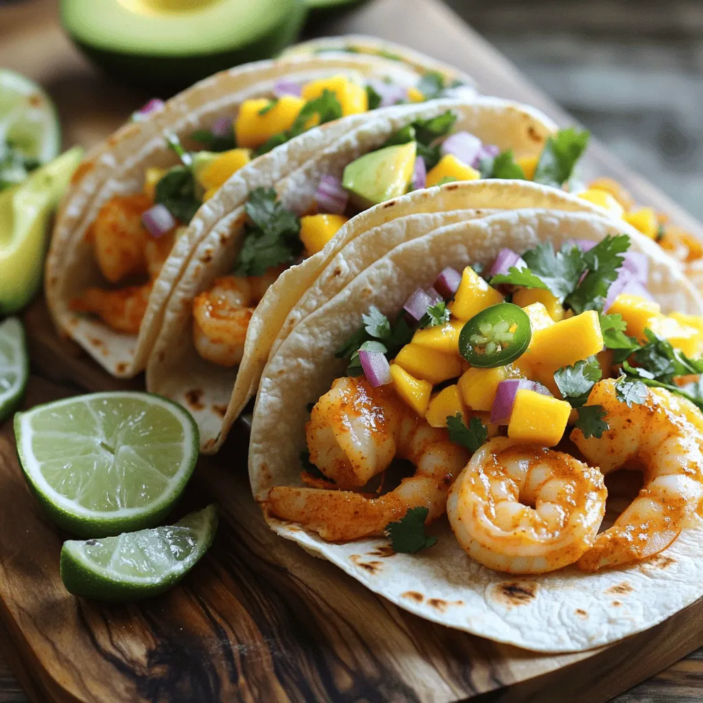 - 1 pound large shrimp, deveined and peeled - 1 tablespoon olive oil - 1 teaspoon smoked paprika - 1 teaspoon cumin - 1 teaspoon garlic powder - 1/2 teaspoon cayenne pepper (adjust to taste) - Salt and pepper, to taste - 8 small corn tortillas - 1 ripe mango, diced - 1/2 red onion, finely chopped - 1 jalapeño, deseeded and minced - 2 tablespoons fresh cilantro, chopped - Juice of 1 lime - Optional extras like avocado, sliced I love using large shrimp for these tacos. They soak up the marinade well and cook fast. I add olive oil and spices like smoked paprika, cumin, and garlic powder. These give the shrimp a smoky and savory taste. Adjust the cayenne pepper to control the heat. For the corn tortillas, I choose small ones. They hold the shrimp and salsa perfectly. Now, let’s talk about the mango salsa. I use fresh mango for sweetness, red onion for crunch, and jalapeño for spice. The cilantro adds a fresh taste, while lime juice brightens everything. You can add sliced avocado for creaminess, too. Check out the Full Recipe to get all the steps and tips for making these tasty tacos! To marinate the shrimp, mix them with olive oil, smoked paprika, cumin, garlic powder, cayenne pepper, salt, and pepper. You want to coat the shrimp well. Cover the bowl and let it chill in the fridge for 15 to 20 minutes. This marinating time helps the shrimp soak up all the flavors. A good balance of seasoning makes all the difference. Too much spice can overwhelm the dish. Taste and adjust if needed before cooking. For the mango salsa, start by dicing the ripe mango, red onion, and jalapeño. Use a sharp knife for clean cuts and a safe grip. Place them in a bowl and add the chopped cilantro and lime juice. Stir gently to mix everything. Let the salsa sit for a bit. This time allows the flavors to meld. Taste it again and add salt if needed. Fresh ingredients create a bright, tasty salsa that pairs well with the shrimp. Heat a skillet or grill to medium-high heat. Add the marinated shrimp and cook them for 2 to 3 minutes on each side. They should turn pink and opaque when done. Remove the shrimp from heat and let them rest. Next, warm the corn tortillas. Use a dry skillet over medium heat for about 30 seconds on each side. This step makes them soft and pliable, perfect for holding the filling. Now it's time to assemble the tacos! Take a warm tortilla and add a few shrimp to the center. Top it with a generous spoonful of mango salsa. Then, add a couple of avocado slices for creaminess. The layers should be balanced, so every bite has shrimp, salsa, and avocado. Serve the tacos warm, and consider adding lime wedges on the side. Squeezing fresh lime juice over the top adds a zesty kick that enhances the flavors. For the full recipe, check out the detailed instructions above. To start, always pick shrimp that smells fresh, not fishy. Look for shrimp with a shiny, firm texture. If you can, buy shrimp with the shell on. This keeps the shrimp juicy. Check for labels that say "sustainable" or "wild-caught." These options are better for the ocean and often taste better. You can boost flavor with extra spices. Try adding chili powder or lime zest for a kick. Fresh herbs like basil or mint can add depth. For toppings, consider fresh radishes, crumbled queso, or shredded cabbage. These add crunch and more flavor to your tacos. One big mistake is overcooking shrimp. Shrimp cooks fast, usually just 2-3 minutes on each side. Keep an eye on them! Another mistake is not warming tortillas properly. A warm tortilla makes a huge difference. Heat them on a dry skillet until they are soft and pliable. This will make your tacos taste better and easier to eat. For the full recipe, check the detailed instructions above to create your perfect meal! {{image_2}} You can change the shrimp for other proteins. Fish works great in these tacos. Try grilled salmon or tilapia for a tasty twist. Chicken is another option. Season it like the shrimp for a familiar flavor. For a vegetarian version, use black beans or chickpeas. They add protein and fiber while keeping the dish hearty. Mango salsa is a hit, but you can switch it up! Try pineapple or peach for a sweet twist. For a spicy kick, add diced habaneros instead of jalapeños. You can use seasonal fruits too. In summer, fresh strawberries or melons can make a fun salsa. Get creative and mix flavors that you love! Tacos can be more than just tortillas! Use lettuce wraps for a low-carb option. Romaine or butter lettuce works well. You can also serve the shrimp and salsa as a taco salad. Just layer everything in a bowl, add some chips for crunch, and enjoy. This makes for a fun meal idea for gatherings. For the full recipe, check out Spicy Shrimp Tacos with Mango Salsa. To keep your shrimp fresh, store them in an airtight container. Place the cooked shrimp in the fridge. They will stay good for up to three days. For the salsa, it’s best to store it separately. Keep it in a sealed container to avoid sogginess. This way, both the shrimp and salsa keep their flavor and texture. When reheating shrimp, the best method is using a skillet. Heat it over medium-low heat. Add a little olive oil to the pan to prevent sticking. Cook the shrimp for just a few minutes until heated. To keep tortillas pliable, warm them in a dry skillet for about 30 seconds on each side. This method makes them soft and easy to fold. You can freeze shrimp, but it’s best to do this before cooking. Place them in a freezer bag, removing as much air as possible. For salsa, you can freeze it too, but avoid freezing the avocado. It doesn’t thaw well. When freezing, use small containers or bags. This makes it easy to thaw just what you need for your next taco night. If you can't find shrimp, you have options. You can use fish like tilapia or cod. These have a mild taste and cook well. If you prefer seafood, try scallops or crab meat. Both add a nice flavor. For plant-based options, consider using tofu or tempeh. Both soak up flavors well. You can also use chickpeas for a hearty choice. They add protein and texture. Just season them like you would the shrimp. The spice level in these tacos can change. The cayenne pepper adds heat. You can adjust it to fit your taste. If you like mild flavors, use less cayenne. If you enjoy a kick, add more. You can also add hot sauce to your tacos. This lets each person choose their spice. For those who want less heat, skip the jalapeño in the salsa. You can still have great flavor without the spice. You can prep these tacos ahead of time. This is great for busy nights. Marinate the shrimp and make the salsa in advance. Keep them in the fridge until you're ready to cook. Warm the tortillas just before serving. This keeps them fresh. If you assemble the tacos too early, the tortillas may get soggy. Keep the shrimp and salsa separate until it's time to eat. For the full recipe, check out the detailed steps provided. To wrap up, you now have all you need to make delicious spicy shrimp tacos. We started with the main ingredients, including fresh shrimp and a tasty mango salsa. I provided step-by-step instructions for marinating, cooking, and assembling your tacos for the best flavor. Remember to choose high-quality shrimp and avoid common mistakes. You can even try different proteins or salsa variations to mix things up. Enjoy every bite and share the joy of making these tacos with others!