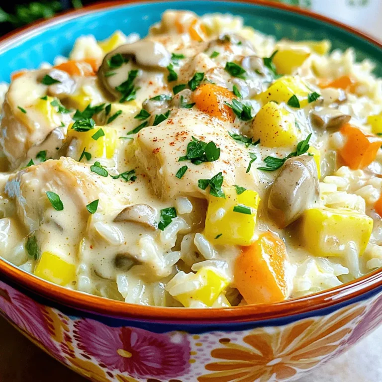 For this tasty Instant Pot Chicken and Rice Casserole, you will need: - 1 pound boneless, skinless chicken thighs, cut into bite-sized pieces - 1 cup long-grain white rice, rinsed and drained - 1 medium onion, finely chopped - 2 cloves garlic, minced - 2 cups low-sodium chicken broth - 1 cup frozen mixed vegetables (peas, carrots, corn) - 1 cup cream of mushroom soup (or homemade equivalent) - 1 teaspoon garlic powder - 1 teaspoon onion powder - 1 teaspoon dried thyme - 1 teaspoon paprika - Salt and pepper, to taste - 2 tablespoons olive oil - Fresh parsley, chopped, for garnish