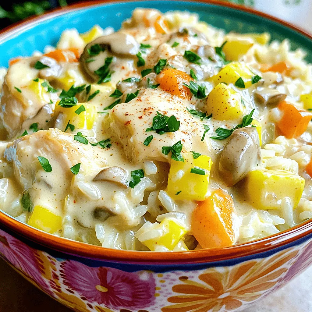 For this tasty Instant Pot Chicken and Rice Casserole, you will need: - 1 pound boneless, skinless chicken thighs, cut into bite-sized pieces - 1 cup long-grain white rice, rinsed and drained - 1 medium onion, finely chopped - 2 cloves garlic, minced - 2 cups low-sodium chicken broth - 1 cup frozen mixed vegetables (peas, carrots, corn) - 1 cup cream of mushroom soup (or homemade equivalent) - 1 teaspoon garlic powder - 1 teaspoon onion powder - 1 teaspoon dried thyme - 1 teaspoon paprika - Salt and pepper, to taste - 2 tablespoons olive oil - Fresh parsley, chopped, for garnish