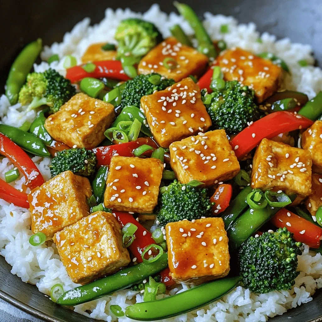 - 1 block (14 oz) firm tofu, pressed and cubed - 2 tablespoons cornstarch - 3 tablespoons vegetable oil (divided) - 1 bell pepper (red or yellow), sliced - 2 cups broccoli florets - 1 cup sugar snap peas - 3 green onions, chopped - 2 cloves garlic, minced - 1 tablespoon fresh ginger, grated - 2 tablespoons soy sauce - 1 tablespoon hoisin sauce - 1 teaspoon sesame oil - Salt and pepper to taste - Cooked rice or quinoa for serving - Sesame seeds, for garnish The main ingredients in this dish are simple yet vibrant. Firm tofu gives the dish a hearty base. I love using fresh vegetables like bell peppers, broccoli, and sugar snap peas. They add color and crunch. The sauces, like soy sauce and hoisin, bring depth and flavor. - Additional vegetables (carrots, zucchini, or mushrooms) - Protein alternatives (tempeh, seitan, or chickpeas) - Garnish suggestions (fresh herbs, chili flakes, or lime wedges) You can easily change this recipe to suit your taste. Feel free to add more veggies. Carrots and zucchini work great! You can also swap tofu for tempeh or chickpeas if you want. For garnish, fresh herbs or a splash of lime can brighten the dish. - Calories per serving: Approximately 300 - Common allergens: Soy, gluten (if using standard soy sauce) - Dietary considerations: Vegan, gluten-free options available This stir-fry packs around 300 calories per serving. It's also vegan, making it a good choice for many diets. Just check your soy sauce for gluten if that’s a concern. Enjoy this dish knowing it's both tasty and healthy! - Pressing the tofu: Start by wrapping the tofu in a clean kitchen towel. Place a heavy object on top. This will help remove the water. Let it sit for about 15 minutes. - Cutting into cubes: After pressing, take the tofu out of the towel. Cut it into 1-inch cubes. Make sure all pieces are even for cooking. - Heating vegetable oil: Heat 2 tablespoons of vegetable oil in a large skillet over medium-high heat. This will help the tofu get crispy. - Achieving the crispy texture: Add the tofu cubes to the skillet in a single layer. Cook for about 3-4 minutes on each side. Look for a golden color. Once crispy, remove the tofu from the skillet and set it aside. - Cooking order and time for each vegetable: In the same skillet, heat 1 tablespoon of oil. First, add the sliced bell pepper. Stir-fry for about 2 minutes. Then, add the broccoli and sugar snap peas. Cook for another 3 minutes until they are tender-crisp. - Adding aromatics (ginger, garlic): Next, add the minced garlic and grated ginger. Cook for 1 minute until you smell the aroma. This brings great flavor to the dish. - Adding sauces: Return the crispy tofu to the skillet. Pour in the soy sauce, hoisin sauce, and sesame oil. These sauces add depth and richness. - Ensuring even coating: Gently stir everything together. Make sure the tofu and vegetables are well-coated with the sauce. Cook for another 2-3 minutes to heat through. Enjoy this flavorful vegan delight with rice or quinoa. For the full recipe, check the earlier section. To get crispy tofu, pressing is key. Pressing removes extra moisture. This step helps the tofu fry better. Wrap the tofu in a towel and place something heavy on it. Let it sit for about 15 minutes. After pressing, cut the tofu into cubes. Use about 1-inch pieces for even cooking. Now, coat them with cornstarch. This coating creates a crunch when frying. Toss the tofu in a bowl with cornstarch until each piece is covered. High heat is essential for stir-frying. Heat your pan until it is hot. This helps the tofu get crispy fast. Add the tofu in a single layer. Avoid crowding the pan; this can make the tofu steam instead of fry. Cook the tofu for about 3-4 minutes on each side. Once golden brown, take it out of the pan. This leaves space for the vegetables. Stir-fry them next to keep them fresh and crunchy. Marinades can boost flavor. Try a mix of soy sauce and hoisin sauce. Add garlic and ginger for an extra kick. You can let the tofu marinate for 15 minutes before cooking. For garnishes, green onions and sesame seeds work well. They add a pop of color and flavor to your dish. You can also try nuts for crunch or fresh herbs for a bright finish. For the full recipe, check out the complete guide! {{image_2}} You can switch up the sauces for a new taste. If you want less salt, use low-sodium soy sauce. For a kick, try a spicy soy sauce or add some chili paste. You can also mix in sweet flavors with teriyaki sauce or hoisin sauce. Each sauce brings a fun twist to the dish. Besides tofu, you can use tempeh for a fuller taste. Chicken or shrimp work great too. If you choose chicken, cut it thin and cook it first. Shrimp cooks fast, so add it after the veggies. Adjust cooking times based on what protein you pick. This keeps everything safe and tasty. Feel free to swap in seasonal veggies like zucchini or carrots. Broccoli and bell peppers are classic, but fresh peas, snap peas, or even bok choy can shine. Frozen veggies are handy too; just make sure to thaw them first. They save time and still taste great. Each choice adds new flavors to your stir-fry. For the full recipe, check above. For storing your crispy tofu stir-fry, use airtight containers. Glass or BPA-free plastic works best. These containers keep moisture out and preserve the flavors. Your stir-fry will last about three to four days in the fridge. Make sure to cool it down before sealing. If you want to freeze your stir-fry, do it in a flat, resealable bag. Lay it flat in the freezer, so it freezes evenly. This method saves space and helps with quick thawing. When you’re ready to eat, thaw it overnight in the fridge. Reheat it in a pan over medium heat. This keeps the crispiness of the tofu intact. Batch cooking is a great idea for this dish. You can prepare a big batch and store it for the week. Pre-assemble the tofu and vegetables in containers. Keep the sauce separate until you’re ready to eat. This way, your stir-fry stays fresh and flavorful. When you want a meal, just cook the tofu, add veggies, and pour on the sauce. Enjoy your delicious, homemade meal in no time! Tofu can be bland on its own, but you can change that! Here are some tips: - Marinades: Soak tofu in soy sauce, garlic, or ginger. This adds deep flavor. - Seasonings: Sprinkle with salt, pepper, or spices like smoked paprika or chili powder. - Coating: Use cornstarch for a crispy texture. It also helps hold flavors. Try marinating tofu for at least 30 minutes for the best taste. You will love the results! Yes, you can prep many parts of the stir-fry in advance. Here’s how: - Tofu: Press and cube the tofu a day before. Store it in the fridge. - Veggies: Cut and store vegetables in airtight containers. They stay fresh for a few days. - Sauce: Mix the sauce ahead and keep it in the fridge. This makes cooking easier and faster on busy nights. Just stir-fry everything when ready! Reheating leftovers can be tricky. Here are two methods: - Microwave: Place the stir-fry in a bowl. Heat in short bursts, stirring in between. This keeps it moist. - Stovetop: Heat a little oil in a pan. Add the stir-fry and cook over low heat. Stir until warm. Using the stovetop can help keep the tofu crispy! Enjoy your meal again! This blog post covered making a crispy tofu stir-fry. You learned about key ingredients and healthier options. I shared step-by-step instructions to help you cook perfect tofu and vegetables. You also discovered tips for texture and flavor enhancements. With these techniques, you can customize your dish to suit your tastes. Remember, cooking is all about experimenting and enjoying the process. Dive in, have fun, and make a meal you'll love!
