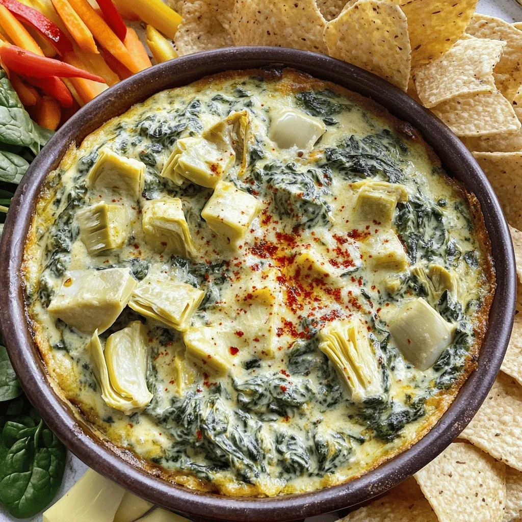 - 1 cup frozen spinach, thawed and drained Spinach gives this dip a fresh taste. Frozen spinach is easy to use. Make sure to drain it well to avoid a watery dip. - 1 cup canned artichoke hearts, chopped Artichokes add a unique flavor. They bring a nice texture. Use high-quality canned artichokes for the best taste. - 1 cup cream cheese, softened Cream cheese makes the dip creamy. Softening it helps mix well. Choose full-fat cream cheese for extra richness. - 1/2 cup sour cream Sour cream adds a tangy flavor. It also helps create a smooth dip. Use fresh sour cream for the best results. - 1/2 cup mayonnaise Mayonnaise adds extra creaminess. It helps bind all the ingredients. Select a good-quality mayo for a richer taste. - 1 cup shredded mozzarella cheese Mozzarella gives the dip a cheesy pull. It melts well and adds great flavor. Use fresh mozzarella for the best melt. - 1/2 cup grated Parmesan cheese Parmesan brings a salty, nutty flavor. It adds depth to the dip. Freshly grated Parmesan is always better than pre-grated. - 2 cloves garlic, minced Garlic adds a strong aroma and taste. It enhances all the flavors in the dip. Always use fresh garlic for the best impact. - 1 teaspoon lemon juice Lemon juice brightens the flavors. It balances the creaminess. Fresh lemon juice works best for a zesty kick. - Salt and pepper to taste Seasoning enhances all the flavors. Adjust to your liking for the best taste. - Optional: red pepper flakes for heat Red pepper flakes add spice. They can make the dip exciting. Add as much as you like for your spice level. Using quality ingredients makes a big difference in taste. Each component works together to create a creamy and delicious dip. For the full recipe, check out the detailed instructions above! To make creamy spinach artichoke dip, follow these simple steps. First, gather your ingredients. You will need: - 1 cup frozen spinach, thawed and drained - 1 cup canned artichoke hearts, chopped - 1 cup cream cheese, softened - 1/2 cup sour cream - 1/2 cup mayonnaise - 1 cup shredded mozzarella cheese - 1/2 cup grated Parmesan cheese - 2 cloves garlic, minced - 1 teaspoon lemon juice - Salt and pepper to taste - Optional: red pepper flakes for heat 1. Preheat your oven to 375°F (190°C). This step is crucial for even cooking. 2. In a large bowl, mix the cream cheese, sour cream, and mayonnaise. Make sure the cream cheese is soft. This helps create a smooth dip. 3. Add the minced garlic, lemon juice, salt, and pepper. Stir well to blend the flavors. Taste and adjust the seasoning if needed. 4. Fold in the spinach and artichoke hearts. Be gentle here, so you don’t break the artichokes too much. 5. Add in the mozzarella and Parmesan cheese. Mix until everything is combined. The cheese adds creaminess and flavor. 6. Transfer the mixture to a baking dish. Spread it evenly with a spatula. For a cheesy finish, sprinkle more mozzarella on top. 7. Bake for 25-30 minutes. You want it bubbly and golden brown. Keep an eye on it to avoid burning. 8. Cool slightly before serving. This dip is best warm. Enjoy your creamy spinach artichoke dip with tortilla chips or fresh veggies. A little sprinkle of red pepper flakes on top makes it look beautiful, too. Check the Full Recipe for more details! To make your dip truly shine, consider these tips: - Recommended seasoning adjustments: Start with salt and pepper. Add more if needed. For a zesty kick, mix in a pinch of red pepper flakes. Taste as you go to find your perfect balance. - Best techniques for creaminess: Use softened cream cheese for easy mixing. Beat it well with sour cream and mayonnaise until smooth. This is key for a creamy texture. You can add a splash of milk if it seems too thick. - Pointers for achieving the perfect golden top: Spread extra mozzarella on top before baking. This gives a nice, gooey finish. Bake until the top is golden brown and bubbly, about 25-30 minutes. Let it cool for a few minutes before serving. For the full recipe, check out the complete instructions. {{image_2}} You can change this dip in many fun ways. Let's talk about cheese first. Instead of mozzarella, try using gouda or cheddar. Gouda adds a nice smoky flavor. Cheddar gives a sharper taste. Both will change your dip but keep it creamy. Next, you might want to add some protein. Cooked chicken or crispy bacon can make the dip heartier. Shred the chicken and mix it in. Crumble the bacon on top for a crunchy bite. This makes a great snack for game day or any party. If you want a vegetarian or vegan dip, there are easy swaps. Instead of cream cheese, use a vegan cream cheese. You can also replace sour cream and mayonnaise with cashew cream or tofu. These swaps keep your dip rich and tasty without dairy. Feel free to get creative! Each swap offers a new twist on the classic recipe. Check out the Full Recipe for more ideas on how to make it your own. For storing leftovers, use an airtight container. Glass containers work great, but plastic ones are fine too. Make sure the dip is cool before sealing the container. This dip keeps well in the fridge for about three to four days. When you want to reheat the dip, I recommend using the oven. Preheat it to 350°F (175°C). Place the dip in an oven-safe dish. Heat for about 15-20 minutes, or until it's warm and bubbly. You can also microwave it, but be careful. Microwaving can make it dry if you heat it too long. Stir halfway through to keep it creamy. Remember, this creamy spinach artichoke dip tastes best when fresh. Enjoy the flavors! You can make this dip ahead of time. Mix all the ingredients as the recipe shows. Once mixed, store it in a covered dish in the fridge. You can keep it there for up to two days. When ready to serve, bake it as directed. Yes, you can freeze this dip. After mixing, place it in a freezer-safe container. Be sure to leave some space at the top. When you want to enjoy it, thaw it in the fridge overnight. Then, bake it as usual. Many dippers work well with this dip. Here are some great options: - Tortilla chips - Fresh veggies like carrots and celery - Toasted baguette slices - Pita chips - Crackers Yes, you can make a healthier dip. Use Greek yogurt instead of sour cream and mayonnaise. You can also reduce the cheese or use low-fat versions. Add more veggies to boost the nutrition without losing flavor. For the full recipe, you can refer back to the section above. We explored the essential ingredients needed for a great dip. Each ingredient plays a role in flavor and texture. The step-by-step instructions showed you how to prepare and cook effectively. Tips and tricks helped you perfect the creaminess and golden top. We discussed variations, so you can customize the dip to your taste. Lastly, we covered proper storage for leftovers and answered common questions. With these insights, you can now create a delicious Creamy Spinach Artichoke Dip that impresses everyone. Enjoy making it!